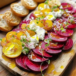 - 3 medium beets, washed and trimmed - 4 oz soft goat cheese - 2 oz unsalted butter - Honey, lemon juice, thyme leaves - Salt and pepper for seasoning - Small baguette for serving - Olive oil for drizzling - Microgreens or fresh herbs for garnish Gathering the right ingredients is key to creating a delightful roasted beet and goat cheese butter board. Start with the main ingredients. The beets act as a sweet and earthy base. The soft goat cheese adds creaminess, while the butter enhances the richness of the dish. Honey, lemon juice, and thyme bring balance and a hint of brightness. Next, consider the complementary ingredients. Seasoning with salt and pepper enhances the flavors. A small baguette serves as a perfect vehicle for the spread. Drizzling olive oil adds a touch of luxury, and microgreens or fresh herbs elevate the dish visually. Using fresh and high-quality ingredients leads to better taste. I always recommend sourcing local produce and artisanal cheeses when possible. This simple choice makes your butter board shine. For the complete preparation, check the Full Recipe. 1. Preheat the oven to 400°F (200°C). This heat will help the beets roast well. 2. Wrap each beet in aluminum foil. This keeps moisture in while cooking. 3. Place the wrapped beets on a baking sheet. Roast for about 45-60 minutes. They are done when a fork pierces easily. 4. Take the beets out of the oven and let them cool slightly. Once cool, peel the skins off. You can use your hands or a paper towel for this. 5. Cut the beets into thin rounds and set them aside. The colors will be beautiful and vibrant. 1. In a mixing bowl, combine the soft goat cheese and unsalted butter. Use a fork or spatula to mix them. 2. Add honey, fresh lemon juice, and chopped thyme leaves. These flavors blend well with the cheese. 3. Mix until the mixture is smooth and creamy. Taste and adjust with salt and pepper as needed. 1. Take a large serving board or platter. Spread the goat cheese mixture evenly over the surface. 2. Artfully arrange the beet slices on top of the goat cheese. Overlap them slightly for a pretty look. 3. Drizzle olive oil over the beets. This adds flavor and shine. 4. Garnish with microgreens or fresh herbs. This will add color and freshness to your dish. Enjoy this delightful butter board as a stunning appetizer or side dish. You can find the Full Recipe for more details! - Use a wooden platter for a rustic charm. It adds warmth and character. - Try different beet types like golden or striped beets. They create a stunning visual effect. - Slice beets into various shapes. Thin rounds and thick wedges give nice texture and color. - Roast beets until tender but firm. They should pierce easily with a fork. - Mix goat cheese and butter until creamy. This gives a smooth, spreadable texture. - Keep the butter board in the fridge until serving. This keeps it fresh and tasty. By following these tips, your roasted beet and goat cheese butter board will impress everyone! Enjoy making it as much as you will enjoy eating it. {{image_4}} You can change the taste of your roasted beet and goat cheese butter board in fun ways. - Adding fruits like figs or pears: Sweet fruits bring a nice balance. They add a juicy burst with each bite. Figs pair well with goat cheese, making every spoonful delightful. Pears add a crisp texture that complements the creamy cheese. - Incorporating nuts for crunch: Nuts add a satisfying crunch. Try walnuts or pistachios for a rich flavor. They also provide a nice contrast to the smooth cheese. Just chop them and sprinkle them over the top. - Using alternative cheeses like ricotta or cream cheese: If you want a change, use ricotta or cream cheese. Ricotta is light and creamy, while cream cheese is rich and tangy. Each option gives a different twist to the board. This butter board can fit many diets with a few simple swaps. - Keto-friendly options: To make it keto, skip the honey. Instead, use a sugar-free sweetener. This keeps the flavors while lowering carbs. Serve with low-carb veggies like cucumber slices for dipping. - Vegan alternatives using dairy-free substitutes: For a vegan version, swap goat cheese and butter with a creamy plant-based spread. Look for options made from nuts or soy. These can offer similar flavors without dairy. - Gluten-free options for serving: To keep it gluten-free, use gluten-free bread or crackers. You can also serve it with fresh veggies like carrots or bell peppers. This way, everyone can enjoy the tasty butter board. To store your roasted beet and goat cheese butter board, keep it in an airtight container. Use foil or plastic wrap to cover it tightly. This keeps the flavors fresh. The butter board lasts in the fridge for up to three days. However, the beets may lose some texture over time. Enjoy it within this time to taste the best flavors. If you want to warm your beets, follow these simple steps. Place them in a microwave-safe dish. Cover them with a damp paper towel to keep moisture. Heat in short bursts of 15 to 20 seconds. This method helps maintain the texture. Avoid heating the goat cheese butter mix. It is best served at room temperature. If you want to reassemble the board, do so just before serving. This keeps everything fresh and tasty. For a fun twist, serve with fresh baguette slices on the side. Enjoy every bite! You can roast beets a day before serving. Here’s how to do it: - Wash and trim the beets. - Wrap each beet in aluminum foil. - Roast at 400°F (200°C) for 45-60 minutes. - Let them cool, then peel and slice. Store the sliced beets in an airtight container. Keep them in the fridge. They will stay fresh for up to three days. Yes, you can! Here are some ideas: - Use cream cheese for a milder taste. - Try ricotta for a light texture. - Feta adds a salty kick. Mixing cheese types can create fun flavors. Goat cheese pairs well with many options. Serve the butter board on a large platter. Here are some tips: - Spread the goat cheese mixture evenly. - Layer the beet slices nicely. - Drizzle olive oil on top. Serve with sliced baguette on the side. Guests can dip and spread the mixture. This makes it fun and interactive. This blog post shared a tasty recipe for a beet and goat cheese butter board. You learned how to prepare and roast beets, make creamy goat cheese butter, and assemble everything beautifully. Remember to try different flavors and adapt for diet needs. With these tips, you can impress guests. A well-made butter board looks great and tastes even better. Enjoy your cooking and creativity!