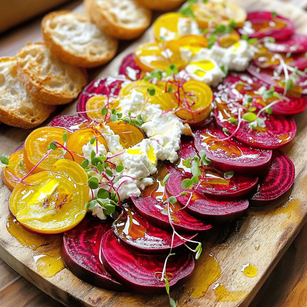 - 3 medium beets, washed and trimmed - 4 oz soft goat cheese - 2 oz unsalted butter - Honey, lemon juice, thyme leaves - Salt and pepper for seasoning - Small baguette for serving - Olive oil for drizzling - Microgreens or fresh herbs for garnish Gathering the right ingredients is key to creating a delightful roasted beet and goat cheese butter board. Start with the main ingredients. The beets act as a sweet and earthy base. The soft goat cheese adds creaminess, while the butter enhances the richness of the dish. Honey, lemon juice, and thyme bring balance and a hint of brightness. Next, consider the complementary ingredients. Seasoning with salt and pepper enhances the flavors. A small baguette serves as a perfect vehicle for the spread. Drizzling olive oil adds a touch of luxury, and microgreens or fresh herbs elevate the dish visually. Using fresh and high-quality ingredients leads to better taste. I always recommend sourcing local produce and artisanal cheeses when possible. This simple choice makes your butter board shine. For the complete preparation, check the Full Recipe. 1. Preheat the oven to 400°F (200°C). This heat will help the beets roast well. 2. Wrap each beet in aluminum foil. This keeps moisture in while cooking. 3. Place the wrapped beets on a baking sheet. Roast for about 45-60 minutes. They are done when a fork pierces easily. 4. Take the beets out of the oven and let them cool slightly. Once cool, peel the skins off. You can use your hands or a paper towel for this. 5. Cut the beets into thin rounds and set them aside. The colors will be beautiful and vibrant. 1. In a mixing bowl, combine the soft goat cheese and unsalted butter. Use a fork or spatula to mix them. 2. Add honey, fresh lemon juice, and chopped thyme leaves. These flavors blend well with the cheese. 3. Mix until the mixture is smooth and creamy. Taste and adjust with salt and pepper as needed. 1. Take a large serving board or platter. Spread the goat cheese mixture evenly over the surface. 2. Artfully arrange the beet slices on top of the goat cheese. Overlap them slightly for a pretty look. 3. Drizzle olive oil over the beets. This adds flavor and shine. 4. Garnish with microgreens or fresh herbs. This will add color and freshness to your dish. Enjoy this delightful butter board as a stunning appetizer or side dish. You can find the Full Recipe for more details! - Use a wooden platter for a rustic charm. It adds warmth and character. - Try different beet types like golden or striped beets. They create a stunning visual effect. - Slice beets into various shapes. Thin rounds and thick wedges give nice texture and color. - Roast beets until tender but firm. They should pierce easily with a fork. - Mix goat cheese and butter until creamy. This gives a smooth, spreadable texture. - Keep the butter board in the fridge until serving. This keeps it fresh and tasty. By following these tips, your roasted beet and goat cheese butter board will impress everyone! Enjoy making it as much as you will enjoy eating it. {{image_4}} You can change the taste of your roasted beet and goat cheese butter board in fun ways. - Adding fruits like figs or pears: Sweet fruits bring a nice balance. They add a juicy burst with each bite. Figs pair well with goat cheese, making every spoonful delightful. Pears add a crisp texture that complements the creamy cheese. - Incorporating nuts for crunch: Nuts add a satisfying crunch. Try walnuts or pistachios for a rich flavor. They also provide a nice contrast to the smooth cheese. Just chop them and sprinkle them over the top. - Using alternative cheeses like ricotta or cream cheese: If you want a change, use ricotta or cream cheese. Ricotta is light and creamy, while cream cheese is rich and tangy. Each option gives a different twist to the board. This butter board can fit many diets with a few simple swaps. - Keto-friendly options: To make it keto, skip the honey. Instead, use a sugar-free sweetener. This keeps the flavors while lowering carbs. Serve with low-carb veggies like cucumber slices for dipping. - Vegan alternatives using dairy-free substitutes: For a vegan version, swap goat cheese and butter with a creamy plant-based spread. Look for options made from nuts or soy. These can offer similar flavors without dairy. - Gluten-free options for serving: To keep it gluten-free, use gluten-free bread or crackers. You can also serve it with fresh veggies like carrots or bell peppers. This way, everyone can enjoy the tasty butter board. To store your roasted beet and goat cheese butter board, keep it in an airtight container. Use foil or plastic wrap to cover it tightly. This keeps the flavors fresh. The butter board lasts in the fridge for up to three days. However, the beets may lose some texture over time. Enjoy it within this time to taste the best flavors. If you want to warm your beets, follow these simple steps. Place them in a microwave-safe dish. Cover them with a damp paper towel to keep moisture. Heat in short bursts of 15 to 20 seconds. This method helps maintain the texture. Avoid heating the goat cheese butter mix. It is best served at room temperature. If you want to reassemble the board, do so just before serving. This keeps everything fresh and tasty. For a fun twist, serve with fresh baguette slices on the side. Enjoy every bite! You can roast beets a day before serving. Here’s how to do it: - Wash and trim the beets. - Wrap each beet in aluminum foil. - Roast at 400°F (200°C) for 45-60 minutes. - Let them cool, then peel and slice. Store the sliced beets in an airtight container. Keep them in the fridge. They will stay fresh for up to three days. Yes, you can! Here are some ideas: - Use cream cheese for a milder taste. - Try ricotta for a light texture. - Feta adds a salty kick. Mixing cheese types can create fun flavors. Goat cheese pairs well with many options. Serve the butter board on a large platter. Here are some tips: - Spread the goat cheese mixture evenly. - Layer the beet slices nicely. - Drizzle olive oil on top. Serve with sliced baguette on the side. Guests can dip and spread the mixture. This makes it fun and interactive. This blog post shared a tasty recipe for a beet and goat cheese butter board. You learned how to prepare and roast beets, make creamy goat cheese butter, and assemble everything beautifully. Remember to try different flavors and adapt for diet needs. With these tips, you can impress guests. A well-made butter board looks great and tastes even better. Enjoy your cooking and creativity!