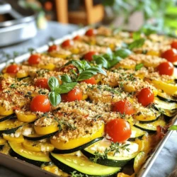 - 4 medium zucchinis, thinly sliced - 1 cup cherry tomatoes, halved - 1 cup ricotta cheese - 1 cup shredded mozzarella cheese - 1/2 cup grated Parmesan cheese - 3 cloves garlic, minced - 1 tablespoon fresh basil, chopped - 1 tablespoon fresh thyme, chopped - 1 tablespoon olive oil - Salt and pepper to taste - 1/2 teaspoon red pepper flakes (optional for heat) - 1 cup breadcrumbs (for topping) When measuring, use a standard cup for dry ingredients. For liquids, a liquid measuring cup works best. Fresh herbs can be loosely packed into the tablespoon. For the zucchini, I prefer to slice them thinly for even cooking. This helps them blend well with the other flavors. You can swap out ricotta cheese for cottage cheese for a lighter option. If you want a vegan dish, use cashew cheese or tofu instead. Instead of cherry tomatoes, diced regular tomatoes work just fine. For a kick, try using jalapeños instead of red pepper flakes. If you have no breadcrumbs, crushed crackers or panko can add a nice crunch. For the Full Recipe, refer to the main article. Start by preheating your oven to 375°F (190°C). This step is key for cooking your casserole evenly. While the oven warms up, grab a large skillet and add olive oil. Heat it over medium heat. Once hot, add minced garlic. Sauté the garlic for about 1 minute until it’s fragrant but not burnt. Next, add the thinly sliced zucchini. Stir occasionally for 5-7 minutes. You want the zucchini to soften but still have some bite. Remember to season with salt, pepper, and red pepper flakes if you like heat. Once done, remove the skillet from heat and set it aside. Now, it's time to create those delicious layers. In a mixing bowl, combine ricotta cheese, half of the shredded mozzarella, half of the grated Parmesan, and chopped basil and thyme. Mix until everything is smooth and creamy. Take a greased baking dish and start layering. First, add half of the sautéed zucchini. Then, spread half of the ricotta mixture on top. Next, scatter half of the halved cherry tomatoes over this layer. Repeat this process. Add the remaining zucchini, followed by the rest of the ricotta mixture, and then the second half of the cherry tomatoes. Finish with the remaining mozzarella and Parmesan on top. For a crunchy finish, sprinkle breadcrumbs evenly over everything. Cover your baking dish tightly with aluminum foil. Place it in the preheated oven and bake for 25 minutes. After that time, carefully remove the foil. Keep baking for another 15-20 minutes. You want the top to be golden and bubbling. Once it’s done, let the casserole cool for about 5-10 minutes. This helps the flavors blend and makes it easier to cut. Enjoy your warm and tasty herb zucchini casserole! For a full recipe, check the detailed instructions above. When picking zucchini, look for firm, shiny ones. They should feel heavy for their size. Avoid zucchinis with soft spots or blemishes. Smaller zucchinis are often sweeter and more tender. Aim for ones around six to eight inches long. This size works best for a casserole. Herbs make this dish special. Fresh basil and thyme add depth. You can also try oregano or parsley for a new twist. I love using herbs from my garden. They taste fresh and vibrant. Chop them finely to release their oils. Adding herbs at different stages can boost flavor, too. Use some in the ricotta mix and sprinkle more on top before baking. One mistake is overcooking the zucchini. You want it tender, not mushy. Cook just until it’s slightly soft. Another issue is not seasoning enough. Salt and pepper enhance the taste. Don't forget to layer your ingredients properly. This ensures even cooking and flavor throughout. Lastly, let the casserole cool before serving. This helps it set and makes it easier to slice. {{image_4}} You can add more veggies to your herb zucchini casserole. Try bell peppers for sweetness. Spinach adds a nice green touch. Mushrooms give a great earthy flavor. Just chop them up and layer them with the zucchini. This adds color and boosts nutrition. Want to make your casserole heartier? Add protein! Cooked chicken or turkey works well. You can also use crumbled sausage for a richer taste. For a vegetarian option, add chickpeas or lentils. Mix them in with the cheese for a filling meal. If you need a gluten-free version, switch the breadcrumbs. Use ground almonds or gluten-free breadcrumbs instead. These will still give a nice crunch. Check the cheese labels to make sure they are gluten-free. Your herb zucchini casserole can still be tasty without gluten! For the full recipe, be sure to check the earlier section! After enjoying your Herb Zucchini Casserole, let it cool down. Place leftovers in an airtight container. Keep it in the fridge for up to three days. For best taste, store it in smaller portions. This makes it easier to reheat later. To reheat, place the casserole in a baking dish. Cover it with foil to keep it moist. Heat in the oven at 350°F (175°C) for about 20-25 minutes. You can also microwave individual portions. Just heat for one to two minutes, checking for warmth. If you want to save some for later, freezing is a good option. First, let the casserole cool completely. Cut it into slices, then wrap each slice in plastic wrap. Place the wrapped slices in a freezer-safe bag. It can last up to two months in the freezer. When you're ready to enjoy it, thaw in the fridge overnight before reheating. This keeps the flavors fresh and tasty. Yes, you can use frozen zucchini. However, it may change the texture. Frozen zucchini tends to be softer after thawing. I recommend squeezing out excess water before cooking. This helps keep your casserole from getting too watery. Your casserole can last about 3-5 days in the fridge. Make sure to store it in an airtight container. This keeps it fresh and tasty. If you see any signs of mold or off smells, it’s best to discard it. Yes, you can prepare the dish ahead of time. You can assemble the casserole a day before. Just cover it and store it in the fridge. When ready to bake, add a few extra minutes to the cooking time. This ensures it heats through well. For more detailed steps, check the Full Recipe. This guide detailed the key ingredients, steps, and tips for your casserole. You learned how to choose the best zucchini and enhance flavors. I shared common mistakes to avoid and variations to try. Proper storage will keep your leftovers fresh. With these insights, you’re ready to create a delicious dish. Enjoy experimenting with flavors and textures. Happy cooking!