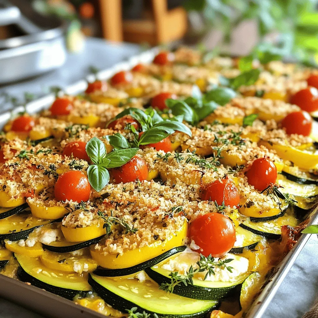 - 4 medium zucchinis, thinly sliced - 1 cup cherry tomatoes, halved - 1 cup ricotta cheese - 1 cup shredded mozzarella cheese - 1/2 cup grated Parmesan cheese - 3 cloves garlic, minced - 1 tablespoon fresh basil, chopped - 1 tablespoon fresh thyme, chopped - 1 tablespoon olive oil - Salt and pepper to taste - 1/2 teaspoon red pepper flakes (optional for heat) - 1 cup breadcrumbs (for topping) When measuring, use a standard cup for dry ingredients. For liquids, a liquid measuring cup works best. Fresh herbs can be loosely packed into the tablespoon. For the zucchini, I prefer to slice them thinly for even cooking. This helps them blend well with the other flavors. You can swap out ricotta cheese for cottage cheese for a lighter option. If you want a vegan dish, use cashew cheese or tofu instead. Instead of cherry tomatoes, diced regular tomatoes work just fine. For a kick, try using jalapeños instead of red pepper flakes. If you have no breadcrumbs, crushed crackers or panko can add a nice crunch. For the Full Recipe, refer to the main article. Start by preheating your oven to 375°F (190°C). This step is key for cooking your casserole evenly. While the oven warms up, grab a large skillet and add olive oil. Heat it over medium heat. Once hot, add minced garlic. Sauté the garlic for about 1 minute until it’s fragrant but not burnt. Next, add the thinly sliced zucchini. Stir occasionally for 5-7 minutes. You want the zucchini to soften but still have some bite. Remember to season with salt, pepper, and red pepper flakes if you like heat. Once done, remove the skillet from heat and set it aside. Now, it's time to create those delicious layers. In a mixing bowl, combine ricotta cheese, half of the shredded mozzarella, half of the grated Parmesan, and chopped basil and thyme. Mix until everything is smooth and creamy. Take a greased baking dish and start layering. First, add half of the sautéed zucchini. Then, spread half of the ricotta mixture on top. Next, scatter half of the halved cherry tomatoes over this layer. Repeat this process. Add the remaining zucchini, followed by the rest of the ricotta mixture, and then the second half of the cherry tomatoes. Finish with the remaining mozzarella and Parmesan on top. For a crunchy finish, sprinkle breadcrumbs evenly over everything. Cover your baking dish tightly with aluminum foil. Place it in the preheated oven and bake for 25 minutes. After that time, carefully remove the foil. Keep baking for another 15-20 minutes. You want the top to be golden and bubbling. Once it’s done, let the casserole cool for about 5-10 minutes. This helps the flavors blend and makes it easier to cut. Enjoy your warm and tasty herb zucchini casserole! For a full recipe, check the detailed instructions above. When picking zucchini, look for firm, shiny ones. They should feel heavy for their size. Avoid zucchinis with soft spots or blemishes. Smaller zucchinis are often sweeter and more tender. Aim for ones around six to eight inches long. This size works best for a casserole. Herbs make this dish special. Fresh basil and thyme add depth. You can also try oregano or parsley for a new twist. I love using herbs from my garden. They taste fresh and vibrant. Chop them finely to release their oils. Adding herbs at different stages can boost flavor, too. Use some in the ricotta mix and sprinkle more on top before baking. One mistake is overcooking the zucchini. You want it tender, not mushy. Cook just until it’s slightly soft. Another issue is not seasoning enough. Salt and pepper enhance the taste. Don't forget to layer your ingredients properly. This ensures even cooking and flavor throughout. Lastly, let the casserole cool before serving. This helps it set and makes it easier to slice. {{image_4}} You can add more veggies to your herb zucchini casserole. Try bell peppers for sweetness. Spinach adds a nice green touch. Mushrooms give a great earthy flavor. Just chop them up and layer them with the zucchini. This adds color and boosts nutrition. Want to make your casserole heartier? Add protein! Cooked chicken or turkey works well. You can also use crumbled sausage for a richer taste. For a vegetarian option, add chickpeas or lentils. Mix them in with the cheese for a filling meal. If you need a gluten-free version, switch the breadcrumbs. Use ground almonds or gluten-free breadcrumbs instead. These will still give a nice crunch. Check the cheese labels to make sure they are gluten-free. Your herb zucchini casserole can still be tasty without gluten! For the full recipe, be sure to check the earlier section! After enjoying your Herb Zucchini Casserole, let it cool down. Place leftovers in an airtight container. Keep it in the fridge for up to three days. For best taste, store it in smaller portions. This makes it easier to reheat later. To reheat, place the casserole in a baking dish. Cover it with foil to keep it moist. Heat in the oven at 350°F (175°C) for about 20-25 minutes. You can also microwave individual portions. Just heat for one to two minutes, checking for warmth. If you want to save some for later, freezing is a good option. First, let the casserole cool completely. Cut it into slices, then wrap each slice in plastic wrap. Place the wrapped slices in a freezer-safe bag. It can last up to two months in the freezer. When you're ready to enjoy it, thaw in the fridge overnight before reheating. This keeps the flavors fresh and tasty. Yes, you can use frozen zucchini. However, it may change the texture. Frozen zucchini tends to be softer after thawing. I recommend squeezing out excess water before cooking. This helps keep your casserole from getting too watery. Your casserole can last about 3-5 days in the fridge. Make sure to store it in an airtight container. This keeps it fresh and tasty. If you see any signs of mold or off smells, it’s best to discard it. Yes, you can prepare the dish ahead of time. You can assemble the casserole a day before. Just cover it and store it in the fridge. When ready to bake, add a few extra minutes to the cooking time. This ensures it heats through well. For more detailed steps, check the Full Recipe. This guide detailed the key ingredients, steps, and tips for your casserole. You learned how to choose the best zucchini and enhance flavors. I shared common mistakes to avoid and variations to try. Proper storage will keep your leftovers fresh. With these insights, you’re ready to create a delicious dish. Enjoy experimenting with flavors and textures. Happy cooking!