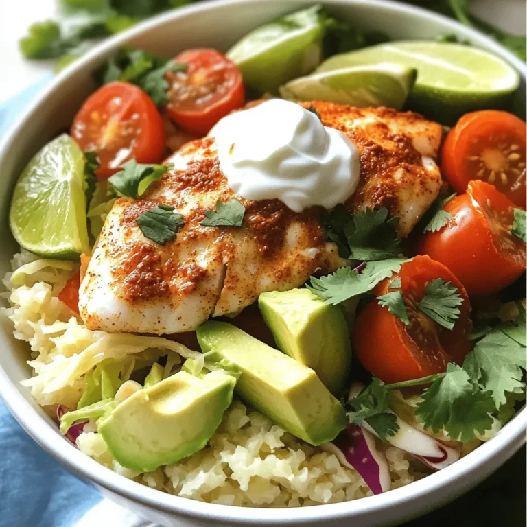 - 1 lb white fish fillets (such as tilapia or cod) - 1 tablespoon olive oil - 1 teaspoon chili powder - 1 teaspoon ground cumin - 1 cup riced cauliflower - 1 cup shredded cabbage - 1 ripe avocado, diced - 1/2 cup cherry tomatoes, halved - 1/4 cup fresh cilantro, finely chopped - Juice of 1 lime - 1/4 cup plain Greek yogurt - Salt and freshly ground black pepper When I create a low-carb fish taco bowl, I love to use fresh and vibrant ingredients. The fish gives a great flavor and protein. I use white fish like tilapia or cod. It cooks quickly and tastes fantastic. I coat the fish with olive oil, chili powder, and cumin. This mix adds a warm spice that makes every bite exciting. Next, I prepare the fresh ingredients. Riced cauliflower replaces traditional grains. It keeps the dish light and low-carb. Shredded cabbage adds crunch and color. I also like to include diced avocado for its creamy texture. Cherry tomatoes bring a sweet burst of flavor. They brighten the bowl and make it more appealing. For toppings, I reach for fresh cilantro. It adds a fresh taste that pairs well with the other flavors. A squeeze of lime juice gives the bowl a zesty kick. Greek yogurt adds creaminess and balances the heat from the spices. I use salt and pepper to season my ingredients just right. I recommend checking out the Full Recipe for detailed steps on how to put this together. Enjoy crafting your bowl with these fresh and tasty ingredients! - Preheat your oven to 400°F (200°C). - In a small bowl, mix olive oil, chili powder, cumin, garlic powder, salt, and pepper. - Coat the fish fillets well with this rub. Make sure every side is covered. - Place the seasoned fish on a parchment-lined baking sheet. - Bake for 15-20 minutes until the fish turns opaque and flakes easily. - Heat a skillet over medium heat. - Add the riced cauliflower and sauté for 5-7 minutes. - Season it with salt and pepper to taste. - In a bowl, start with a scoop of sautéed riced cauliflower. - Layer shredded cabbage, diced avocado, halved cherry tomatoes, and the baked fish. - Make it look great; a colorful dish is fun to eat! - Squeeze fresh lime juice over each bowl for a zesty kick. - Add a dollop of Greek yogurt for a creamy texture. - Top each bowl with chopped cilantro for freshness. - Serve with extra lime wedges on the side for more flavor. You can find the Full Recipe to make this dish delicious and easy to prepare. To know when the fish is done, look for a few signs. The fish should be opaque and flake easily with a fork. If it is still shiny, it needs more time in the oven. For seasoning, keep it simple but bold. I like to use chili powder, ground cumin, and garlic powder. Just mix them with olive oil and rub it all over the fish. This adds flavor without being too much. Making homemade riced cauliflower is easy. Just take fresh cauliflower and cut it into small pieces. Then, pulse it in a food processor until it looks like rice. If you don’t have a food processor, you can grate it using a box grater. You can also use frozen riced cauliflower if you want to save time. Just cook it straight from the bag. For added flavor, pair the bowl with fresh lime wedges. This adds a nice zing. You can also serve it with salsa or hot sauce for heat. When meal prepping, keep the fish and toppings separate until you are ready to eat. This helps them stay fresh. You can store the components in airtight containers for easy access. Enjoy your low-carb fish taco bowl with ease! {{image_4}} You can swap the fish in this bowl for shrimp or chicken. Shrimp cooks quickly and adds a nice texture. Chicken works well too, especially if you grill or bake it. For a vegetarian option, try using tofu. Firm tofu absorbs flavors well and adds protein to your meal. Just season it like the fish before cooking. Garnishes can make your dish pop. Try using salsa or hot sauce for a kick. These add flavor without too many carbs. You can also add cheese or nuts for extra crunch. Cheese gives a creamy texture, while nuts add a nice nutty flavor. Both options enhance the taste and keep it low-carb. You can easily modify this bowl to fit your diet. For gluten-free or dairy-free needs, skip the Greek yogurt or replace it with avocado cream. You can also change up the veggies. Try bell peppers, zucchini, or radishes for a fresh twist. Each swap keeps the dish vibrant and tasty. For the full recipe, check the details above and get cooking! To store leftovers, let the bowl cool first. Place it in an airtight container. You can keep it in the fridge for up to three days. Make sure to separate components like fish and veggies. This keeps each part fresh and tasty. You can freeze the fish and cauliflower rice. Wrap the fish tightly in plastic wrap. Then place it in a freezer bag. For the riced cauliflower, use a freezer-safe container. It can stay good for up to three months. When you’re ready to eat, thaw the fish in the fridge overnight. For the cauliflower rice, you can microwave it straight from the freezer. To reheat, use the microwave or a skillet. If using the microwave, heat in short bursts, stirring often. This helps keep the bowl from getting soggy. For the skillet, warm it over medium heat. Add a splash of water to keep veggies crisp. Enjoy your fresh, tasty delight! For the full recipe, check the details above. A low-carb fish taco bowl swaps high-carb items for fresh veggies. It uses riced cauliflower instead of rice and focuses on lean fish. This dish is light, tasty, and perfect for low-carb diets. Yes, you can prep some parts ahead. You can cook the fish and riced cauliflower and store them in the fridge. Just assemble the bowl before serving for the best taste. You can adjust spice levels easily. For mild flavor, skip the chili powder. For a kick, add more chili powder or some diced jalapeños. Taste as you go to find what you love. This dish is full of benefits. It is low in carbs, helping with weight loss. Each serving has about 300 calories, making it a healthy choice. It also offers protein from fish and healthy fats from avocado. This recipe is quick! You need about 10 minutes to prep and 20 minutes to cook. In total, it takes about 30 minutes to make four servings. Yes, frozen fish works well. Just thaw it first before cooking. Make sure to check for any ice crystals. This ensures your fish cooks evenly without excess moisture. You learned how to create a tasty low-carb fish taco bowl. With fresh ingredients and simple steps, you can make this dish in no time. The mix of flavors from the fish, veggies, and toppings really stands out. Don’t forget to use my tips for customizing and storing your meals. Enjoy this healthy option that fits your lifestyle! You’ll be excited to share it with friends and family. Make it your own, and let me know how it turns out!