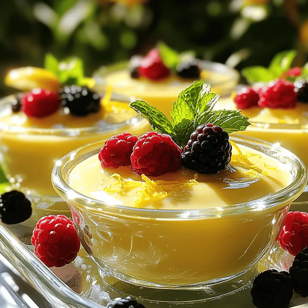 To make a delicious lemon posset, gather these key ingredients: - 2 cups heavy cream - 3/4 cup granulated sugar - 1/4 cup freshly squeezed lemon juice (about 2-3 lemons) - Zest of 2 lemons These ingredients create a rich and creamy base with a bright lemon flavor. The heavy cream gives it a smooth texture, while the sugar adds sweetness. Fresh lemon juice and zest bring that lovely citrus taste. For an extra touch, consider these optional garnishes: - Fresh berries (like raspberries or blueberries) - Mint leaves These garnishes not only look pretty but also add a burst of flavor. Fresh berries give a nice tartness, and mint adds a refreshing note. If you need to swap ingredients, here are some ideas: - Use coconut cream instead of heavy cream for a dairy-free version. - Try using honey or maple syrup in place of granulated sugar for a different sweetness. - If you don’t have fresh lemons, bottled lemon juice can work, but fresh gives the best taste. These substitutions can help you customize the recipe to fit your needs while still keeping the essence of lemon posset. Check out the Full Recipe for more details! Start by gathering your ingredients. You need heavy cream and sugar. In a medium-sized saucepan, mix the two. Place it on medium heat. Stir gently and watch for the sugar to dissolve. This will take a few minutes. Heat the mixture until it is warm but not boiling. Once your cream is warm, take it off the heat. Now, it's time to add the fun part! Squeeze the juice from your lemons. You need about a quarter cup. Add this juice to the warm cream. Next, add the zest from two lemons. Stir well to mix everything together. This is where the magic happens! Let the mixture cool for about five minutes. Then, strain it through a fine-mesh sieve. This step helps remove any bits of zest. Now, pour the smooth mixture into serving glasses or ramekins. Cover each one with plastic wrap. Place them in the fridge for at least four hours. If you can wait overnight, do it! This will give you the best texture. Enjoy your creamy lemon posset! For the full recipe, check out the earlier section. To get the best texture, follow these simple steps. First, heat the cream slowly. This step helps the sugar dissolve well. Make sure the cream does not boil. Boiling can ruin the smoothness. After adding lemon juice, let it cool slightly. Straining the mixture is key. It removes zest bits for a silky feel. Avoid boiling the cream. This can make your posset grainy. Also, do not skip straining. Leaving zest in can change the texture. Ensure you measure lemon juice accurately. Too much can make it too tart. Lastly, be patient when chilling. Letting it set overnight gives the best results. You can easily boost the flavor. Try adding a splash of vanilla extract. This adds warmth to the citrus. Another option is to mix in some lavender. It brings a lovely floral note. For a fun twist, add a hint of ginger. This gives a spicy kick to the sweet. Use these ideas to make your posset unique. Check out the Full Recipe for more ways to enjoy this dessert! {{image_4}} Lemon posset is great on its own, but you can mix it up! Try adding other fruits for fun flavors. For example, you can use lime juice instead of lemon juice. This gives a fresh twist. Or, add orange zest for a sweet touch. You can also blend in some pureed berries for a colorful pop. Another option is to infuse the cream with herbs like basil or thyme. These herbs add a unique taste that surprises your palate. How you serve lemon posset can change the experience. You can serve it in small glasses or ramekins. Layer it with crushed cookies or granola at the bottom for a crunch. This adds texture and makes it more filling. For a fancy touch, you can create a parfait by layering posset with fruit and whipped cream. Garnishing with fresh berries and mint leaves not only looks nice but also adds taste. You can also drizzle honey or a berry sauce on top for added sweetness. You can easily make lemon posset vegan. Just swap out the heavy cream for coconut cream. Use a plant-based sweetener in place of granulated sugar. This keeps the creamy texture while making it dairy-free. For a gluten-free version, ensure your sweetener is gluten-free, which most are. This dessert is already gluten-free as it does not use flour. Feel free to experiment with different plant-based milks if you want a lighter option. For the full recipe, check out the [Full Recipe]. Store your lemon posset in the fridge. Use airtight containers to keep it fresh. Cover each serving with plastic wrap to avoid any strong odors. This way, your posset stays creamy and zesty. Lemon posset lasts about 4 to 5 days in the fridge. After this time, it may lose its texture and flavor. Always check for any changes before enjoying. If it smells sour or looks off, it's best to toss it. You can freeze lemon posset, but it's not my first choice. The texture changes when thawed. If you still want to freeze it, place it in freezer-safe containers. It can last for about 1 month in the freezer. Thaw it overnight in the fridge before serving. For best results, enjoy it fresh using the Full Recipe. Lemon posset is a creamy dessert made from heavy cream, sugar, and lemon juice. It has a rich, tangy flavor and a smooth texture. This treat is easy to make and perfect for any occasion. You can enjoy it on its own or with fresh fruits. Yes, you can make lemon posset a day ahead. It actually tastes better when chilled overnight. Just prepare the posset, pour it into serving cups, and refrigerate. This way, you save time on the day you serve it. You can tell lemon posset is set when it feels firm to the touch. After chilling for at least four hours, gently shake the cups. If the posset jiggles slightly but holds its shape, it’s ready. For the full recipe of lemon posset, check out the detailed steps above. You'll find the ingredients and instructions to create this delightful dessert. Enjoy making it! Lemon posset is simple yet delightful. We covered essential ingredients and clever substitutions. You learned step-by-step methods for mixing and chilling. Tips helped avoid common mistakes, ensuring great texture. Variations let you play with flavors or make dietary changes. Remember to store properly so it lasts longer. Enjoy your lemon posset, and feel free to customize as you like! This treat is sure to impress your family and friends.