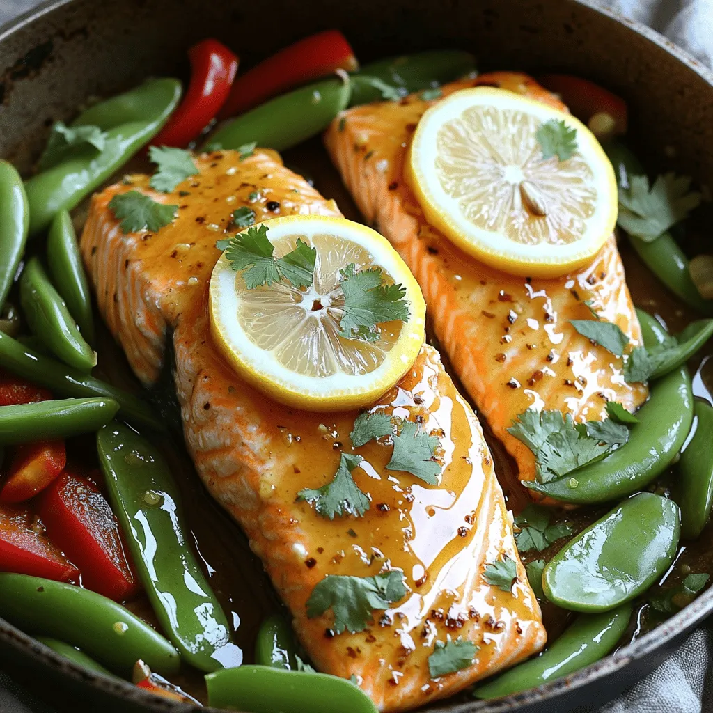 - 4 salmon fillets (approximately 6 oz each) - 1/4 cup pure honey - 3 tablespoons soy sauce - 3 cloves garlic, finely minced - 1 tablespoon fresh ginger, freshly grated - 2 tablespoons extra-virgin olive oil - 1 teaspoon toasted sesame oil - 1 lemon, thinly sliced - Sea salt and freshly ground black pepper, to taste - 1 cup snap peas - 1 red bell pepper, cut into thin slices - Fresh cilantro or parsley for garnish - Large oven-safe skillet - Mixing bowl - Whisk - Spatula The ingredients for this One-Pan Honey Garlic Salmon come together quickly. First, you need the salmon. Four fillets work well for this dish. Each should weigh around six ounces. Next, grab some honey. You will use a quarter cup for a lovely sweet taste. Soy sauce adds depth. Three tablespoons give the dish a savory kick. Don’t forget the garlic! You will need three cloves, minced finely. Fresh ginger gives a nice zing. Use one tablespoon of freshly grated ginger. Olive oil is key for cooking. You need two tablespoons. Also, one teaspoon of toasted sesame oil adds a nutty flavor. For brightness, slice one lemon thinly. Seasoning is crucial. Use sea salt and freshly ground black pepper to taste. For color and crunch, one cup of snap peas works great. Lastly, slice one red bell pepper into thin pieces for a pop of color. You will also need fresh herbs. A sprinkle of cilantro or parsley adds freshness at the end. Gathering these ingredients will set you up for a delicious meal. Check out the Full Recipe for more details on how to prepare this dish perfectly! - Preheat the oven to 400°F (200°C). - In a bowl, mix 1/4 cup honey, 3 tablespoons soy sauce, 3 minced garlic cloves, and 1 tablespoon fresh ginger. Whisk until smooth and set aside. - In a large, oven-safe skillet, heat 2 tablespoons olive oil and 1 teaspoon sesame oil over medium-high heat. - Place the 4 salmon fillets skin-side down in the skillet. Sprinkle with sea salt and black pepper. - Cook the salmon for 3-4 minutes until the skin is crispy. Carefully flip the fillets using a spatula. - Pour the honey garlic sauce over the salmon. Place thin lemon slices on top. - Add 1 cup snap peas and sliced red bell pepper around the salmon. Ensure they soak up the sauce. - Transfer the skillet to the preheated oven. Bake for 10-12 minutes until the salmon flakes easily. - Remove the skillet from the oven and let it cool for a couple of minutes. - Before serving, sprinkle fresh cilantro or parsley on top for color. This simple process leads to a delicious one-pan meal. For the full recipe, check out the details above. Pair your One-Pan Honey Garlic Salmon with fresh sides. Here are some great options: - Rice: Jasmine or basmati rice adds a nice touch. - Quinoa: A healthy choice that soaks up the sauce well. - Green Salad: Mix greens with a light vinaigrette for crunch. For drinks, wine works well. I suggest: - Chardonnay: Its buttery notes match the salmon nicely. - Sauvignon Blanc: This wine's acidity balances the honey's sweetness. To get crispy salmon skin, follow these steps: - Start with a dry skin. Pat the fillets with a paper towel. - Heat the skillet well before adding the salmon. - Cook without moving it for a few minutes. This helps the skin crisp up. Adjusting seasoning is easy. Here’s how: - Taste the sauce before pouring it over the salmon. - Add more soy sauce for saltiness or honey for sweetness. If you don’t have salmon, try these options: - Trout: It’s similar in flavor and cooks the same way. - Chicken breasts: They work well but will need a bit longer to cook. For snap peas and bell pepper, consider these substitutes: - Green beans: They are crunchy and tasty. - Zucchini: Cut it into thin strips for a different texture. You can find the full recipe in the main section above. {{image_4}} You can change the taste of your One-Pan Honey Garlic Salmon easily. If you want a spicy kick, add red pepper flakes to the honey garlic sauce. This will bring heat and enhance the flavor. For a sweeter option, replace honey with maple syrup. Maple syrup gives a rich taste that pairs well with salmon. You can cook this dish in different ways. Grilling the salmon adds a smoky flavor. Use a grill pan or outdoor grill for this method. It gives the fish a nice char and caramelizes the sauce. If you prefer stovetop cooking, use a skillet. Cook the salmon on medium heat for a quick and easy meal. This recipe can fit different diets. For gluten-free options, use tamari instead of soy sauce. This keeps the dish safe for those with gluten allergies. If you are on a low-carb diet, skip the honey. You can add more spices or herbs instead. This keeps the dish flavorful without the extra carbs. For the full recipe, refer to the One-Pan Honey Garlic Salmon Delight . To keep your One-Pan Honey Garlic Salmon fresh, follow these tips: - Refrigerating salmon: Place leftover salmon in an airtight container. Store it in the fridge for up to 3 days. - Freezing leftovers: For longer storage, wrap the salmon tightly in plastic wrap. Then, place it in a freezer-safe bag. It can last up to 3 months in the freezer. Reheating salmon can be tricky. You don't want it to dry out. Here are some solid methods: - Oven method: Preheat your oven to 275°F (135°C). Place the salmon on a baking sheet and cover it with foil. Heat for about 15 minutes. - Microwave method: Use a microwave-safe dish with a lid. Add a splash of water to keep it moist. Heat in short bursts of 30 seconds on low power. Check often to avoid overcooking. These tips help you enjoy your salmon even after the first meal. You can find the Full Recipe above for the details on making this tasty dish. Cooking salmon takes about 10 to 12 minutes in the oven at 400°F. For thicker fillets, you may need extra time. If your fillet is about 1 inch thick, stick to the lower end of that time. For thinner fillets, check for doneness around 8 to 10 minutes. Salmon is done when it flakes easily with a fork. Yes, you can use frozen salmon. Thaw the fillets in the fridge overnight. If you're short on time, you can also run them under cold water for about an hour. Do not cook frozen salmon straight from the freezer, as it may not cook evenly. Make sure to pat them dry before cooking to avoid excess moisture. Serve this dish with simple sides like rice, quinoa, or mashed potatoes. Green salads with light dressings work well too. For a veggie boost, try roasted broccoli or steamed asparagus. These sides complement the honey garlic flavors perfectly. Absolutely! This dish is great for meal prep. You can cook the salmon and veggies in advance. Store them in airtight containers in the fridge for up to three days. Reheat gently in the microwave or oven before serving. This keeps the flavors fresh and delicious. For best results, add fresh herbs just before eating. This blog post covers a simple and tasty recipe for One-Pan Honey Garlic Salmon. You learned about the key ingredients and essential tools. I explained the steps to cook salmon perfectly with crispy skin. You'll also find tips for serving and ingredient swaps, plus ways to store leftovers. Salmon is flexible and works well with many flavors. Use what you have and have fun in the kitchen! Enjoy making this dish, and don't hesitate to experiment. Happy cooking!