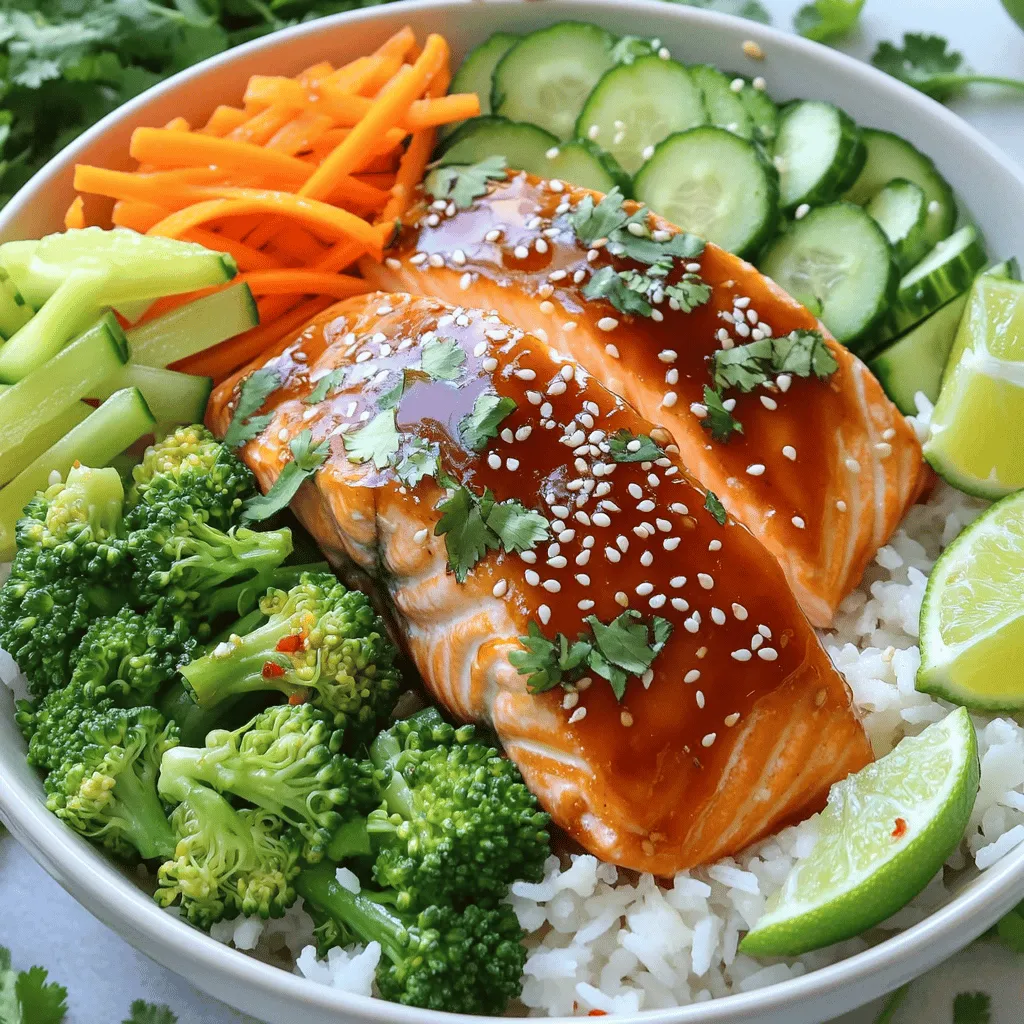 To make Honey Sriracha Salmon Bowls, you need fresh and simple ingredients. Here’s what you will need: - 4 salmon fillets - 2 tablespoons honey - 2 tablespoons sriracha sauce - 1 tablespoon soy sauce - 1 tablespoon sesame oil - 2 cups cooked jasmine rice - 1 cup broccoli florets - 1 carrot, julienned - 1 cucumber, thinly sliced - 2 green onions, finely chopped - Sesame seeds, for garnish - Fresh cilantro, for garnish These ingredients come together to create a dish that is both tasty and bright. The salmon brings healthy fats, while the honey and sriracha add a sweet and spicy kick. The jasmine rice serves as a warm base that holds all the flavors together. Broccoli and carrots add crunch, and cucumber brings a refreshing coolness. Topping it with green onions, sesame seeds, and cilantro gives it a beautiful finish. Using these ingredients, you can whip up a meal that looks great and tastes even better. For the full recipe, check out the detailed instructions! - Preheat the oven to 400°F (200°C). - In a bowl, whisk together 2 tablespoons of honey, 2 tablespoons of sriracha sauce, 1 tablespoon of soy sauce, and 1 tablespoon of sesame oil. - Use a brush to coat 4 salmon fillets with this honey sriracha mixture. - Place the salmon on a lined baking sheet. - Bake the salmon for 12-15 minutes until it is fully cooked. - Steam 1 cup of broccoli florets for 5-7 minutes until they are bright green. - In four bowls, add 2 cups of cooked jasmine rice as the base. - Top the rice with the steamed broccoli, 1 julienned carrot, and 1 thinly sliced cucumber. - Once the salmon is done, place one fillet on each bowl. - Drizzle the reserved honey sriracha sauce over the salmon and veggies. - Finish with sesame seeds and 2 finely chopped green onions. - Add fresh cilantro for garnish. For the full recipe, check out the ingredient list above! To make the best honey sriracha glaze, balance the sweet and spicy flavors. Start with equal parts honey and sriracha. If you want more heat, add a bit more sriracha. If you prefer it sweeter, increase the honey. Always taste it before using. You can customize this glaze too. Try using maple syrup instead of honey for a different flavor. Agave nectar works well for a vegan option. You can also add garlic or ginger for extra depth. For side dishes, serve your Honey Sriracha Salmon Bowls with steamed vegetables or a fresh salad. A crisp cucumber salad or a simple coleslaw pairs nicely. When it comes to drinks, consider iced tea or sparkling water with lime. Both will refresh your palate. For presentation, use bright bowls to showcase the colorful salmon and veggies. Garnish with lime wedges and fresh herbs for a pop of color. A sprinkle of sesame seeds adds a lovely touch. For an extra kick, add crushed red pepper on top. Make your meal look as good as it tastes! Enjoy every bite of your Honey Sriracha Salmon Bowls. You can find the Full Recipe to guide you step-by-step. {{image_4}} You can swap the salmon for other proteins. Tofu is a great choice for plant-based diets. It absorbs flavors well and gives a nice texture. Chicken is another option; just grill or bake it to keep it juicy. Shrimp also works well. Cook it quickly with the honey sriracha sauce for a sweet and spicy kick. If you want to change up the base, there are many choices. Quinoa is a healthy option packed with protein. Brown rice adds a nutty taste and is full of fiber. For a low-carb choice, try cauliflower rice. It’s light and soaks up the sauce nicely. To make a vegan bowl, keep the honey sriracha sauce but use maple syrup instead of honey. This keeps the sweetness while making it plant-based. You can add more veggies, like bell peppers or snap peas, for extra crunch and color. Use tofu or tempeh for protein, and your bowl will be both filling and flavorful. For the full recipe, check out the Honey Sriracha Salmon Bowls . To keep your Honey Sriracha Salmon Bowls fresh, use airtight containers. Glass or plastic containers work well. Make sure to store the salmon, rice, and veggies separately to maintain texture. Allow the food to cool before sealing it. This step helps prevent moisture buildup, which can make your meal soggy. When reheating, keep the salmon and veggies juicy. Use a microwave-safe dish and cover it with a damp paper towel. Heat on medium power for about 1-2 minutes. Alternatively, you can reheat in the oven at 350°F (175°C) for about 10 minutes. This method keeps the salmon flaky and the veggies crisp. Yes, you can freeze Honey Sriracha Salmon Bowls. However, I suggest freezing only the salmon and rice. Store them in freezer bags, removing as much air as possible. The veggies may lose texture after freezing. To enjoy later, thaw in the fridge overnight. Reheat as directed for the best taste. For a vegan option, you can use maple syrup or agave nectar. Both alternatives keep the sweet touch while being plant-based. You might also try brown rice syrup or date syrup. Each option brings a unique flavor to the dish. Just keep the same amount as the honey in the recipe. To lower the spice, use less sriracha sauce. You can start by adding just one teaspoon. Another option is to mix in a bit more honey. This will sweeten the sauce and balance the heat. Adding a splash of lime juice can also help tone down the spice. Taste as you go to find the right balance for you. Yes, you can meal prep these bowls! Cook the salmon and veggies ahead of time. Store them in airtight containers in the fridge. To keep the rice fresh, cook it just before serving. Reheat the salmon and veggies in the oven or microwave. This way, you enjoy a quick, tasty meal during the week. You now have a simple and tasty way to make Honey Sriracha Salmon Bowls. We covered the ingredients, step-by-step cooking, and tips for the perfect glaze. You also learned about variations and storage options. Whether you want to switch proteins or try a vegan twist, you have options. This dish is great for meal prep too. Enjoy making it your own and sharing with family and friends. Happy cooking!