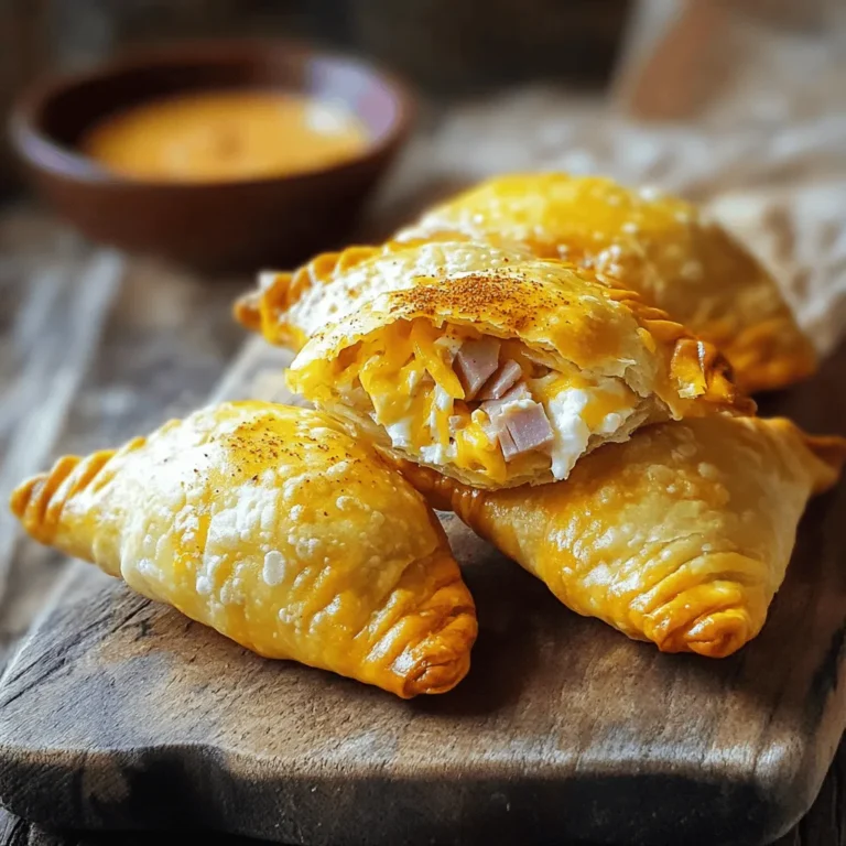 To create these tasty ham and cheese empanadas, gather these main ingredients: - 1 cup cooked ham, finely chopped - 1 cup shredded mozzarella cheese - ½ cup cream cheese, softened - 1 small onion, finely diced - 1 teaspoon garlic powder - ½ teaspoon smoked paprika - Salt and black pepper to taste - 1 package (10 oz) empanada dough discs - 1 egg, beaten (for egg wash) - Olive oil (for frying) Each ingredient plays a role. The ham gives a savory taste. The cheeses add a creamy texture. The onion and spices elevate the flavor and aroma. You can boost the flavor with some optional ingredients: - Fresh herbs like parsley or cilantro - A dash of hot sauce for a kick - Chopped bell peppers for sweetness - A sprinkle of cumin for warmth These ingredients bring extra layers of taste. Feel free to mix and match based on your preferences. You will need a few tools for making your empanadas: - Large mixing bowl for the filling - Fork for crimping the edges - Slotted spatula for flipping - Large skillet for frying - Paper towels for draining Having the right tools makes cooking easier. With these items, you will prepare and enjoy your ham and cheese empanadas in no time. For the complete recipe, check out the Full Recipe! To start, gather your ingredients. You need: - 1 cup cooked ham, finely chopped - 1 cup shredded mozzarella cheese - ½ cup cream cheese, softened - 1 small onion, finely diced - 1 teaspoon garlic powder - ½ teaspoon smoked paprika - Salt and black pepper to taste In a large bowl, combine the chopped ham, mozzarella cheese, and cream cheese. Mix in the diced onion, garlic powder, smoked paprika, and a pinch of salt and pepper. Stir well until everything blends together. This filling should be creamy and flavorful. Now, grab your empanada dough discs. Take one disc and place about 2 tablespoons of the filling in the center. Don’t overfill it; you want to seal them easily. Next, fold the disc in half, forming a semicircle. Press the edges firmly to seal. For a nice touch, use a fork to crimp the edges. This will make them look great and keep the filling inside. Repeat this process until you finish all the dough and filling. Heat a large skillet over medium heat. Add enough olive oil to cover the bottom of the pan. Wait until the oil shimmers to know it’s hot. Carefully add a few empanadas to the skillet. Fry them for about 3-4 minutes on each side. You want them to turn golden brown and crispy. Once done, use a slotted spatula to remove them from the skillet. Place them on a plate lined with paper towels to soak up any extra oil. For a shiny finish, brush the tops with a beaten egg before serving. These ham and cheese empanadas are ready to enjoy! Check out the Full Recipe for more details. To get that perfect crispy bite, I recommend frying your empanadas. Heat your skillet with olive oil until it shimmers. Fry the empanadas in batches. This keeps them from steaming. Cook them for about 3-4 minutes on each side. You want a golden brown color. This method gives you a crunch that baking just can’t match. Sealing empanadas is key to keep the filling inside. After adding the filling, fold the dough over carefully. Make sure you don’t overfill. Press the edges together firmly. Use a fork to crimp the edges. This not only seals but also adds a nice design. If you see any gaps, just press them again. This way, your filling stays safe while cooking. You can make these delicious empanadas ahead of time. Prepare the filling and fill the dough discs. Then place them on a baking sheet. Cover the sheet with plastic wrap and refrigerate. This keeps them fresh for a few hours. When you're ready to eat, simply fry them. This makes for a quick snack anytime you want. For the full recipe, check out the details above! {{image_4}} You can mix up the cheese in your empanadas. Mozzarella gives a nice stretch. Cheddar adds a sharp bite. If you want something rich, try gouda or brie. Each cheese brings a unique flavor. You can even use a blend for depth. Experiment with your favorites to find the perfect match. If you want to switch things up, change the protein. Turkey works well instead of ham. You can also use cooked chicken or bacon for a smoky twist. Each option gives a new taste to your empanadas. Think about what you have at home. You can create tasty variations with simple swaps. For a vegetarian take, leave out the ham. Add sautéed mushrooms and spinach for a savory bite. You can also use roasted peppers or zucchini. Cheese still plays a key role here. Try adding feta or goat cheese for a tangy kick. This way, you can enjoy empanadas without meat. They are just as tasty! These variations allow you to explore new flavors. You can customize your empanadas to your liking. For the full recipe, check out the [Full Recipe]. If you have leftover empanadas, store them in an airtight container. Place parchment paper between layers to prevent sticking. Keep them in the fridge for up to three days. Enjoy them cold or warmed for a quick snack. To freeze empanadas, let them cool completely first. Lay them flat on a baking sheet and freeze for about two hours. Once frozen, transfer them to a freezer bag or container. They can last up to three months in the freezer. This method helps maintain their flavor and texture. For the best reheating results, use an oven. Preheat the oven to 350°F (175°C). Place the empanadas on a baking sheet and heat for about 15-20 minutes. This keeps them crispy. You can also reheat them in an air fryer at 350°F for about 8 minutes. Enjoy your delicious ham and cheese empanadas! You can bake empanadas instead of frying them. Start by preheating your oven to 400°F (200°C). After assembling your empanadas, place them on a baking tray lined with parchment paper. Brush the tops with the beaten egg for a nice golden color. Bake for about 20-25 minutes or until they are golden brown. This method is healthier and still gives you that crispy texture. Ham and cheese empanadas taste best with simple sides. Here are some great options to try: - A fresh green salad with a light vinaigrette - Sliced avocado with lime juice - A bowl of salsa for dipping - Creamy ranch or garlic dip - Roasted vegetables for a warm side These sides enhance the flavors of the empanadas and create a well-rounded meal. You can find ready-made ham and cheese empanadas at many grocery stores. Look in the frozen foods aisle or the deli section. Some specialty shops or Latin markets may offer fresh options. If you want a quick snack, many local bakeries sell delicious empanadas. Check online or call ahead to see what options are available near you. Ham and cheese empanadas are tasty and easy to make at home. We discussed key ingredients, tools needed, and how to prepare them. You learned how to assemble and cook empanadas for a crispy bite. We also explored fun variations and smart storage tips. Keep these details in mind next time you crave a savory snack. Enjoy your cooking and share your tasty creations with others!