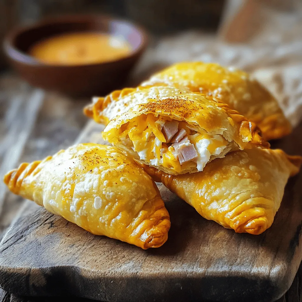 To create these tasty ham and cheese empanadas, gather these main ingredients: - 1 cup cooked ham, finely chopped - 1 cup shredded mozzarella cheese - ½ cup cream cheese, softened - 1 small onion, finely diced - 1 teaspoon garlic powder - ½ teaspoon smoked paprika - Salt and black pepper to taste - 1 package (10 oz) empanada dough discs - 1 egg, beaten (for egg wash) - Olive oil (for frying) Each ingredient plays a role. The ham gives a savory taste. The cheeses add a creamy texture. The onion and spices elevate the flavor and aroma. You can boost the flavor with some optional ingredients: - Fresh herbs like parsley or cilantro - A dash of hot sauce for a kick - Chopped bell peppers for sweetness - A sprinkle of cumin for warmth These ingredients bring extra layers of taste. Feel free to mix and match based on your preferences. You will need a few tools for making your empanadas: - Large mixing bowl for the filling - Fork for crimping the edges - Slotted spatula for flipping - Large skillet for frying - Paper towels for draining Having the right tools makes cooking easier. With these items, you will prepare and enjoy your ham and cheese empanadas in no time. For the complete recipe, check out the Full Recipe! To start, gather your ingredients. You need: - 1 cup cooked ham, finely chopped - 1 cup shredded mozzarella cheese - ½ cup cream cheese, softened - 1 small onion, finely diced - 1 teaspoon garlic powder - ½ teaspoon smoked paprika - Salt and black pepper to taste In a large bowl, combine the chopped ham, mozzarella cheese, and cream cheese. Mix in the diced onion, garlic powder, smoked paprika, and a pinch of salt and pepper. Stir well until everything blends together. This filling should be creamy and flavorful. Now, grab your empanada dough discs. Take one disc and place about 2 tablespoons of the filling in the center. Don’t overfill it; you want to seal them easily. Next, fold the disc in half, forming a semicircle. Press the edges firmly to seal. For a nice touch, use a fork to crimp the edges. This will make them look great and keep the filling inside. Repeat this process until you finish all the dough and filling. Heat a large skillet over medium heat. Add enough olive oil to cover the bottom of the pan. Wait until the oil shimmers to know it’s hot. Carefully add a few empanadas to the skillet. Fry them for about 3-4 minutes on each side. You want them to turn golden brown and crispy. Once done, use a slotted spatula to remove them from the skillet. Place them on a plate lined with paper towels to soak up any extra oil. For a shiny finish, brush the tops with a beaten egg before serving. These ham and cheese empanadas are ready to enjoy! Check out the Full Recipe for more details. To get that perfect crispy bite, I recommend frying your empanadas. Heat your skillet with olive oil until it shimmers. Fry the empanadas in batches. This keeps them from steaming. Cook them for about 3-4 minutes on each side. You want a golden brown color. This method gives you a crunch that baking just can’t match. Sealing empanadas is key to keep the filling inside. After adding the filling, fold the dough over carefully. Make sure you don’t overfill. Press the edges together firmly. Use a fork to crimp the edges. This not only seals but also adds a nice design. If you see any gaps, just press them again. This way, your filling stays safe while cooking. You can make these delicious empanadas ahead of time. Prepare the filling and fill the dough discs. Then place them on a baking sheet. Cover the sheet with plastic wrap and refrigerate. This keeps them fresh for a few hours. When you're ready to eat, simply fry them. This makes for a quick snack anytime you want. For the full recipe, check out the details above! {{image_4}} You can mix up the cheese in your empanadas. Mozzarella gives a nice stretch. Cheddar adds a sharp bite. If you want something rich, try gouda or brie. Each cheese brings a unique flavor. You can even use a blend for depth. Experiment with your favorites to find the perfect match. If you want to switch things up, change the protein. Turkey works well instead of ham. You can also use cooked chicken or bacon for a smoky twist. Each option gives a new taste to your empanadas. Think about what you have at home. You can create tasty variations with simple swaps. For a vegetarian take, leave out the ham. Add sautéed mushrooms and spinach for a savory bite. You can also use roasted peppers or zucchini. Cheese still plays a key role here. Try adding feta or goat cheese for a tangy kick. This way, you can enjoy empanadas without meat. They are just as tasty! These variations allow you to explore new flavors. You can customize your empanadas to your liking. For the full recipe, check out the [Full Recipe]. If you have leftover empanadas, store them in an airtight container. Place parchment paper between layers to prevent sticking. Keep them in the fridge for up to three days. Enjoy them cold or warmed for a quick snack. To freeze empanadas, let them cool completely first. Lay them flat on a baking sheet and freeze for about two hours. Once frozen, transfer them to a freezer bag or container. They can last up to three months in the freezer. This method helps maintain their flavor and texture. For the best reheating results, use an oven. Preheat the oven to 350°F (175°C). Place the empanadas on a baking sheet and heat for about 15-20 minutes. This keeps them crispy. You can also reheat them in an air fryer at 350°F for about 8 minutes. Enjoy your delicious ham and cheese empanadas! You can bake empanadas instead of frying them. Start by preheating your oven to 400°F (200°C). After assembling your empanadas, place them on a baking tray lined with parchment paper. Brush the tops with the beaten egg for a nice golden color. Bake for about 20-25 minutes or until they are golden brown. This method is healthier and still gives you that crispy texture. Ham and cheese empanadas taste best with simple sides. Here are some great options to try: - A fresh green salad with a light vinaigrette - Sliced avocado with lime juice - A bowl of salsa for dipping - Creamy ranch or garlic dip - Roasted vegetables for a warm side These sides enhance the flavors of the empanadas and create a well-rounded meal. You can find ready-made ham and cheese empanadas at many grocery stores. Look in the frozen foods aisle or the deli section. Some specialty shops or Latin markets may offer fresh options. If you want a quick snack, many local bakeries sell delicious empanadas. Check online or call ahead to see what options are available near you. Ham and cheese empanadas are tasty and easy to make at home. We discussed key ingredients, tools needed, and how to prepare them. You learned how to assemble and cook empanadas for a crispy bite. We also explored fun variations and smart storage tips. Keep these details in mind next time you crave a savory snack. Enjoy your cooking and share your tasty creations with others!