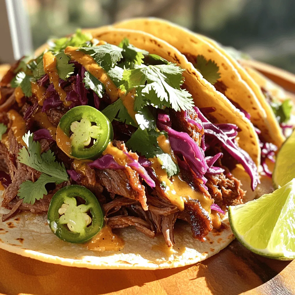 To make these tacos special, gather the following main ingredients: - 2 lbs beef short ribs - 1 cup non-alcoholic apple cider - 1 medium onion, finely diced - 4 cloves garlic, minced - 2 teaspoons ground cumin - 1 teaspoon smoked paprika - 1 tablespoon olive oil - Salt and pepper to taste - 8 small corn tortillas These ingredients create a rich and tender filling for your tacos. The apple cider adds a sweet and tangy flavor, perfect for the beef. Here are some tasty toppings and sides you can add to your tacos: - 1 cup fresh cilantro, chopped - 1 medium jalapeño, sliced (optional for heat) - 1 cup red cabbage, shredded - Lime wedges for serving These toppings add freshness and crunch. The lime juice brightens the dish and balances the richness of the meat. To make cooking easier, use these kitchen tools: - Large heavy pot or Dutch oven - Wooden spoon - Two forks for shredding meat - Skillet for warming tortillas Having the right tools makes the cooking process smooth and enjoyable. You’ll find that each step flows better when you are well-prepared. For the full recipe, check out the details above! Begin by seasoning the beef short ribs with salt and pepper. Make sure to coat all sides. This step is key for flavor. Next, heat the olive oil in a large pot over medium-high heat. Once hot, add the short ribs. Sear each side for about 3-4 minutes. You want a nice brown crust. After browning, take the ribs out and set them aside. In the same pot, add the diced onion. Cook for about 5 minutes until it’s soft and clear. Stir often to prevent burning. After that, add the minced garlic and cook for one more minute. This will make your kitchen smell amazing! Now, stir in the ground cumin and smoked paprika. This mix adds depth to your dish and coats the onions and garlic. Next, pour in the apple cider. Use a wooden spoon to scrape up any bits stuck to the pot. This adds flavor. Bring the mixture to a gentle simmer. Return the short ribs to the pot, ensuring they are mostly covered by the cider. Cover the pot and lower the heat. Let the ribs cook for 2.5 to 3 hours. You want them fork-tender and easy to shred. When done, take them out to cool a bit and get ready for taco assembly. For the complete cooking guide, check the Full Recipe. When picking beef short ribs, look for meat that has good marbling. Marbling is the white fat inside the meat. This fat makes the ribs tender and juicy. Choose ribs that feel heavy and have a pinkish-red color. Avoid ribs that look dry or brown. Fresh short ribs will give you the best flavor for your cider braised short rib street tacos. Seasoning is key to great taste. Start by using salt and pepper on the short ribs. Be generous. This brings out the meat's natural flavors. After that, add spices like ground cumin and smoked paprika. They add warmth and depth. Mix the spices well with the sautéed onion and garlic. This step makes your dish more flavorful and aromatic as it cooks. Time plays a big role in flavor. For the best results, braise the short ribs for 2.5 to 3 hours. Low and slow cooking breaks down tough fibers, making the meat tender. Check the ribs occasionally. If they start to dry out, add a bit more cider or water. This helps keep them juicy and full of flavor. For a full guide on making these delicious tacos, refer to the Full Recipe. {{image_4}} You can swap beef short ribs with other meats. Pulled pork is a great choice. It has a nice, juicy flavor. You can also use chicken thighs for a lighter option. Beef brisket works well too, giving a rich taste. If you like lamb, that can bring a unique twist. Each meat pairs nicely with the cider braising method. The base recipe is fantastic, but feel free to mix it up! Try adding a chipotle sauce for a smoky kick. You can also use a sweet BBQ sauce for a different flavor. For a zesty touch, a cilantro-lime sauce can brighten the dish. Don’t forget to experiment with spices. Adding some chili powder or even a pinch of cinnamon can change the game. To make this dish vegetarian or vegan, use jackfruit. It resembles pulled meat and absorbs flavors well. Another option is to use mushrooms, which add a hearty texture. For the braising liquid, replace apple cider with vegetable broth. Add some spices to boost the flavor. Topping with fresh veggies like avocado or pickled onions adds a nice crunch. Keep it colorful and flavorful! You can find the full recipe for Cider Braised Short Rib Street Tacos to guide you through this process. Enjoy making your own delicious variations! To store your cider braised short rib street tacos, let them cool first. Place the shredded meat and toppings in separate airtight containers. This keeps everything fresh. The meat will stay good for up to three days in the fridge. The tortillas can last about two days but are best eaten fresh. When you’re ready to enjoy your tacos again, reheat the meat in a pot. Heat it over low heat, stirring often. This warms it without drying it out. For the tortillas, warm them in a dry skillet for about 30 seconds on each side. This brings back their softness. If you want to save for later, freezing is a great option. Place the shredded meat in a freezer-safe bag. Squeeze out any air to prevent freezer burn. You can freeze it for up to three months. When ready to eat, thaw it overnight in the fridge. Then, reheat as mentioned above. For the best taste, avoid freezing the fresh toppings. They are best enjoyed fresh, right before serving. For the full recipe, check [Full Recipe]. Reheating Cider Braised Short Rib Tacos is easy. You can use a skillet or the microwave. For the skillet, heat it on medium. Add the tacos and warm them for about 2-3 minutes per side. This keeps the tortillas soft and the meat warm. In the microwave, place the tacos on a plate. Heat for about 30-60 seconds. Cover them with a damp paper towel to keep them from drying out. Yes, you can make these tacos ahead of time. The short ribs can be cooked and stored in the fridge for up to three days. Just reheat the meat before serving. You can also prep the toppings in advance. Store them in separate containers in the fridge. This makes taco night quick and easy! You can find similar tacos at many Mexican restaurants and food trucks. Look for places that focus on gourmet tacos or street food. Some places might even offer variations with unique ingredients. Ask your friends for recommendations or check food apps to find the best spots near you. Enjoy exploring different flavors! For the full recipe, visit my detailed guide on making Cider Braised Short Rib Street Tacos. Cider braised short rib street tacos bring bold flavors to your table. You learned about essential ingredients, preparation steps, and helpful tips to make them shine. I covered variations for different diets and how to store leftovers properly. Remember, choosing the right meat and perfecting your seasoning is key. Keep exploring these delicious options and enjoy each bite. Happy cooking!