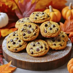 To make these cookies, gather these key ingredients: - 1 cup pumpkin puree - 1/2 cup unsalted butter, softened - 1 cup brown sugar, tightly packed - 1/2 cup granulated sugar - 1 large egg - 2 teaspoons vanilla extract - 2 cups all-purpose flour - 1 teaspoon baking soda - 1 teaspoon baking powder - 1 teaspoon ground cinnamon - 1/2 teaspoon ground nutmeg - 1/4 teaspoon ground ginger - 1/4 teaspoon salt - 1 cup semi-sweet chocolate chips These ingredients create a soft and chewy cookie with rich flavor. The pumpkin puree is key, adding moisture and a subtle taste. You can add extra ingredients to make the cookies even more special: - 1/2 cup chopped walnuts or pecans - 1/2 cup dried cranberries or raisins - 1/2 teaspoon ground cloves - 1/2 teaspoon allspice These additions bring a nice crunch or extra flavor that pairs well with the pumpkin and chocolate. If you need to adjust the recipe, here are some options: - Replace unsalted butter with coconut oil for a dairy-free version. - Use gluten-free all-purpose flour for a gluten-free cookie. - Swap pumpkin puree with applesauce for a lighter cookie. These substitutions help you accommodate dietary needs while still making delicious cookies. You can check out the Full Recipe for more detailed steps. First, heat your oven to 350°F (175°C). This will ensure even baking. Next, grab a baking sheet and line it with parchment paper. This makes clean-up easy and helps the cookies not stick. In a large bowl, add 1/2 cup of softened butter, 1 cup of brown sugar, and 1/2 cup of granulated sugar. Use a hand mixer or stand mixer to cream these together. Mix until it’s light and fluffy, which should take about 2-3 minutes. This step is key for the cookie's texture. After that, add in 1 cup of pumpkin puree, 1 large egg, and 2 teaspoons of vanilla extract. Mix on low speed until everything is smooth and well blended. In a separate bowl, whisk together 2 cups of all-purpose flour, 1 teaspoon of baking soda, 1 teaspoon of baking powder, 1 teaspoon of ground cinnamon, 1/2 teaspoon of ground nutmeg, 1/4 teaspoon of ground ginger, and 1/4 teaspoon of salt. Make sure they are mixed well. Gradually add these dry ingredients into the wet mixture. Stir gently until the dry ingredients are just incorporated. Be careful not to overmix; this keeps your cookies soft. Finally, fold in 1 cup of semi-sweet chocolate chips until they are evenly spread throughout the dough. Using a cookie scoop or a tablespoon, drop rounded balls of dough onto the lined baking sheet. Leave about 2 inches between each cookie to give them room to spread. Bake in your preheated oven for 10-12 minutes. They are done when the edges turn golden brown and the centers look set. After baking, let the cookies cool on the baking sheet for 5 minutes. Then, move them to a wire rack to cool completely. For the full recipe, check out the details in the earlier section. To get that soft and chewy texture, I focus on key steps. First, use room-temperature butter. Cold butter can lead to dense cookies. Next, don’t overmix the dough after adding flour. Mix just until combined. This keeps the cookies light and fluffy. Also, consider using a mix of brown and granulated sugar. Brown sugar adds moisture and a hint of caramel flavor. Baking can be tricky, so watch for common mistakes. One big mistake is not measuring ingredients properly. Use measuring cups and spoons instead of guessing. Another error is skipping the cooling time. Letting cookies cool on the baking sheet helps them set. If you remove them too soon, they might fall apart. Lastly, don’t skip the parchment paper. It makes cleanup easy and prevents sticking. Creaming butter and sugar is crucial for great cookies. Start with softened butter. It should be soft but not melting. Combine it with sugar in a bowl. Use a mixer on medium speed for 2-3 minutes. You want a light and fluffy texture. This process adds air, which helps cookies rise. Always scrape the bowl to mix everything well. For creamier cookies, add a bit of pumpkin puree during this step. It makes the dough extra moist and tasty. For more details, check the Full Recipe. {{image_4}} You can make gluten-free pumpkin chocolate chip cookies easily. Use gluten-free flour instead of regular flour. Look for a mix that has xanthan gum in it. This will help give your cookies the right texture. Use the same amount of gluten-free flour as in the recipe. They will taste just as good without gluten. To make vegan pumpkin cookies, swap out a few ingredients. Use flaxseed meal mixed with water instead of the egg. Mix 1 tablespoon of flaxseed meal with 2.5 tablespoons of water. Let it sit for a few minutes to thicken. Replace the butter with coconut oil or vegan butter. This keeps your cookies soft and tasty. You can add extra flavors to your cookies. Consider nuts like walnuts or pecans for a crunchy bite. Dried fruits like cranberries also add a nice touch. For more spice, try adding a pinch of allspice or cloves. These small changes can make your cookies unique and special. Feel free to explore these variations to suit your taste. For the full recipe, check out the full recipe link. To keep your pumpkin chocolate chip cookies fresh, store them in an airtight container. This method helps maintain their soft texture and prevents them from drying out. If the cookies cool completely, they can last for up to a week at room temperature. You can also add a slice of bread in the container. This helps keep the cookies moist. Freezing cookies is a great way to enjoy them later. First, let the cookies cool completely. Then, place them in a single layer on a baking sheet. Freeze them for about an hour. Once they are firm, transfer the cookies to a freezer-safe bag or container. This method prevents them from sticking together. They can stay fresh in the freezer for up to three months. When you want a cookie, just take one out and let it thaw at room temperature. Reheating cookies can bring back their fresh-baked taste. To do this, preheat your oven to 350°F (175°C). Place the cookies on a baking sheet and heat them for about 5 minutes. This warms them up and makes them soft again. You can also microwave them for about 10-15 seconds. Be careful not to overheat them in the microwave, or they might get tough. Enjoy your warm, delicious cookies! Pumpkin chocolate chip cookies can last for about one week at room temperature. Store them in an airtight container to keep them fresh. You can also refrigerate them for up to two weeks. If you want to keep them longer, freeze them. Frozen cookies can last up to three months. Just make sure to wrap them well to prevent freezer burn. Yes, you can use fresh pumpkin. To do this, cook the pumpkin until soft, then puree it. Make sure to drain any excess moisture. This helps keep the cookies from becoming too wet. Fresh pumpkin gives a lovely flavor, but canned pumpkin is more convenient and consistent. If your dough feels too sticky, add a little more flour, one tablespoon at a time. Mix it in gently until the dough firms up. You can also chill the dough for about 30 minutes. This makes it easier to handle and helps the cookies keep their shape while baking. Enjoy your baking adventure with this full recipe! You learned how to make delicious pumpkin chocolate chip cookies from scratch. We covered the key ingredients, tips for perfect texture, and handy storage advice. Remember, small changes like using gluten-free flour or adding nuts can elevate your cookies. Baking is all about fun and creativity. Now, go ahead and share these tasty treats with friends and family. Enjoy every bite!