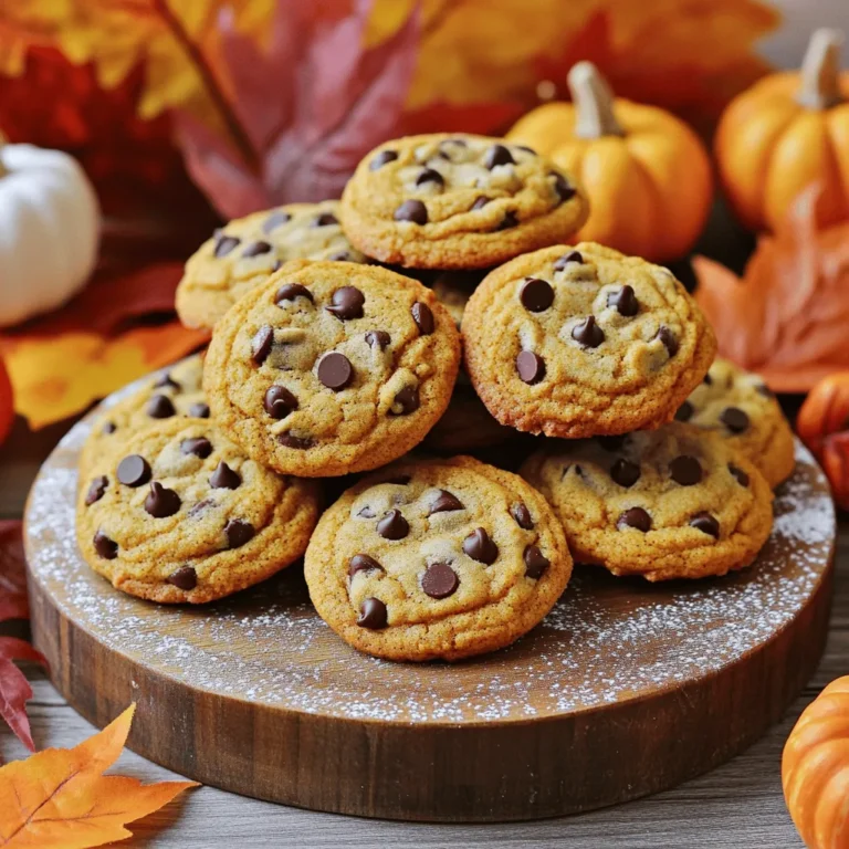 To make these cookies, gather these key ingredients: - 1 cup pumpkin puree - 1/2 cup unsalted butter, softened - 1 cup brown sugar, tightly packed - 1/2 cup granulated sugar - 1 large egg - 2 teaspoons vanilla extract - 2 cups all-purpose flour - 1 teaspoon baking soda - 1 teaspoon baking powder - 1 teaspoon ground cinnamon - 1/2 teaspoon ground nutmeg - 1/4 teaspoon ground ginger - 1/4 teaspoon salt - 1 cup semi-sweet chocolate chips These ingredients create a soft and chewy cookie with rich flavor. The pumpkin puree is key, adding moisture and a subtle taste. You can add extra ingredients to make the cookies even more special: - 1/2 cup chopped walnuts or pecans - 1/2 cup dried cranberries or raisins - 1/2 teaspoon ground cloves - 1/2 teaspoon allspice These additions bring a nice crunch or extra flavor that pairs well with the pumpkin and chocolate. If you need to adjust the recipe, here are some options: - Replace unsalted butter with coconut oil for a dairy-free version. - Use gluten-free all-purpose flour for a gluten-free cookie. - Swap pumpkin puree with applesauce for a lighter cookie. These substitutions help you accommodate dietary needs while still making delicious cookies. You can check out the Full Recipe for more detailed steps. First, heat your oven to 350°F (175°C). This will ensure even baking. Next, grab a baking sheet and line it with parchment paper. This makes clean-up easy and helps the cookies not stick. In a large bowl, add 1/2 cup of softened butter, 1 cup of brown sugar, and 1/2 cup of granulated sugar. Use a hand mixer or stand mixer to cream these together. Mix until it’s light and fluffy, which should take about 2-3 minutes. This step is key for the cookie's texture. After that, add in 1 cup of pumpkin puree, 1 large egg, and 2 teaspoons of vanilla extract. Mix on low speed until everything is smooth and well blended. In a separate bowl, whisk together 2 cups of all-purpose flour, 1 teaspoon of baking soda, 1 teaspoon of baking powder, 1 teaspoon of ground cinnamon, 1/2 teaspoon of ground nutmeg, 1/4 teaspoon of ground ginger, and 1/4 teaspoon of salt. Make sure they are mixed well. Gradually add these dry ingredients into the wet mixture. Stir gently until the dry ingredients are just incorporated. Be careful not to overmix; this keeps your cookies soft. Finally, fold in 1 cup of semi-sweet chocolate chips until they are evenly spread throughout the dough. Using a cookie scoop or a tablespoon, drop rounded balls of dough onto the lined baking sheet. Leave about 2 inches between each cookie to give them room to spread. Bake in your preheated oven for 10-12 minutes. They are done when the edges turn golden brown and the centers look set. After baking, let the cookies cool on the baking sheet for 5 minutes. Then, move them to a wire rack to cool completely. For the full recipe, check out the details in the earlier section. To get that soft and chewy texture, I focus on key steps. First, use room-temperature butter. Cold butter can lead to dense cookies. Next, don’t overmix the dough after adding flour. Mix just until combined. This keeps the cookies light and fluffy. Also, consider using a mix of brown and granulated sugar. Brown sugar adds moisture and a hint of caramel flavor. Baking can be tricky, so watch for common mistakes. One big mistake is not measuring ingredients properly. Use measuring cups and spoons instead of guessing. Another error is skipping the cooling time. Letting cookies cool on the baking sheet helps them set. If you remove them too soon, they might fall apart. Lastly, don’t skip the parchment paper. It makes cleanup easy and prevents sticking. Creaming butter and sugar is crucial for great cookies. Start with softened butter. It should be soft but not melting. Combine it with sugar in a bowl. Use a mixer on medium speed for 2-3 minutes. You want a light and fluffy texture. This process adds air, which helps cookies rise. Always scrape the bowl to mix everything well. For creamier cookies, add a bit of pumpkin puree during this step. It makes the dough extra moist and tasty. For more details, check the Full Recipe. {{image_4}} You can make gluten-free pumpkin chocolate chip cookies easily. Use gluten-free flour instead of regular flour. Look for a mix that has xanthan gum in it. This will help give your cookies the right texture. Use the same amount of gluten-free flour as in the recipe. They will taste just as good without gluten. To make vegan pumpkin cookies, swap out a few ingredients. Use flaxseed meal mixed with water instead of the egg. Mix 1 tablespoon of flaxseed meal with 2.5 tablespoons of water. Let it sit for a few minutes to thicken. Replace the butter with coconut oil or vegan butter. This keeps your cookies soft and tasty. You can add extra flavors to your cookies. Consider nuts like walnuts or pecans for a crunchy bite. Dried fruits like cranberries also add a nice touch. For more spice, try adding a pinch of allspice or cloves. These small changes can make your cookies unique and special. Feel free to explore these variations to suit your taste. For the full recipe, check out the full recipe link. To keep your pumpkin chocolate chip cookies fresh, store them in an airtight container. This method helps maintain their soft texture and prevents them from drying out. If the cookies cool completely, they can last for up to a week at room temperature. You can also add a slice of bread in the container. This helps keep the cookies moist. Freezing cookies is a great way to enjoy them later. First, let the cookies cool completely. Then, place them in a single layer on a baking sheet. Freeze them for about an hour. Once they are firm, transfer the cookies to a freezer-safe bag or container. This method prevents them from sticking together. They can stay fresh in the freezer for up to three months. When you want a cookie, just take one out and let it thaw at room temperature. Reheating cookies can bring back their fresh-baked taste. To do this, preheat your oven to 350°F (175°C). Place the cookies on a baking sheet and heat them for about 5 minutes. This warms them up and makes them soft again. You can also microwave them for about 10-15 seconds. Be careful not to overheat them in the microwave, or they might get tough. Enjoy your warm, delicious cookies! Pumpkin chocolate chip cookies can last for about one week at room temperature. Store them in an airtight container to keep them fresh. You can also refrigerate them for up to two weeks. If you want to keep them longer, freeze them. Frozen cookies can last up to three months. Just make sure to wrap them well to prevent freezer burn. Yes, you can use fresh pumpkin. To do this, cook the pumpkin until soft, then puree it. Make sure to drain any excess moisture. This helps keep the cookies from becoming too wet. Fresh pumpkin gives a lovely flavor, but canned pumpkin is more convenient and consistent. If your dough feels too sticky, add a little more flour, one tablespoon at a time. Mix it in gently until the dough firms up. You can also chill the dough for about 30 minutes. This makes it easier to handle and helps the cookies keep their shape while baking. Enjoy your baking adventure with this full recipe! You learned how to make delicious pumpkin chocolate chip cookies from scratch. We covered the key ingredients, tips for perfect texture, and handy storage advice. Remember, small changes like using gluten-free flour or adding nuts can elevate your cookies. Baking is all about fun and creativity. Now, go ahead and share these tasty treats with friends and family. Enjoy every bite!