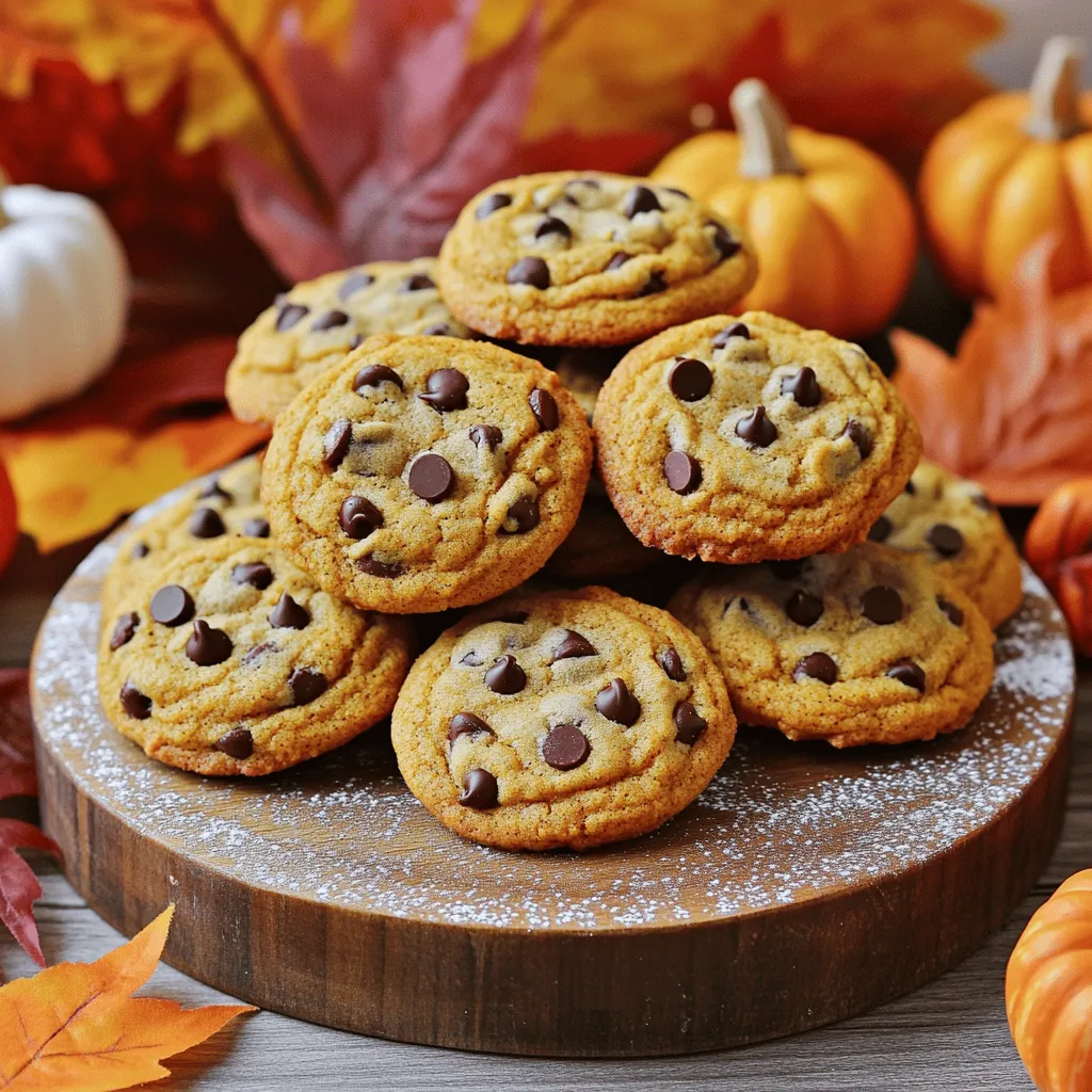 To make these cookies, gather these key ingredients: - 1 cup pumpkin puree - 1/2 cup unsalted butter, softened - 1 cup brown sugar, tightly packed - 1/2 cup granulated sugar - 1 large egg - 2 teaspoons vanilla extract - 2 cups all-purpose flour - 1 teaspoon baking soda - 1 teaspoon baking powder - 1 teaspoon ground cinnamon - 1/2 teaspoon ground nutmeg - 1/4 teaspoon ground ginger - 1/4 teaspoon salt - 1 cup semi-sweet chocolate chips These ingredients create a soft and chewy cookie with rich flavor. The pumpkin puree is key, adding moisture and a subtle taste. You can add extra ingredients to make the cookies even more special: - 1/2 cup chopped walnuts or pecans - 1/2 cup dried cranberries or raisins - 1/2 teaspoon ground cloves - 1/2 teaspoon allspice These additions bring a nice crunch or extra flavor that pairs well with the pumpkin and chocolate. If you need to adjust the recipe, here are some options: - Replace unsalted butter with coconut oil for a dairy-free version. - Use gluten-free all-purpose flour for a gluten-free cookie. - Swap pumpkin puree with applesauce for a lighter cookie. These substitutions help you accommodate dietary needs while still making delicious cookies. You can check out the Full Recipe for more detailed steps. First, heat your oven to 350°F (175°C). This will ensure even baking. Next, grab a baking sheet and line it with parchment paper. This makes clean-up easy and helps the cookies not stick. In a large bowl, add 1/2 cup of softened butter, 1 cup of brown sugar, and 1/2 cup of granulated sugar. Use a hand mixer or stand mixer to cream these together. Mix until it’s light and fluffy, which should take about 2-3 minutes. This step is key for the cookie's texture. After that, add in 1 cup of pumpkin puree, 1 large egg, and 2 teaspoons of vanilla extract. Mix on low speed until everything is smooth and well blended. In a separate bowl, whisk together 2 cups of all-purpose flour, 1 teaspoon of baking soda, 1 teaspoon of baking powder, 1 teaspoon of ground cinnamon, 1/2 teaspoon of ground nutmeg, 1/4 teaspoon of ground ginger, and 1/4 teaspoon of salt. Make sure they are mixed well. Gradually add these dry ingredients into the wet mixture. Stir gently until the dry ingredients are just incorporated. Be careful not to overmix; this keeps your cookies soft. Finally, fold in 1 cup of semi-sweet chocolate chips until they are evenly spread throughout the dough. Using a cookie scoop or a tablespoon, drop rounded balls of dough onto the lined baking sheet. Leave about 2 inches between each cookie to give them room to spread. Bake in your preheated oven for 10-12 minutes. They are done when the edges turn golden brown and the centers look set. After baking, let the cookies cool on the baking sheet for 5 minutes. Then, move them to a wire rack to cool completely. For the full recipe, check out the details in the earlier section. To get that soft and chewy texture, I focus on key steps. First, use room-temperature butter. Cold butter can lead to dense cookies. Next, don’t overmix the dough after adding flour. Mix just until combined. This keeps the cookies light and fluffy. Also, consider using a mix of brown and granulated sugar. Brown sugar adds moisture and a hint of caramel flavor. Baking can be tricky, so watch for common mistakes. One big mistake is not measuring ingredients properly. Use measuring cups and spoons instead of guessing. Another error is skipping the cooling time. Letting cookies cool on the baking sheet helps them set. If you remove them too soon, they might fall apart. Lastly, don’t skip the parchment paper. It makes cleanup easy and prevents sticking. Creaming butter and sugar is crucial for great cookies. Start with softened butter. It should be soft but not melting. Combine it with sugar in a bowl. Use a mixer on medium speed for 2-3 minutes. You want a light and fluffy texture. This process adds air, which helps cookies rise. Always scrape the bowl to mix everything well. For creamier cookies, add a bit of pumpkin puree during this step. It makes the dough extra moist and tasty. For more details, check the Full Recipe. {{image_4}} You can make gluten-free pumpkin chocolate chip cookies easily. Use gluten-free flour instead of regular flour. Look for a mix that has xanthan gum in it. This will help give your cookies the right texture. Use the same amount of gluten-free flour as in the recipe. They will taste just as good without gluten. To make vegan pumpkin cookies, swap out a few ingredients. Use flaxseed meal mixed with water instead of the egg. Mix 1 tablespoon of flaxseed meal with 2.5 tablespoons of water. Let it sit for a few minutes to thicken. Replace the butter with coconut oil or vegan butter. This keeps your cookies soft and tasty. You can add extra flavors to your cookies. Consider nuts like walnuts or pecans for a crunchy bite. Dried fruits like cranberries also add a nice touch. For more spice, try adding a pinch of allspice or cloves. These small changes can make your cookies unique and special. Feel free to explore these variations to suit your taste. For the full recipe, check out the full recipe link. To keep your pumpkin chocolate chip cookies fresh, store them in an airtight container. This method helps maintain their soft texture and prevents them from drying out. If the cookies cool completely, they can last for up to a week at room temperature. You can also add a slice of bread in the container. This helps keep the cookies moist. Freezing cookies is a great way to enjoy them later. First, let the cookies cool completely. Then, place them in a single layer on a baking sheet. Freeze them for about an hour. Once they are firm, transfer the cookies to a freezer-safe bag or container. This method prevents them from sticking together. They can stay fresh in the freezer for up to three months. When you want a cookie, just take one out and let it thaw at room temperature. Reheating cookies can bring back their fresh-baked taste. To do this, preheat your oven to 350°F (175°C). Place the cookies on a baking sheet and heat them for about 5 minutes. This warms them up and makes them soft again. You can also microwave them for about 10-15 seconds. Be careful not to overheat them in the microwave, or they might get tough. Enjoy your warm, delicious cookies! Pumpkin chocolate chip cookies can last for about one week at room temperature. Store them in an airtight container to keep them fresh. You can also refrigerate them for up to two weeks. If you want to keep them longer, freeze them. Frozen cookies can last up to three months. Just make sure to wrap them well to prevent freezer burn. Yes, you can use fresh pumpkin. To do this, cook the pumpkin until soft, then puree it. Make sure to drain any excess moisture. This helps keep the cookies from becoming too wet. Fresh pumpkin gives a lovely flavor, but canned pumpkin is more convenient and consistent. If your dough feels too sticky, add a little more flour, one tablespoon at a time. Mix it in gently until the dough firms up. You can also chill the dough for about 30 minutes. This makes it easier to handle and helps the cookies keep their shape while baking. Enjoy your baking adventure with this full recipe! You learned how to make delicious pumpkin chocolate chip cookies from scratch. We covered the key ingredients, tips for perfect texture, and handy storage advice. Remember, small changes like using gluten-free flour or adding nuts can elevate your cookies. Baking is all about fun and creativity. Now, go ahead and share these tasty treats with friends and family. Enjoy every bite!