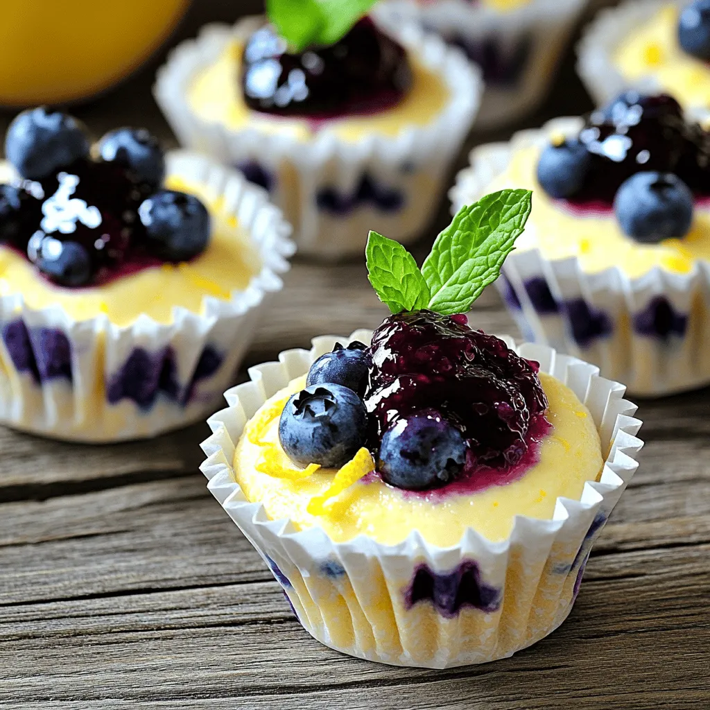 - 1 cup graham cracker crumbs - 1/4 cup unsalted butter, melted - 2 cups cream cheese, softened - 1/2 cup granulated sugar - 1/2 cup sour cream - 1 teaspoon vanilla extract - Zest of 1 lemon - 2 tablespoons fresh lemon juice - 2 large eggs, at room temperature - 1 cup fresh blueberries, rinsed and drained - 2 tablespoons blueberry jam (for topping) - Fresh mint leaves (for garnish) When I create mini lemon blueberry cheesecakes, I love to gather fresh ingredients. The quality of your ingredients matters. Start with graham cracker crumbs for the crust. They give a nice crunch. The melted butter helps bind them together. Next, I use cream cheese. It should be soft to mix well. Pair it with sugar and sour cream for creaminess. I always add vanilla extract for depth. The zest and juice of a lemon add brightness. Make sure your eggs are at room temperature. This helps them blend smoothly. Fresh blueberries add a burst of flavor. I also like to top each cheesecake with blueberry jam. It makes them look nice too. Don’t forget fresh mint leaves for garnish. They add a lovely touch and aroma. - Muffin tin - Paper liners - Mixing bowls - Electric mixer - Spatula For making these cheesecakes, you need a few tools. A muffin tin is a must for mini sizes. Paper liners help with easy removal. Mixing bowls are handy for combining ingredients. An electric mixer makes blending easy and quick. A spatula helps fold in the blueberries gently. These tools make the process smooth and fun. - Soften cream cheese properly - Measure ingredients accurately Before you start, ensure your cream cheese is soft. Leaving it out for about an hour works well. Measuring ingredients accurately is key. It helps get the right texture and flavor. With everything ready, you're set to create these delightful treats! - Set temperature to 325°F (160°C) - Prepare muffin tin with liners Start by preheating your oven to 325°F (160°C). This will ensure your cheesecakes bake evenly. While the oven heats, grab a muffin tin and line it with paper liners. This makes cleanup easy and helps the cheesecakes pop out smoothly. - Mix graham cracker crumbs with melted butter - Press mixture into muffin liners Next, you’ll want to prepare the crust. In a medium bowl, mix 1 cup of graham cracker crumbs with 1/4 cup of melted butter. Stir until the crumbs look like wet sand. Now, take about a tablespoon of this mixture and press it firmly into each muffin liner. This forms a sturdy base for your mini cheesecakes. - Beat cream cheese until smooth - Incorporate sugar, sour cream, and flavorings Now it’s time for the cheesecake filling. In a large bowl, beat 2 cups of softened cream cheese using an electric mixer. Mix until it’s smooth and creamy. This should take about 2-3 minutes. Next, add in 1/2 cup of granulated sugar, 1/2 cup of sour cream, 1 teaspoon of vanilla extract, the zest of 1 lemon, and 2 tablespoons of fresh lemon juice. Beat until everything is blended well. - Mix in eggs gently - Fold in blueberries carefully Add 2 large eggs, one at a time, to your cheesecake mixture. Mix on low speed until just combined. It’s key to not overmix here, as this keeps your filling light. After that, gently fold in 1 cup of fresh blueberries. Use a spatula to make sure they are evenly mixed without breaking them. - Fill the muffin tin with batter - Bake for 20-25 minutes Now, spoon the cheesecake batter evenly over each crust. Fill each liner about three-quarters full. Place the muffin tin in the preheated oven and bake for 20-25 minutes. The edges will look set, but the center should still jiggle slightly. This is perfect for a creamy texture. - Allow to cool at room temperature - Refrigerate for at least 2 hours After baking, take your mini cheesecakes out of the oven and let them cool at room temperature for about 10 minutes. Then, refrigerate them for at least 2 hours. This helps them set properly and makes them easier to serve. Once they’re chilled, you can add a dollop of blueberry jam on top for an extra sweet touch. Enjoy your delightful mini lemon blueberry cheesecakes! For the complete instructions, check the Full Recipe. To make your mini lemon blueberry cheesecakes just right, avoid overmixing the eggs. Mix them in gently, one at a time. This keeps the cheesecake light and fluffy. Next, control the oven temperature. Preheating to 325°F ensures even baking. A steady heat helps the cheesecakes rise without cracking. Presentation matters! Use a decorative platter to showcase your mini cheesecakes. It adds charm to any event. For a pop of color, add fresh blueberries around each cheesecake. They look stunning and taste great too. A sprinkle of powdered sugar can also make them look fancy. To boost flavor, consider adding lemon zest. It gives a bright and fresh taste. You might also want to explore different jams or fruits for topping. Raspberry or strawberry jam can create a fun twist. These simple changes can make your mini cheesecakes unique and delightful. For the full recipe, check out the details above. {{image_4}} You can easily change the taste of mini lemon blueberry cheesecakes. Try making strawberry lemon cheesecakes. Just swap blueberries with fresh strawberries. The sweet and tart mix works well. Another option is to create a raspberry cheesecake swirl. Simply add pureed raspberries into the batter. This adds a fun swirl effect and a burst of flavor. Both variations keep the cheesecake's creamy texture while adding new tastes. If you want a twist, consider using different crusts. An Oreo crust adds a rich, chocolatey flavor. To make this, crush Oreo cookies and mix them with melted butter. Press the mixture into your muffin liners. For a gluten-free version, use an almond flour crust. Combine almond flour with melted butter and press it into the liners. Both options give a tasty base for your cheesecakes. You can swap some ingredients to fit your taste. For example, use Greek yogurt instead of sour cream. This change makes the cheesecake a bit healthier while keeping it creamy. You can also replace blueberries with other berries. Blackberries or raspberries work great. This lets you customize the flavors to your liking. For the full recipe, check out Mini Lemon Blueberry Cheesecakes. To keep your mini lemon blueberry cheesecakes fresh, refrigerate them in an airtight container. This helps them stay moist and delicious. They will stay good for up to five days. Ensure the lid seals tightly to prevent odors from other foods. If you want to save some for later, freeze the cheesecakes for up to three months. To do this, wrap each cheesecake in plastic wrap and place them in a freezer-safe bag. This way, they won’t get freezer burn and will taste just as good when you thaw them. When you’re ready to enjoy your frozen mini cheesecakes, thaw them in the refrigerator overnight. This keeps the texture smooth. Avoid using a microwave, as it can make them soggy. Once thawed, they are ready to serve. Enjoy them chilled for the best flavor! Yes, just ensure they are thawed and drained. Frozen blueberries work well in this recipe. They add a burst of flavor and keep the mini cheesecakes moist. Just be careful not to overmix them into the batter. They last about 5 days in the refrigerator. Store them in an airtight container to keep them fresh. If you wait too long, you may lose that creamy texture. Yes, they can be made up to 2 days in advance for best results. This is perfect for busy days or events. Just chill them well, and they will taste great when served. Serve chilled, garnished with fresh mint and blueberry jam. This adds a nice touch and makes them look fancy. The mint gives a pop of color and freshness. No, but they help with easy removal and cleanup. If you skip the liners, be sure to grease the muffin tin well. This will help prevent sticking and make serving easier. For the full recipe, check out the Mini Lemon Blueberry Cheesecakes section above! You now have all the steps and tips to make delicious mini lemon blueberry cheesecakes. From gathering the right ingredients to mastering your baking technique, every detail counts. Remember to refrigerate them for firm, tasty bites. Feel free to explore variations to suit your taste. Enjoy your baking journey and share these treats with friends and family. You’ll impress everyone with these delightful mini desserts!