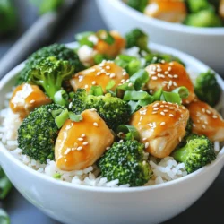 - 2 cups cooked jasmine rice - 1 pound boneless, skinless chicken breasts - 2 cups broccoli florets - 3 tablespoons soy sauce - 2 tablespoons sesame oil - 1 tablespoon honey - 2 cloves garlic (minced) - Fresh ginger (1 inch piece, grated) - 1 tablespoon rice vinegar - Salt and freshly cracked pepper - 2 green onions (finely chopped) - 1 tablespoon sesame seeds When I make chicken and broccoli rice bowls, I start with fresh, simple ingredients. The jasmine rice is my go-to. It’s fluffy and pairs well with the savory chicken. For the protein, I choose boneless, skinless chicken breasts. They cook evenly and absorb flavors well. Next, I add broccoli florets for crunch and color. They not only taste great but also add nutrition. The marinade is where the magic begins. I mix soy sauce, sesame oil, honey, minced garlic, and grated ginger. This combination adds depth and sweetness to the dish. Rice vinegar adds a tangy note. I always season with salt and freshly cracked pepper for balance. After the chicken cooks, I top the bowls with green onions and sesame seeds. These garnishes give a fresh finish and a bit of crunch. You can find the full recipe below for exact measurements and instructions. - Whisk together soy sauce, sesame oil, honey, garlic, ginger, and rice vinegar. - Coat the chicken pieces in the marinade and let them rest for 15 to 60 minutes. Marinating adds flavor and keeps the chicken juicy. The longer it marinates, the better the taste. - Heat a large non-stick skillet over medium-high heat and add the marinated chicken. - Sauté the chicken for 6 to 8 minutes, stirring often, until golden brown. - Use a meat thermometer to check if it reaches 165°F (74°C). Cooking chicken this way gives it a nice brown color. It also ensures it cooks evenly and stays moist. - Add broccoli florets to the same skillet. - Pour in a splash of water and cover to steam for about 3 to 4 minutes. - Remove the lid, then add the reserved marinade and cook for 2 to 3 minutes. This step keeps the broccoli bright green and crunchy. The marinade adds extra flavor, making it delicious. - Mix the cooked chicken back in with the broccoli and marinade. - Stir well to coat everything in sauce and season with salt and pepper. Combining everything ensures each bite is tasty. Adjust the seasoning to your liking for the best flavor. - Divide cooked jasmine rice into four bowls. - Top each bowl with the chicken and broccoli mixture. The rice serves as the perfect base for this dish. It soaks up the sauce and balances the flavors. - Sprinkle each bowl with chopped green onions and sesame seeds. Garnishing adds a nice crunch and freshness. It makes the dish look amazing and taste even better. For the complete experience, check out the Full Recipe. - Marinate the chicken for at least 15 minutes. The longer, the better. Try an hour for deeper flavor. - Balance flavors by mixing sweet with savory. Honey adds sweetness, while soy sauce brings saltiness. - Cook chicken in a hot skillet for a nice sear. This keeps it juicy and tender. - To avoid overcooked broccoli, cook it briefly. Steam for about 3-4 minutes until it’s bright green. - Add extra sides like steamed rice or a fresh salad. Sauces like teriyaki or hoisin can enhance flavors. - If you don’t have jasmine rice, try brown rice or quinoa. These grains offer different textures and flavors. For the full recipe, check the details above. {{image_4}} You can easily make this dish vegetarian. Just substitute chicken with tofu. Firm tofu works best. Cut it into cubes and marinate like the chicken. The marinade adds great taste. Keep the same marinade for tofu. It will soak up all the flavors. To make the dish even tastier, add spices. Red pepper flakes bring heat. You can also try different sauces. Teriyaki sauce adds a sweet touch. Sweet chili sauce gives it a nice kick. Mix and match to find your favorite. Switching grains can change the meal's feel. Brown rice is a healthy option. Quinoa adds protein and a nutty taste. Cauliflower rice is great for low-carb diets. Cooking times will differ, so adjust as needed. Brown rice takes longer to cook than jasmine rice. Quinoa cooks in about 15 minutes. Cauliflower rice cooks quickly, only needing 5 minutes. Enjoy exploring these variations in your Chicken and Broccoli Rice Bowls! For the complete recipe, check out the Full Recipe section. To keep your chicken and broccoli rice bowls fresh, store them in airtight containers. Make sure to let the food cool first. This step helps prevent moisture buildup. Place the container in the fridge. These bowls stay tasty for up to four days. If you want to save them longer, freeze the bowls. Use freezer-safe containers and label them with the date. They can last for about three months in the freezer. When reheating your leftovers, you want to keep them just right. The microwave is quick and easy. Place the bowl in for about 2-3 minutes, stirring halfway through. If you prefer a crispier result, use the oven. Preheat it to 350°F (175°C). Bake for about 15-20 minutes. This method helps keep the chicken and broccoli from getting soggy. In the fridge, your leftovers last about four days. After that, the food could spoil. Look for signs like an off smell or mold. If either appears, it’s best to toss the food. Always trust your senses to judge freshness. You want to enjoy your meal safely and with great taste. Feel free to check the Full Recipe for more ideas on preparing this delightful dish! I recommend marinating the chicken for at least 15 minutes. This short time helps the chicken absorb the flavors. For a deeper taste, you can marinate it for up to 1 hour. The longer the chicken sits in the marinade, the better it will taste. Yes, you can use frozen broccoli in this dish. Just add the frozen florets directly to the skillet. You may need to steam it a bit longer than fresh broccoli. This way, you save time and still enjoy great flavor. If you can't find jasmine rice, there are great alternatives. Brown rice is a healthy option that adds fiber. Quinoa is another choice, packed with protein. If you prefer a low-carb option, try cauliflower rice. Each alternative has its own cooking time, so check the package for instructions. This recipe is quite healthy! Chicken is a lean protein, and broccoli is loaded with vitamins. Jasmine rice provides energy through carbs. The dish is low in sugar and high in nutrients. Plus, you can customize it to fit your diet needs by adjusting the sauce or adding more veggies. This blog post covered how to make tasty chicken and broccoli rice bowls. We looked at the main ingredients, marinade, and garnishes. I shared step-by-step instructions to prepare the dish perfectly. Tips helped enhance flavors and skills, and we explored fun variations and storage ideas. Now, you can enjoy a quick, healthy meal that fits your family’s tastes. You can always mix things up to make it your own! Happy cooking!