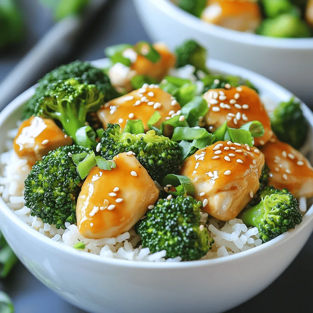 - 2 cups cooked jasmine rice - 1 pound boneless, skinless chicken breasts - 2 cups broccoli florets - 3 tablespoons soy sauce - 2 tablespoons sesame oil - 1 tablespoon honey - 2 cloves garlic (minced) - Fresh ginger (1 inch piece, grated) - 1 tablespoon rice vinegar - Salt and freshly cracked pepper - 2 green onions (finely chopped) - 1 tablespoon sesame seeds When I make chicken and broccoli rice bowls, I start with fresh, simple ingredients. The jasmine rice is my go-to. It’s fluffy and pairs well with the savory chicken. For the protein, I choose boneless, skinless chicken breasts. They cook evenly and absorb flavors well. Next, I add broccoli florets for crunch and color. They not only taste great but also add nutrition. The marinade is where the magic begins. I mix soy sauce, sesame oil, honey, minced garlic, and grated ginger. This combination adds depth and sweetness to the dish. Rice vinegar adds a tangy note. I always season with salt and freshly cracked pepper for balance. After the chicken cooks, I top the bowls with green onions and sesame seeds. These garnishes give a fresh finish and a bit of crunch. You can find the full recipe below for exact measurements and instructions. - Whisk together soy sauce, sesame oil, honey, garlic, ginger, and rice vinegar. - Coat the chicken pieces in the marinade and let them rest for 15 to 60 minutes. Marinating adds flavor and keeps the chicken juicy. The longer it marinates, the better the taste. - Heat a large non-stick skillet over medium-high heat and add the marinated chicken. - Sauté the chicken for 6 to 8 minutes, stirring often, until golden brown. - Use a meat thermometer to check if it reaches 165°F (74°C). Cooking chicken this way gives it a nice brown color. It also ensures it cooks evenly and stays moist. - Add broccoli florets to the same skillet. - Pour in a splash of water and cover to steam for about 3 to 4 minutes. - Remove the lid, then add the reserved marinade and cook for 2 to 3 minutes. This step keeps the broccoli bright green and crunchy. The marinade adds extra flavor, making it delicious. - Mix the cooked chicken back in with the broccoli and marinade. - Stir well to coat everything in sauce and season with salt and pepper. Combining everything ensures each bite is tasty. Adjust the seasoning to your liking for the best flavor. - Divide cooked jasmine rice into four bowls. - Top each bowl with the chicken and broccoli mixture. The rice serves as the perfect base for this dish. It soaks up the sauce and balances the flavors. - Sprinkle each bowl with chopped green onions and sesame seeds. Garnishing adds a nice crunch and freshness. It makes the dish look amazing and taste even better. For the complete experience, check out the Full Recipe. - Marinate the chicken for at least 15 minutes. The longer, the better. Try an hour for deeper flavor. - Balance flavors by mixing sweet with savory. Honey adds sweetness, while soy sauce brings saltiness. - Cook chicken in a hot skillet for a nice sear. This keeps it juicy and tender. - To avoid overcooked broccoli, cook it briefly. Steam for about 3-4 minutes until it’s bright green. - Add extra sides like steamed rice or a fresh salad. Sauces like teriyaki or hoisin can enhance flavors. - If you don’t have jasmine rice, try brown rice or quinoa. These grains offer different textures and flavors. For the full recipe, check the details above. {{image_4}} You can easily make this dish vegetarian. Just substitute chicken with tofu. Firm tofu works best. Cut it into cubes and marinate like the chicken. The marinade adds great taste. Keep the same marinade for tofu. It will soak up all the flavors. To make the dish even tastier, add spices. Red pepper flakes bring heat. You can also try different sauces. Teriyaki sauce adds a sweet touch. Sweet chili sauce gives it a nice kick. Mix and match to find your favorite. Switching grains can change the meal's feel. Brown rice is a healthy option. Quinoa adds protein and a nutty taste. Cauliflower rice is great for low-carb diets. Cooking times will differ, so adjust as needed. Brown rice takes longer to cook than jasmine rice. Quinoa cooks in about 15 minutes. Cauliflower rice cooks quickly, only needing 5 minutes. Enjoy exploring these variations in your Chicken and Broccoli Rice Bowls! For the complete recipe, check out the Full Recipe section. To keep your chicken and broccoli rice bowls fresh, store them in airtight containers. Make sure to let the food cool first. This step helps prevent moisture buildup. Place the container in the fridge. These bowls stay tasty for up to four days. If you want to save them longer, freeze the bowls. Use freezer-safe containers and label them with the date. They can last for about three months in the freezer. When reheating your leftovers, you want to keep them just right. The microwave is quick and easy. Place the bowl in for about 2-3 minutes, stirring halfway through. If you prefer a crispier result, use the oven. Preheat it to 350°F (175°C). Bake for about 15-20 minutes. This method helps keep the chicken and broccoli from getting soggy. In the fridge, your leftovers last about four days. After that, the food could spoil. Look for signs like an off smell or mold. If either appears, it’s best to toss the food. Always trust your senses to judge freshness. You want to enjoy your meal safely and with great taste. Feel free to check the Full Recipe for more ideas on preparing this delightful dish! I recommend marinating the chicken for at least 15 minutes. This short time helps the chicken absorb the flavors. For a deeper taste, you can marinate it for up to 1 hour. The longer the chicken sits in the marinade, the better it will taste. Yes, you can use frozen broccoli in this dish. Just add the frozen florets directly to the skillet. You may need to steam it a bit longer than fresh broccoli. This way, you save time and still enjoy great flavor. If you can't find jasmine rice, there are great alternatives. Brown rice is a healthy option that adds fiber. Quinoa is another choice, packed with protein. If you prefer a low-carb option, try cauliflower rice. Each alternative has its own cooking time, so check the package for instructions. This recipe is quite healthy! Chicken is a lean protein, and broccoli is loaded with vitamins. Jasmine rice provides energy through carbs. The dish is low in sugar and high in nutrients. Plus, you can customize it to fit your diet needs by adjusting the sauce or adding more veggies. This blog post covered how to make tasty chicken and broccoli rice bowls. We looked at the main ingredients, marinade, and garnishes. I shared step-by-step instructions to prepare the dish perfectly. Tips helped enhance flavors and skills, and we explored fun variations and storage ideas. Now, you can enjoy a quick, healthy meal that fits your family’s tastes. You can always mix things up to make it your own! Happy cooking!