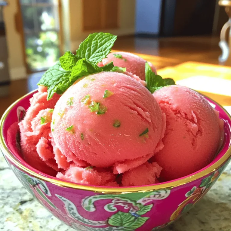 To make a tasty watermelon sorbet, gather these items: - 4 cups ripe watermelon, cubed and seeds removed - 1/2 cup granulated sugar (or substitute with honey for a natural sweetness) - 2 tablespoons freshly squeezed lime juice - A pinch of salt - Fresh mint leaves for garnish (optional) These ingredients create a cold treat that is refreshing and sweet. The watermelon gives a light flavor, while lime adds a nice zing. You can change the sugar to fit your taste. Here are some choices: - Honey: This adds a natural sweetness and a hint of floral notes. - Agave syrup: It’s sweeter than sugar, so use less. - Maple syrup: This gives a richer flavor that pairs well with watermelon. To enhance flavor, consider adding: - Vanilla extract: This adds warmth and depth. - Coconut milk: This gives a creamy texture and tropical vibe. Choosing the right watermelon is key for the best sorbet. Look for: - Seedless watermelons: These are easier to prepare and have sweet flesh. - Farmers’ market options: Local watermelons often taste fresher and sweeter. - Heirloom varieties: These can have unique flavors that add interest to your sorbet. Using a ripe, sweet watermelon makes all the difference in your sorbet. The better the fruit, the better your treat will be. For the Full Recipe, check the instructions in the next section. First, pick a ripe watermelon. A good one feels heavy and sounds hollow when tapped. Next, cut it into cubes. Make sure to take out all the seeds. Spread the cubes on a baking sheet in a single layer. This step helps them freeze evenly. Place the baking sheet in the freezer for 2 to 3 hours. You want them to be rock solid before moving to the next step. Once your watermelon cubes are frozen, grab a high-powered blender or food processor. Add the frozen watermelon to the blender. Then, toss in half a cup of granulated sugar. You can also use honey if you want a natural sweetener. Next, add two tablespoons of fresh lime juice and a pinch of salt. Lime juice boosts the flavor. Blend everything on high speed until it is smooth and creamy. If the mixture gets stuck, stop and scrape down the sides. Taste it and adjust the sweetness or lime juice if needed. After blending, pour the mixture into a shallow, freezer-safe dish. Spread it out evenly. This helps it freeze faster. Return it to the freezer for another 1 to 2 hours. This final freeze will make it scoopable. When it's time to serve, use an ice cream scoop to dish it out. For a nice touch, add fresh mint leaves on top. They add color and a fresh taste. Enjoy your refreshing watermelon sorbet! You can find the Full Recipe above for all the details. To get a smooth sorbet, freeze your watermelon in small cubes. This helps it blend easily. When you blend, make sure to use a high-powered blender. Stop to scrape down the sides if needed. This step ensures a creamy texture. If the sorbet is too icy, blend a bit longer. One common mistake is not freezing the watermelon long enough. If it’s not frozen solid, you won’t get a smooth texture. Another mistake is adding too much sugar. Watermelon is sweet on its own. Start with less sugar and adjust as you taste. Lastly, don’t forget the pinch of salt. It brings out the flavors nicely. To boost flavor, try adding fresh herbs like mint or basil. These add a refreshing twist. You can also include a small amount of ginger for a little kick. Lime juice brightens the taste, so don’t skip it! Experiment with these ideas to make your sorbet unique. For more detailed guidance, check out the Full Recipe. {{image_4}} You can mix watermelon with other fruits for fun flavors. Try adding strawberries for a sweet twist. Blueberries add a nice touch, too. Pineapple will give your sorbet a tropical vibe. For a berry explosion, combine watermelon with raspberries. These mixes keep your sorbet exciting and fresh. Lime juice gives your sorbet a zesty kick. But you can also use lemon juice for a bright taste. Orange juice will add sweetness and a bit of tang. Grapefruit juice brings a more bitter flavor. Each citrus option changes the sorbet's character, so feel free to experiment. To make this sorbet vegan, just stick with fruit and sugar. Use agave syrup instead of granulated sugar for a low-calorie option. You can also swap in coconut water for a tropical flair. These changes keep your sorbet creamy while being lighter and healthier. Try them for a delicious treat that fits any diet. For the full recipe, check out [Full Recipe]. To keep your leftover watermelon sorbet fresh, store it in an airtight container. This will help prevent ice crystals from forming. If you have a freezer-safe dish with a lid, that works great too. Make sure to press plastic wrap against the surface of the sorbet before sealing to minimize air exposure. This way, the sorbet stays smooth and tasty. If you want your sorbet to last longer, freeze it well. After preparing the sorbet, pour it into a shallow container. A shallow dish allows it to freeze evenly and quickly. Label the container with the date you made the sorbet. This will help you keep track of how long it has been in the freezer. Homemade watermelon sorbet can last up to two weeks when stored this way. Sometimes, you may need to refreeze your sorbet. If the sorbet has softened, make sure to stir it well before refreezing. This helps keep the texture nice and creamy. Avoid letting it sit out too long before putting it back in the freezer. If you see ice crystals forming, blend the sorbet again after it thaws slightly. This will help restore its smooth texture. Enjoy your refreshing watermelon sorbet, knowing you’re storing it right! Homemade watermelon sorbet can last about one to two weeks in the freezer. After that, it may lose its texture and flavor. To keep it fresh, store it in an airtight container. This helps prevent ice crystals from forming. If you notice a change in texture, just blend it again before serving. Yes, you can make watermelon sorbet without an ice cream maker. Just freeze the watermelon cubes, blend the ingredients, and then freeze the mixture again. This method works well, and you still get a creamy texture. You can use a blender or food processor to mix everything. Just remember to scrape the sides often to mix well. You can serve watermelon sorbet with fresh fruit, cookie crumbles, or even yogurt. It pairs well with light desserts like cakes or tarts. You might also enjoy it with a splash of sparkling water for a refreshing drink. Mint leaves on top add a nice touch too. Watermelon sorbet is a healthier dessert option compared to many ice creams. Watermelon is low in calories and hydrates your body. It also has vitamins A and C, which are good for your health. If you use honey instead of sugar, it can be even healthier. Just watch your portion sizes to keep it light. If you want the full recipe, check out the details above. Making watermelon sorbet is simple and fun. We covered the best ingredients, like sweeteners and other fruit options. I shared how to prepare your watermelon and blend it for a creamy treat. You learned tips for perfect texture and common mistakes to avoid. Plus, we explored unique flavors and storage tips. Now you have all the tools to make delicious watermelon sorbet. Enjoy this tasty treat and share it with friends and family. It’s a refreshing way to beat the heat!
