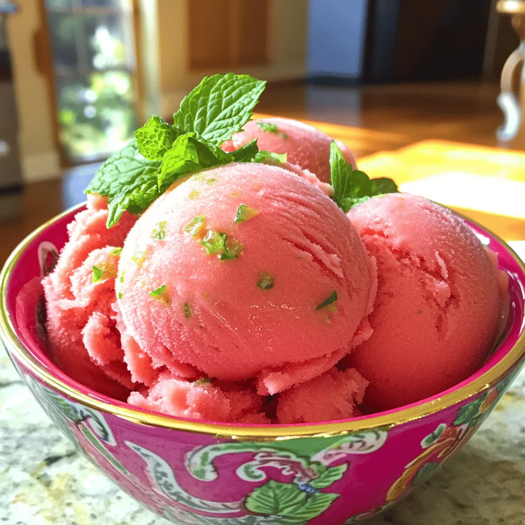 To make a tasty watermelon sorbet, gather these items: - 4 cups ripe watermelon, cubed and seeds removed - 1/2 cup granulated sugar (or substitute with honey for a natural sweetness) - 2 tablespoons freshly squeezed lime juice - A pinch of salt - Fresh mint leaves for garnish (optional) These ingredients create a cold treat that is refreshing and sweet. The watermelon gives a light flavor, while lime adds a nice zing. You can change the sugar to fit your taste. Here are some choices: - Honey: This adds a natural sweetness and a hint of floral notes. - Agave syrup: It’s sweeter than sugar, so use less. - Maple syrup: This gives a richer flavor that pairs well with watermelon. To enhance flavor, consider adding: - Vanilla extract: This adds warmth and depth. - Coconut milk: This gives a creamy texture and tropical vibe. Choosing the right watermelon is key for the best sorbet. Look for: - Seedless watermelons: These are easier to prepare and have sweet flesh. - Farmers’ market options: Local watermelons often taste fresher and sweeter. - Heirloom varieties: These can have unique flavors that add interest to your sorbet. Using a ripe, sweet watermelon makes all the difference in your sorbet. The better the fruit, the better your treat will be. For the Full Recipe, check the instructions in the next section. First, pick a ripe watermelon. A good one feels heavy and sounds hollow when tapped. Next, cut it into cubes. Make sure to take out all the seeds. Spread the cubes on a baking sheet in a single layer. This step helps them freeze evenly. Place the baking sheet in the freezer for 2 to 3 hours. You want them to be rock solid before moving to the next step. Once your watermelon cubes are frozen, grab a high-powered blender or food processor. Add the frozen watermelon to the blender. Then, toss in half a cup of granulated sugar. You can also use honey if you want a natural sweetener. Next, add two tablespoons of fresh lime juice and a pinch of salt. Lime juice boosts the flavor. Blend everything on high speed until it is smooth and creamy. If the mixture gets stuck, stop and scrape down the sides. Taste it and adjust the sweetness or lime juice if needed. After blending, pour the mixture into a shallow, freezer-safe dish. Spread it out evenly. This helps it freeze faster. Return it to the freezer for another 1 to 2 hours. This final freeze will make it scoopable. When it's time to serve, use an ice cream scoop to dish it out. For a nice touch, add fresh mint leaves on top. They add color and a fresh taste. Enjoy your refreshing watermelon sorbet! You can find the Full Recipe above for all the details. To get a smooth sorbet, freeze your watermelon in small cubes. This helps it blend easily. When you blend, make sure to use a high-powered blender. Stop to scrape down the sides if needed. This step ensures a creamy texture. If the sorbet is too icy, blend a bit longer. One common mistake is not freezing the watermelon long enough. If it’s not frozen solid, you won’t get a smooth texture. Another mistake is adding too much sugar. Watermelon is sweet on its own. Start with less sugar and adjust as you taste. Lastly, don’t forget the pinch of salt. It brings out the flavors nicely. To boost flavor, try adding fresh herbs like mint or basil. These add a refreshing twist. You can also include a small amount of ginger for a little kick. Lime juice brightens the taste, so don’t skip it! Experiment with these ideas to make your sorbet unique. For more detailed guidance, check out the Full Recipe. {{image_4}} You can mix watermelon with other fruits for fun flavors. Try adding strawberries for a sweet twist. Blueberries add a nice touch, too. Pineapple will give your sorbet a tropical vibe. For a berry explosion, combine watermelon with raspberries. These mixes keep your sorbet exciting and fresh. Lime juice gives your sorbet a zesty kick. But you can also use lemon juice for a bright taste. Orange juice will add sweetness and a bit of tang. Grapefruit juice brings a more bitter flavor. Each citrus option changes the sorbet's character, so feel free to experiment. To make this sorbet vegan, just stick with fruit and sugar. Use agave syrup instead of granulated sugar for a low-calorie option. You can also swap in coconut water for a tropical flair. These changes keep your sorbet creamy while being lighter and healthier. Try them for a delicious treat that fits any diet. For the full recipe, check out [Full Recipe]. To keep your leftover watermelon sorbet fresh, store it in an airtight container. This will help prevent ice crystals from forming. If you have a freezer-safe dish with a lid, that works great too. Make sure to press plastic wrap against the surface of the sorbet before sealing to minimize air exposure. This way, the sorbet stays smooth and tasty. If you want your sorbet to last longer, freeze it well. After preparing the sorbet, pour it into a shallow container. A shallow dish allows it to freeze evenly and quickly. Label the container with the date you made the sorbet. This will help you keep track of how long it has been in the freezer. Homemade watermelon sorbet can last up to two weeks when stored this way. Sometimes, you may need to refreeze your sorbet. If the sorbet has softened, make sure to stir it well before refreezing. This helps keep the texture nice and creamy. Avoid letting it sit out too long before putting it back in the freezer. If you see ice crystals forming, blend the sorbet again after it thaws slightly. This will help restore its smooth texture. Enjoy your refreshing watermelon sorbet, knowing you’re storing it right! Homemade watermelon sorbet can last about one to two weeks in the freezer. After that, it may lose its texture and flavor. To keep it fresh, store it in an airtight container. This helps prevent ice crystals from forming. If you notice a change in texture, just blend it again before serving. Yes, you can make watermelon sorbet without an ice cream maker. Just freeze the watermelon cubes, blend the ingredients, and then freeze the mixture again. This method works well, and you still get a creamy texture. You can use a blender or food processor to mix everything. Just remember to scrape the sides often to mix well. You can serve watermelon sorbet with fresh fruit, cookie crumbles, or even yogurt. It pairs well with light desserts like cakes or tarts. You might also enjoy it with a splash of sparkling water for a refreshing drink. Mint leaves on top add a nice touch too. Watermelon sorbet is a healthier dessert option compared to many ice creams. Watermelon is low in calories and hydrates your body. It also has vitamins A and C, which are good for your health. If you use honey instead of sugar, it can be even healthier. Just watch your portion sizes to keep it light. If you want the full recipe, check out the details above. Making watermelon sorbet is simple and fun. We covered the best ingredients, like sweeteners and other fruit options. I shared how to prepare your watermelon and blend it for a creamy treat. You learned tips for perfect texture and common mistakes to avoid. Plus, we explored unique flavors and storage tips. Now you have all the tools to make delicious watermelon sorbet. Enjoy this tasty treat and share it with friends and family. It’s a refreshing way to beat the heat!