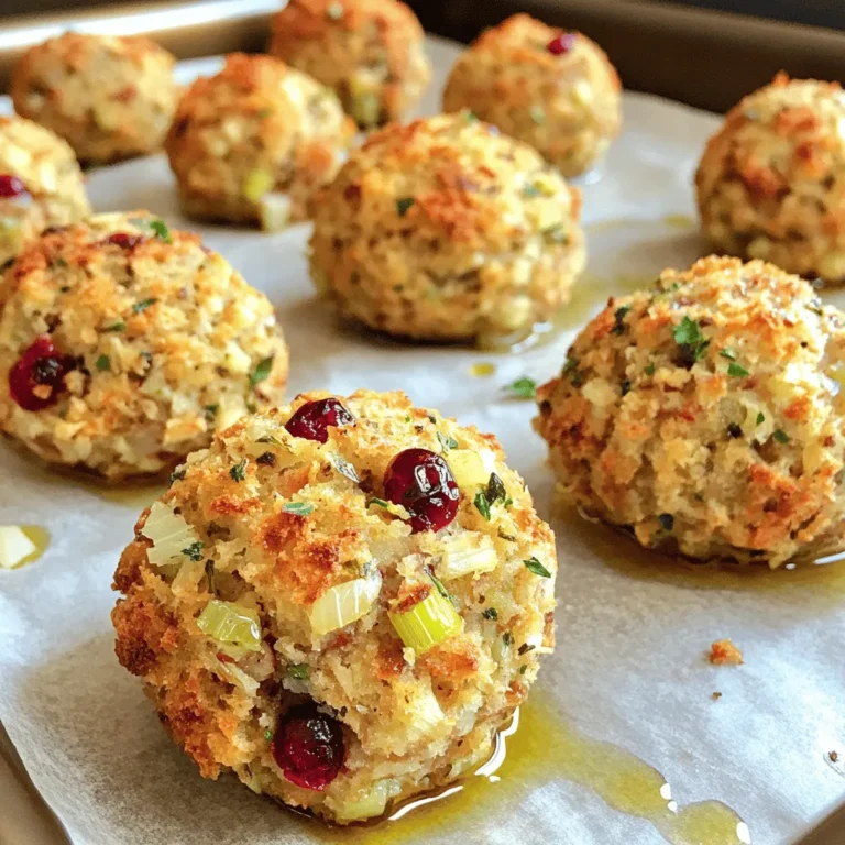 - 1 lb ground turkey - 2 cups whole grain bread crumbs - 1 cup fresh cranberries, finely chopped Ground turkey gives these stuffing balls a lean protein base. I love using whole grain bread crumbs for added texture and nutrition. Fresh cranberries bring a tangy sweetness that pairs perfectly with turkey. - 1 teaspoon dried sage - 1 teaspoon dried thyme - 2 cloves garlic, minced Dried sage adds a warm, earthy note. Thyme brings a subtle herbal flavor. The garlic boosts the taste, making each bite savory and aromatic. - 1 large egg, beaten - 1/4 cup low-sodium chicken broth The egg acts as a binder, helping the mixture hold together. Chicken broth adds moisture, keeping the stuffing balls juicy. These ingredients make the Cranberry Turkey Stuffing Balls simple yet flavorful. For the full recipe, refer to the detailed steps above. - Preheat the Oven: Start by preheating your oven to 375°F (190°C). This ensures even cooking. - Prepare the Baking Sheet: Line a baking sheet with parchment paper. This helps to prevent sticking and makes cleanup easy. - Combine Dry Ingredients: In a large bowl, mix the ground turkey, whole grain bread crumbs, chopped cranberries, diced onion, diced celery, minced garlic, dried sage, dried thyme, salt, and black pepper. Stir until everything is well mixed. - Add Wet Ingredients: Next, add the beaten egg and chicken broth to the dry mix. Use your hands to blend everything well. The mixture should feel moist but hold together when shaped. - Shape the Stuffing Balls: Take portions of the mixture and roll them into golf ball-sized balls. Place them on the prepared baking sheet. Leave space between each ball for even baking. - Bake to Perfection: Drizzle a little olive oil over each ball. This gives them a nice golden color. Bake for 25-30 minutes. They should be golden brown and reach an internal temperature of 165°F (74°C). This simple process makes delightful cranberry turkey stuffing balls. For the full recipe, check out my detailed instructions. To get the right texture in your stuffing balls, moisture is key. If the mix is too dry, the balls will crumble. If it’s too wet, they won’t hold shape. Aim for a moist, yet firm mix. When you shape the balls, they should feel like a soft dough. Roll them gently in your hands to form a nice round shape. Baking at the right temperature is crucial. Set your oven to 375°F (190°C) for even cooking. This temperature helps achieve a golden-brown crust while keeping the inside moist. Make sure to space the balls apart on the baking sheet. This allows heat to circulate and cook them evenly. Check them after 25 minutes, but they may need up to 30 minutes. Presentation makes a big difference. Arrange the stuffing balls on a nice platter for guests. You can garnish with fresh herbs like parsley or thyme. This adds color and a hint of flavor. Pair them with cranberry sauce for a sweet and tangy kick. They work well as a side dish or a tasty appetizer. You can even serve them with mashed potatoes or a green salad for a full meal. {{image_4}} You can easily change ingredients in this recipe to suit your taste. - Alternative Proteins: If you want, use ground chicken instead of turkey. It will still taste great! Other options like pork or beef can also work well. - Different Types of Bread: Try using sourdough or whole wheat bread for a twist. Each bread adds its own unique flavor. Adding new flavors can make these stuffing balls even better. - Nuts or Seeds for Crunch: Chop walnuts, pecans, or pumpkin seeds. Mixing in a handful will add a nice crunch and richness. - Different Herbs or Spices: Feel free to experiment! Add rosemary or oregano for a new taste. A pinch of red pepper flakes can give it some heat too. You can make this recipe fit different diets with simple swaps. - Gluten-Free Bread Options: Use gluten-free bread crumbs to make it suitable for those who need it. Many stores have great options now. - Vegan Substitutes: Replace the turkey with lentils or chickpeas for a vegan twist. Use a flax egg instead of a regular egg to bind the ingredients. These variations let you personalize the dish. You can find your perfect flavor blend! For the complete recipe, check out the Full Recipe. To keep your cranberry turkey stuffing balls fresh, store leftovers in an airtight container. This helps keep flavors intact and prevents drying out. Place the container in your fridge. They can stay good for up to three days. If you want to enjoy them longer, freezing is a great option. To freeze stuffing balls, first let them cool completely. Then, arrange them in a single layer on a baking sheet. Freeze for about two hours until firm. After that, transfer them to a freezer-safe bag. Be sure to squeeze out as much air as you can. These can last up to three months in the freezer. When you're ready to eat, thaw the balls in the fridge overnight. You can also reheat them straight from the freezer. Just add a few extra minutes to your cooking time. The best way to reheat stuffing balls is in the oven. Preheat the oven to 350°F (175°C). Place the stuffing balls on a baking sheet and cover them with foil. This keeps moisture in. Heat for about 15 minutes. If you want them crispier, remove the foil for the last 5 minutes. Avoid reheating in the microwave if you can. The microwave can make them dry out quickly. If you must use it, add a small bowl of water next to the stuffing balls to keep them moist. Enjoy your delicious leftovers! You can serve many tasty sides with these stuffing balls. Here are some ideas: - Mashed potatoes - Green bean casserole - Roasted vegetables - Salad with vinaigrette - Cranberry sauce These pair well and make your meal special. Each adds flavor and color to your plate. Yes, you can make these stuffing balls ahead of time. Prepare them and shape them into balls. Then, place them on a baking sheet. Cover and keep them in the fridge for up to 24 hours. When you're ready, bake them as directed in the Full Recipe. This saves time on busy days. To check if the stuffing balls are fully cooked, use a meat thermometer. They should reach an internal temperature of 165°F (74°C). You can also look for a golden-brown color on the outside. If they look nice and firm, they are likely done. Yes, dried cranberries work well in this recipe. They add a sweet flavor and chewy texture. If you use dried cranberries, chop them finely. You may want to add a bit of extra moisture, like chicken broth, to balance the texture. The best temperature to bake the stuffing balls is 375°F (190°C). This heat cooks them evenly. It also helps them become golden brown on the outside. Make sure to preheat your oven for the best results. You’ve learned how to make delicious Cranberry Turkey Stuffing Balls, step by step. From choosing ingredients to perfect baking techniques, each detail counts. Remember, the right texture and moisture make all the difference. Feel free to experiment with different flavors or dietary needs. Proper storage ensures you enjoy them later. Now you can impress friends and family with your tasty creation. Enjoy your culinary adventure, and share your results!