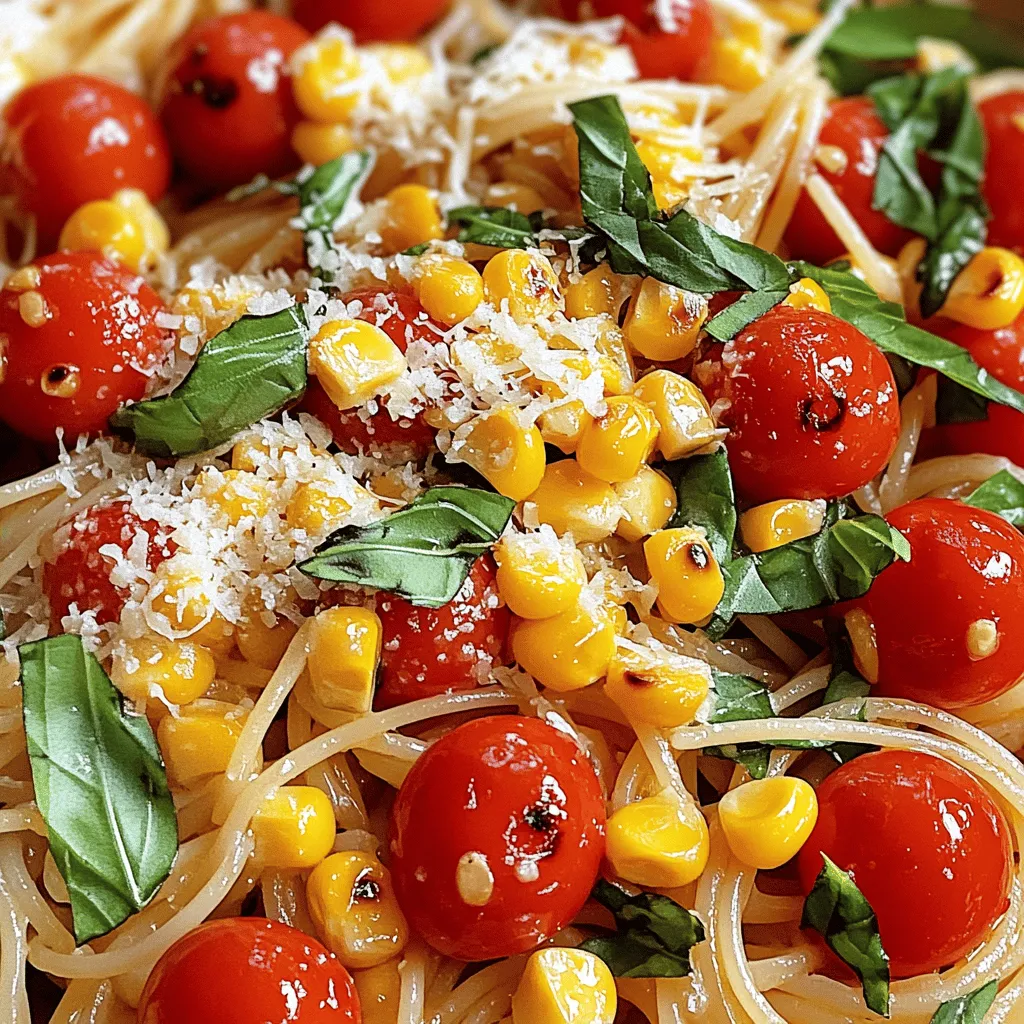 - 8 oz pasta (spaghetti or any preferred variety) - 2 cups cherry tomatoes, halved - 1 cup corn kernels (fresh or frozen) - 3 tablespoons extra-virgin olive oil - 3 cloves garlic, finely minced - 1 teaspoon red pepper flakes (or to taste) - Salt and freshly ground black pepper, to taste - 1/2 cup fresh basil, coarsely chopped - 1/4 cup grated Parmesan cheese (optional) - Zest and juice of 1 lemon Gather these ingredients. Each one adds a special taste. The corn brings sweetness. The tomatoes give a nice burst of flavor. Extra-virgin olive oil adds richness. Garlic and red pepper flakes give warmth. Fresh basil brightens the dish. You can top it with Parmesan if you like. This mix makes a tasty pasta dish. Follow the full recipe for detailed steps to bring it all together. First, bring a large pot of salted water to a boil. This helps to season the pasta while it cooks. Add your pasta and cook it until it’s al dente, which means it should be firm to the bite. Remember to reserve about half a cup of the pasta water before draining. This water will help make your sauce creamy later. Next, heat 1 tablespoon of olive oil in a large skillet over medium-high heat. Once the oil is hot, add the corn kernels. Sauté the corn for about 5 to 7 minutes. You want the kernels to get a nice char, which adds a great flavor. Once done, set the charred corn aside for later. Using the same skillet, add another tablespoon of olive oil if needed. Turn the heat down to medium. Now, add the minced garlic and red pepper flakes. Sauté for about 30 seconds until you can smell the garlic. Be careful not to burn it, as burnt garlic can taste bitter. Now, toss in the halved cherry tomatoes. Season them with salt and freshly ground black pepper. Cook this mix for about 5 to 6 minutes. You want the tomatoes to soften and burst, creating a light and tasty sauce. The smell will be amazing! It’s time to bring everything together. Add the charred corn back into the skillet, followed by the drained pasta. Gradually stir in the reserved pasta water. This will help create a creamy texture. Keep adding until you reach your desired sauce consistency. Finally, stir in the juice and zest of one lemon along with the chopped basil. Toss everything well to coat the pasta evenly. Taste your dish and adjust the seasoning with more salt and pepper if needed. Your charred corn tomato pasta is nearly ready to serve! For the complete recipe, check out the full recipe link. Enjoy your cooking! To get the best texture for your pasta, cook it al dente. This means it should be firm but not hard. Follow the package directions for cooking time. Start checking a minute or two early. You want it to have a slight bite when you chew. When cooking pasta, always save some pasta water. This water is starchy and can help thicken your sauce. Before draining, scoop out about half a cup of water. Set it aside for later. To make your charred corn tomato pasta even better, consider adding fresh herbs. Basil is a great choice, but you can also try parsley or oregano. A sprinkle of fresh herbs adds bright flavor. Fresh ingredients are key in pasta recipes. Using ripe cherry tomatoes and sweet corn makes a big difference. They bring natural sweetness and vibrant colors to your dish. Pair your charred corn tomato pasta with a light salad. A simple green salad with lemon vinaigrette works well. You can also serve it with crusty bread to soak up sauce. Garlic bread adds a nice touch too. For drinks, a crisp white wine or sparkling water complements the flavors perfectly. Enjoying your meal with friends makes it even more special. {{image_4}} You can easily make this dish vegetarian-friendly. Instead of pasta, try using zucchini noodles. They add a nice crunch and keep the dish light. You can also add leafy greens like spinach or arugula. These greens boost nutrition and add flavor. Just toss them in during the last minute of cooking. They will wilt perfectly and blend with the pasta. Want to add some protein? Grilled chicken, shrimp, or chickpeas work great. If you choose chicken, grill it until golden brown. For shrimp, cook them until they turn pink. This only takes a few minutes. Chickpeas add a hearty texture. Add them straight from the can; just rinse and drain first. Do you want to change up the sauce? Consider using pesto instead of the tomato sauce. It gives a fresh, herby taste. You can also experiment with cream-based sauces. A splash of cream can make the dish rich and velvety. Just add it before mixing in the pasta. Adjust the seasoning to suit your taste. For more ideas, check out the Full Recipe. To keep your charred corn tomato pasta fresh, place it in an airtight container. Make sure the pasta cools to room temperature before sealing. This helps prevent moisture. Store it in the fridge for up to three days. If you want to keep it for longer, consider freezing it. Reheating pasta can be tricky. To avoid mushy pasta, use the stovetop or microwave. On the stovetop, add a splash of water or extra olive oil. Heat over low heat, stirring gently. In the microwave, cover the pasta with a damp paper towel. This keeps it moist. Heat in short bursts, stirring in between. To freeze charred corn tomato pasta, first, let it cool completely. Then, portion it into freezer-safe bags. Remove as much air as possible to prevent freezer burn. Label the bags with the date. When you’re ready to eat, thaw it overnight in the fridge. Reheat using the stovetop method described above. You can use any pasta you love for this dish. Spaghetti is a classic choice. It holds the sauce well. You can also try penne or fusilli for fun shapes. Each type adds a unique texture. Just make sure to cook it al dente for the best bite. Yes, you can easily swap ingredients. If you're gluten-free, use gluten-free pasta. For a lower-carb option, zucchini noodles work great. Don't have corn? You can use peas instead. Cherry tomatoes can be replaced with regular tomatoes, just chop them up. If you're dairy-free, skip the cheese or use a vegan alternative. This pasta lasts about 3-4 days in the fridge. Store it in an airtight container to keep it fresh. The flavors may deepen over time, making it even tastier. Just remember to check for any signs of spoilage before eating. Absolutely! You can cook the pasta and make the sauce a day ahead. Just keep them separate until you are ready to eat. When you reheat, add a splash of water to keep it moist. This meal is perfect for meal prep and busy days. Yes, you can easily make this dish vegan. Just leave out the cheese or use a vegan alternative. Make sure the pasta you choose is egg-free. With these adjustments, you’ll have a delicious vegan meal that everyone can enjoy. For the full recipe, check out the details above. In this article, we covered how to make a delicious charred corn tomato pasta. You learned about the main and additional ingredients, step-by-step cooking instructions, and tips for perfecting your dish. Remember, using fresh ingredients enhances flavor, and personalizing your pasta can make it even better. Experiment with add-ins and enjoy! This dish is easy to store and reheat, ensuring you can savor it later. Try it out, and you’ll see how great a simple meal can be.