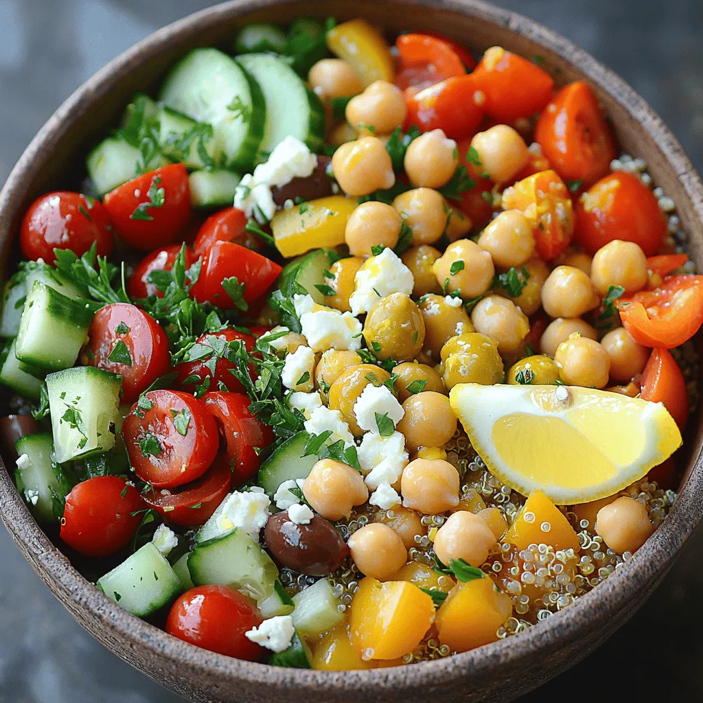 Here’s the list of ingredients you'll need for the Mediterranean Salad Bowl: - Quinoa, vegetable broth, cherry tomatoes - Cucumber, red bell pepper, red onion - Chickpeas, Kalamata olives, feta cheese - Fresh parsley, olive oil, lemon juice - Dried oregano, salt, and pepper Using these fresh and colorful ingredients makes the salad vibrant and tasty. Quinoa serves as a hearty base. It adds protein and fiber, making it filling. The vegetable broth enhances the quinoa’s flavor. Cherry tomatoes bring a juicy sweetness. Cucumbers add crunch and freshness. Red bell pepper gives a pop of color and sweetness. Red onion adds a sharp bite, balancing the flavors. Chickpeas pack in protein and fiber, making the dish hearty. Kalamata olives add a briny taste that contrasts well with the other ingredients. Feta cheese lends a creamy texture and tangy flavor. Fresh parsley brightens the dish with lots of color and a mild flavor. Olive oil and lemon juice create a simple, zesty dressing. Dried oregano adds an earthy note. Lastly, salt and pepper enhance all the flavors. You can find the Full Recipe in the article to guide you through the steps. Enjoy creating this healthy and flavorful delight! 1. In a medium-sized pot, boil 2 cups of vegetable broth or water. 2. Once it boils, add 1 cup of rinsed quinoa. 3. Lower the heat to a gentle simmer. 4. Cover the pot and cook for about 15 minutes. 5. Check that the quinoa is tender and all the liquid is gone. 6. Remove the pot from heat and let it cool for a few minutes. 1. Grab a large mixing bowl. 2. Mix in the halved cherry tomatoes, diced cucumber, diced red bell pepper, finely chopped red onion, drained chickpeas, sliced Kalamata olives, and chopped parsley. 3. Gently toss all the fresh ingredients together until combined. 1. In a small bowl, whisk together 3 tablespoons of olive oil, 2 tablespoons of lemon juice, 1 teaspoon of dried oregano, and a pinch of salt and pepper. 2. This vibrant dressing adds flavor to the salad. 1. Add the cooled quinoa to the salad mixture. 2. Pour the dressing over the top of the salad. 3. Gently toss everything together until well mixed. 4. Finally, sprinkle ½ cup of crumbled feta cheese over the salad. 5. Give it a light toss to incorporate the feta without breaking it up too much. Feeling excited? You should be! This Mediterranean Bliss Bowl is a feast for your taste buds. For the full recipe, check out the section above! To make the best quinoa, start by rinsing it well. Rinse under cold water for about 2 minutes. This step helps remove the bitter coating called saponin. After rinsing, you will notice a cleaner taste. How do you know when quinoa is done? Look for little white tails to appear. It usually takes about 15 minutes on low heat. When all the water is gone, it's ready. To boost flavor, try adjusting your seasonings. A pinch of smoked paprika can add depth. You can also add a splash of balsamic vinegar for a tangy twist. Fresh herbs elevate your dish. Try using basil or mint for a fresh taste. Chopped herbs sprinkled on top can brighten the flavors. For meal prep, serve the salad in individual bowls. This makes it easy to grab and go. You can also layer the ingredients for a beautiful look. Garnish with extra parsley and a lemon wedge. This adds color and makes the dish pop. A sprinkle of sesame seeds can also add a nice touch. For the full recipe, check out the Mediterranean Bliss Bowl. {{image_4}} You can easily switch grains in your Mediterranean salad bowl. Instead of quinoa, try farro or brown rice. Both options add a unique taste and texture. You can also use barley for a chewy bite. For protein, you can swap chickpeas with black beans or lentils. Each legume brings a different flavor, making your salad exciting. Want to add creaminess? Avocado works great in this bowl! Just slice it and mix it in. You can also add nuts for a crunchy element. Try walnuts or almonds for a tasty twist. If cheese is your thing, try goat cheese or mozzarella instead of feta. Each cheese adds a new layer of flavor. Vinaigrettes can change the whole taste. Instead of the classic, try a balsamic vinaigrette or a tahini dressing. Both will give your salad a fresh spin. To amp up your dressing, add herbs like basil or dill. These herbs can brighten the flavors and make the dish pop. You can find the full recipe [here](#). To keep your Mediterranean Bliss Bowl fresh, store leftovers in the fridge. Use airtight containers to prevent moisture loss. This keeps your salad crisp and tasty. Always let the salad cool down before sealing. This helps avoid condensation inside the container. You can freeze your Mediterranean salad bowls, but some parts work better than others. First, store the quinoa and veggies separately from the dressing. This keeps everything fresh. When you want to eat it, thaw the salad overnight in the fridge. For quicker thawing, use cold water. Just make sure to keep the dressing separate until you’re ready to serve. In the fridge, your Mediterranean Bliss Bowl lasts about three to five days. Check for signs that the salad has gone bad. If the vegetables look soggy or smell off, it's best to toss it. Always trust your senses. Fresh ingredients make this salad special, so use it up while it’s still good! A Mediterranean Salad Bowl is a vibrant and healthy dish. It combines fresh ingredients, flavors, and textures. Key components include quinoa, colorful vegetables, and protein-rich chickpeas. You often find cherry tomatoes, cucumbers, and olives in this bowl. Feta cheese adds a creamy touch. The dressing is simple yet tasty, made from olive oil, lemon juice, and herbs. This salad is perfect for lunch or dinner. Yes, you can prepare this salad in advance. Cook the quinoa and let it cool before mixing it with vegetables. Store the salad in the fridge for up to two days. Keep the dressing separate until you are ready to eat. This keeps the veggies crisp and fresh. You can pack it for lunch or serve it at a gathering. This salad pairs well with several options. You can serve it with grilled chicken or fish for extra protein. Warm pita bread also complements the flavors nicely. Consider adding a side of hummus or tzatziki for dipping. For a complete meal, you might serve it alongside a warm soup. Yes, the Mediterranean Bliss Bowl can be vegan. Simply leave out the feta cheese or use a plant-based cheese instead. All other ingredients, like quinoa, chickpeas, and fresh veggies, are naturally vegan. This makes the bowl a great option for those on a plant-based diet. Enjoy the flavors without any animal products! This Mediterranean salad bowl is simple and full of flavors. You learned how to mix fresh ingredients like quinoa, veggies, and feta. We covered easy steps for making it. Tips for better taste and presentation are helpful, too. You can also choose different ingredients based on your preference. Remember, leftovers can last for days if stored right. Enjoy making this colorful dish for meals or gatherings. It’s healthy and pleasing for everyone!