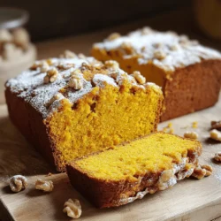 - 1 ½ cups all-purpose flour - 1 teaspoon baking powder - 1 teaspoon baking soda - ½ teaspoon salt - 1 teaspoon ground cinnamon - ½ teaspoon ground nutmeg - ¼ teaspoon ground ginger - ½ cup vegetable oil - 1 cup granulated sugar - 2 large eggs - 1 cup canned pumpkin puree - 1 teaspoon vanilla extract - ½ cup chopped walnuts or pecans In this recipe, each ingredient plays a key role. The all-purpose flour gives structure. Baking powder and baking soda create rise. Salt enhances flavor. The spices—cinnamon, nutmeg, and ginger—bring warmth and depth. The wet ingredients add moisture and sweetness. Vegetable oil keeps the bread tender. Sugar adds sweetness, while the eggs create a rich texture. Canned pumpkin puree is the star, providing flavor and moisture. If you want to add a crunchy texture, consider the optional nuts. They not only add flavor but also a nice bite. Check out the Full Recipe for all the steps to make this delicious pumpkin bread! - Preheat your oven to 350°F (175°C). - Prepare a 9x5-inch loaf pan by greasing or lining it. - In a medium bowl, whisk together: - 1 ½ cups all-purpose flour - 1 teaspoon baking powder - 1 teaspoon baking soda - ½ teaspoon salt - 1 teaspoon ground cinnamon - ½ teaspoon ground nutmeg - ¼ teaspoon ground ginger This mix brings warmth and spice. Make sure to blend well. - In a large bowl, combine: - ½ cup vegetable oil - 1 cup granulated sugar - Then, add: - 2 large eggs - 1 cup canned pumpkin puree - 1 teaspoon vanilla extract Whisk until smooth. This step creates a rich base. - Gradually fold the dry ingredients into the wet mixture. - Mix just until combined. Overmixing can make the bread dense. If you like, fold in ½ cup chopped walnuts or pecans for crunch. - Pour the batter into the loaf pan and smooth the top. - Bake for 60-70 minutes. Check doneness with a toothpick. The bread is ready when a toothpick comes out clean. - Let the bread cool in the pan for 10 minutes. - After that, transfer it to a wire rack. This cooling helps enhance the flavor and texture. For the full recipe, visit the link provided. To keep your pumpkin bread moist, avoid overmixing. Mix just until combined. Overmixing adds air and can make the bread dense. Use fresh pumpkin puree for more flavor. Fresh puree gives a richer taste than canned. Always check for doneness before the baking time ends. This helps you avoid overbaking. Insert a toothpick into the center. If it comes out clean, the bread is done. Rotate the pan halfway through baking. This ensures even cooking and a perfect rise. Serve your warm pumpkin bread with powdered sugar on top. Cream cheese makes a great spread, too. For a charming gift, wrap the bread in parchment paper. Secure it with twine for a rustic look that impresses. {{image_4}} You can make your pumpkin bread even more fun. Try adding chocolate chips or dried cranberries for a tasty twist. These add-ins bring a new layer of flavor that kids and adults love. You can also swap out spices. Try using cardamom or cloves to create a chai-flavored version. This gives your bread a warm and cozy vibe. For a healthier option, use whole wheat flour instead of all-purpose flour. Whole wheat adds fiber and nutrients, making your bread more wholesome. If you want a less sugary bread, replace granulated sugar with coconut sugar. Coconut sugar has a lower glycemic index, making it a better choice for some people. If you want to make a vegan version, you can use plant-based eggs. Flaxseed meal mixed with water works well. Instead of vegetable oil, try using coconut oil or applesauce. These options keep the bread moist and delicious while being completely plant-based. This way, everyone can enjoy your easy pumpkin bread! Try the full recipe to see how these variations can work for you. Store your pumpkin bread at room temperature in an airtight container. It will stay fresh for up to 3 days. This keeps the bread moist and tasty. Just remember to check for any signs of spoilage before enjoying another slice. If you want your pumpkin bread to last longer, refrigerate it. It can stay fresh for up to a week in the fridge. Wrap it well to prevent it from drying out. This helps keep the flavors intact, and you can enjoy it for breakfast or a snack. For even longer storage, you can freeze the bread. Wrap it tightly in plastic wrap, then place it in a freezer-safe bag. This way, it can last for up to 3 months. When you're ready to eat, just thaw it in the fridge overnight or at room temperature for a few hours. You’ll have delicious pumpkin bread ready to enjoy anytime! For the complete making process, check out the Full Recipe. Total preparation and cooking time is approximately 1 hour and 20 minutes. This includes about 15 minutes to prep the ingredients and 60 to 70 minutes of baking time. You can easily fit this into your day, and the smell of baking bread will be worth it! Yes, fresh pumpkin can be pureed and used as a substitute for canned. To do this, cook the pumpkin until soft, then mash or blend it until smooth. This adds a fresh taste and extra nutrition to your bread! Enjoy it with cream cheese, butter, or a sprinkle of cinnamon sugar. Each option adds a unique flavor that pairs well with the bread's warmth and spices. You can even make a fun breakfast out of it! Overmixing the batter or improperly measuring the flour can result in density. To keep it light, mix the ingredients just until combined. This will help your pumpkin bread rise beautifully and stay soft. This blog post covers all you need for easy pumpkin bread. We discussed key dry and wet ingredients, including optional add-ins. I shared step-by-step instructions to help you bake perfectly every time. Alongside tips for moisture and variations, we explored storage methods for lasting freshness. Remember, baking is fun, so feel free to try new flavors. With practice, you’ll create delicious bread that impresses everyone. Enjoy every bite and share this recipe with others!