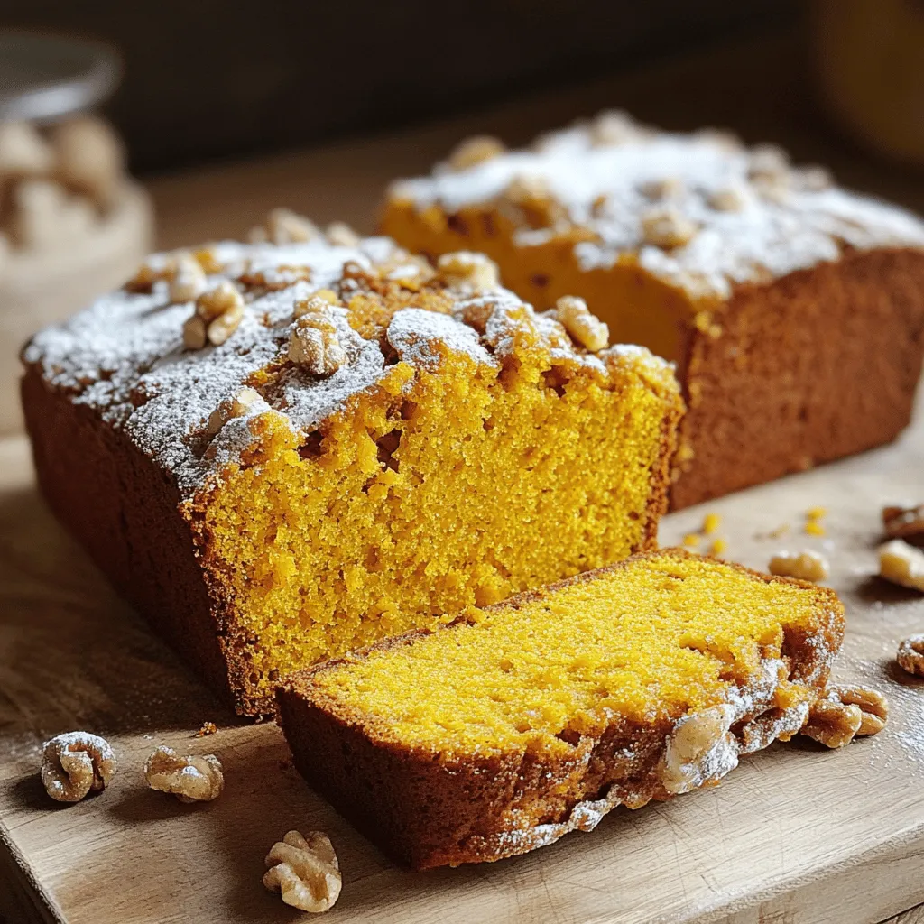 - 1 ½ cups all-purpose flour - 1 teaspoon baking powder - 1 teaspoon baking soda - ½ teaspoon salt - 1 teaspoon ground cinnamon - ½ teaspoon ground nutmeg - ¼ teaspoon ground ginger - ½ cup vegetable oil - 1 cup granulated sugar - 2 large eggs - 1 cup canned pumpkin puree - 1 teaspoon vanilla extract - ½ cup chopped walnuts or pecans In this recipe, each ingredient plays a key role. The all-purpose flour gives structure. Baking powder and baking soda create rise. Salt enhances flavor. The spices—cinnamon, nutmeg, and ginger—bring warmth and depth. The wet ingredients add moisture and sweetness. Vegetable oil keeps the bread tender. Sugar adds sweetness, while the eggs create a rich texture. Canned pumpkin puree is the star, providing flavor and moisture. If you want to add a crunchy texture, consider the optional nuts. They not only add flavor but also a nice bite. Check out the Full Recipe for all the steps to make this delicious pumpkin bread! - Preheat your oven to 350°F (175°C). - Prepare a 9x5-inch loaf pan by greasing or lining it. - In a medium bowl, whisk together: - 1 ½ cups all-purpose flour - 1 teaspoon baking powder - 1 teaspoon baking soda - ½ teaspoon salt - 1 teaspoon ground cinnamon - ½ teaspoon ground nutmeg - ¼ teaspoon ground ginger This mix brings warmth and spice. Make sure to blend well. - In a large bowl, combine: - ½ cup vegetable oil - 1 cup granulated sugar - Then, add: - 2 large eggs - 1 cup canned pumpkin puree - 1 teaspoon vanilla extract Whisk until smooth. This step creates a rich base. - Gradually fold the dry ingredients into the wet mixture. - Mix just until combined. Overmixing can make the bread dense. If you like, fold in ½ cup chopped walnuts or pecans for crunch. - Pour the batter into the loaf pan and smooth the top. - Bake for 60-70 minutes. Check doneness with a toothpick. The bread is ready when a toothpick comes out clean. - Let the bread cool in the pan for 10 minutes. - After that, transfer it to a wire rack. This cooling helps enhance the flavor and texture. For the full recipe, visit the link provided. To keep your pumpkin bread moist, avoid overmixing. Mix just until combined. Overmixing adds air and can make the bread dense. Use fresh pumpkin puree for more flavor. Fresh puree gives a richer taste than canned. Always check for doneness before the baking time ends. This helps you avoid overbaking. Insert a toothpick into the center. If it comes out clean, the bread is done. Rotate the pan halfway through baking. This ensures even cooking and a perfect rise. Serve your warm pumpkin bread with powdered sugar on top. Cream cheese makes a great spread, too. For a charming gift, wrap the bread in parchment paper. Secure it with twine for a rustic look that impresses. {{image_4}} You can make your pumpkin bread even more fun. Try adding chocolate chips or dried cranberries for a tasty twist. These add-ins bring a new layer of flavor that kids and adults love. You can also swap out spices. Try using cardamom or cloves to create a chai-flavored version. This gives your bread a warm and cozy vibe. For a healthier option, use whole wheat flour instead of all-purpose flour. Whole wheat adds fiber and nutrients, making your bread more wholesome. If you want a less sugary bread, replace granulated sugar with coconut sugar. Coconut sugar has a lower glycemic index, making it a better choice for some people. If you want to make a vegan version, you can use plant-based eggs. Flaxseed meal mixed with water works well. Instead of vegetable oil, try using coconut oil or applesauce. These options keep the bread moist and delicious while being completely plant-based. This way, everyone can enjoy your easy pumpkin bread! Try the full recipe to see how these variations can work for you. Store your pumpkin bread at room temperature in an airtight container. It will stay fresh for up to 3 days. This keeps the bread moist and tasty. Just remember to check for any signs of spoilage before enjoying another slice. If you want your pumpkin bread to last longer, refrigerate it. It can stay fresh for up to a week in the fridge. Wrap it well to prevent it from drying out. This helps keep the flavors intact, and you can enjoy it for breakfast or a snack. For even longer storage, you can freeze the bread. Wrap it tightly in plastic wrap, then place it in a freezer-safe bag. This way, it can last for up to 3 months. When you're ready to eat, just thaw it in the fridge overnight or at room temperature for a few hours. You’ll have delicious pumpkin bread ready to enjoy anytime! For the complete making process, check out the Full Recipe. Total preparation and cooking time is approximately 1 hour and 20 minutes. This includes about 15 minutes to prep the ingredients and 60 to 70 minutes of baking time. You can easily fit this into your day, and the smell of baking bread will be worth it! Yes, fresh pumpkin can be pureed and used as a substitute for canned. To do this, cook the pumpkin until soft, then mash or blend it until smooth. This adds a fresh taste and extra nutrition to your bread! Enjoy it with cream cheese, butter, or a sprinkle of cinnamon sugar. Each option adds a unique flavor that pairs well with the bread's warmth and spices. You can even make a fun breakfast out of it! Overmixing the batter or improperly measuring the flour can result in density. To keep it light, mix the ingredients just until combined. This will help your pumpkin bread rise beautifully and stay soft. This blog post covers all you need for easy pumpkin bread. We discussed key dry and wet ingredients, including optional add-ins. I shared step-by-step instructions to help you bake perfectly every time. Alongside tips for moisture and variations, we explored storage methods for lasting freshness. Remember, baking is fun, so feel free to try new flavors. With practice, you’ll create delicious bread that impresses everyone. Enjoy every bite and share this recipe with others!