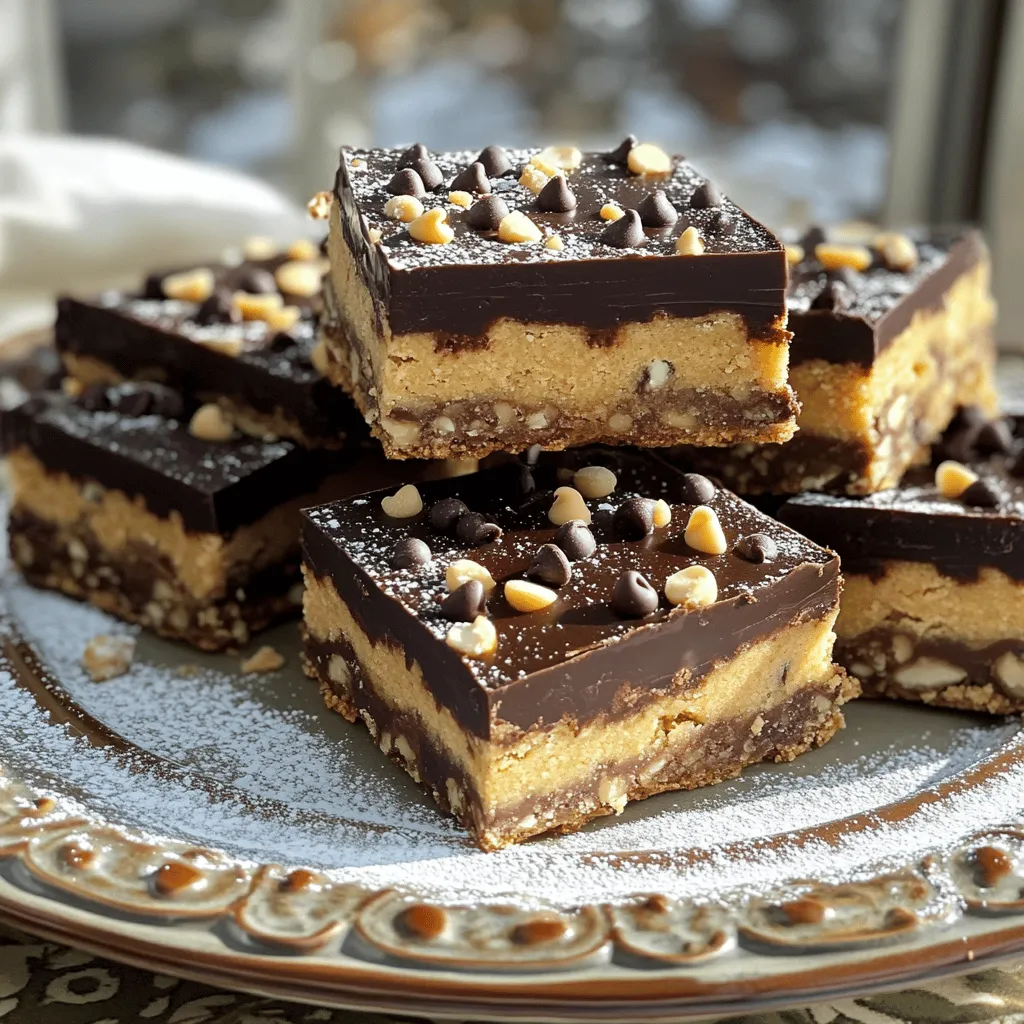 To make the best cookie dough bars, you need some key ingredients. Each plays a part in creating that rich, creamy flavor. Here’s what you will need: - 1 cup unsalted butter, softened - 3/4 cup packed brown sugar - 1/4 cup granulated sugar - 2 teaspoons pure vanilla extract - 2 cups all-purpose flour - 1/2 teaspoon fine sea salt - 1 can (14 oz) sweetened condensed milk - 1 cup mini chocolate chips - 1/2 cup chopped nuts (optional) - 1 cup dark chocolate chips (for topping) The butter gives the bars a rich base. The sugars add sweetness and moisture. Vanilla extract enhances the flavor. Flour helps to bind it all together. Sea salt balances the sweetness. Sweetened condensed milk makes the dough creamy. Chocolate chips add bursts of chocolate goodness. If you like, you can add nuts for crunch. Finally, dark chocolate on top makes it all come together beautifully. When you gather these ingredients, you set the stage for a delicious treat. This recipe is simple and lets you enjoy the joy of cookie dough in a new way. For the full recipe, check the section below. 1. Creaming the butter and sugars Start by placing the softened butter in a large bowl. Add the packed brown sugar and granulated sugar. Use an electric mixer to beat them together. Mix until the mixture is light and fluffy. This takes about 2-3 minutes. 2. Mixing in the wet ingredients Next, pour in 2 teaspoons of pure vanilla extract. Blend this in until it is fully mixed. This step adds great flavor to your bars. 3. Incorporating flour and salt Gradually sift in 2 cups of all-purpose flour. Sprinkle in 1/2 teaspoon of fine sea salt. Mix just until combined. Be careful not to overmix, as this can make your bars tough. 1. Adding sweetened condensed milk Slowly pour in 1 can (14 oz) of sweetened condensed milk. Mix on low speed or by hand until the dough is smooth and creamy. This gives the bars their rich texture. 2. Folding in chocolate chips and nuts Gently fold in 1 cup of mini chocolate chips and 1/2 cup of chopped nuts, if you like. Make sure they are evenly distributed throughout the dough. 3. Pressing the dough into the baking dish Take a 9x9 inch baking dish and line it with parchment paper. Leave some paper hanging over the sides. This helps lift the bars out later. Use a spatula to press the dough evenly into the dish. Make sure the surface is smooth. 1. Melting dark chocolate chips In a microwave-safe bowl, add 1 cup of dark chocolate chips. Heat them in 30-second bursts. Stir well in between until the chocolate is completely smooth. 2. Spreading melted chocolate over the bars Carefully pour the melted chocolate over the pressed cookie dough layer. Use a spatula to spread it evenly across the top. This gives a delicious finish. 3. Refrigeration time Cover the baking dish with plastic wrap. Place it in the fridge for at least 2 hours. This helps the bars become firm. Once they set, lift them out using the overhanging parchment paper. Cut into 16 squares and enjoy! For the Full Recipe, refer back to the main article for all the details. How to avoid overmixing To avoid overmixing, mix the dough just until you see no dry flour. This keeps the bars soft and chewy. Stir gently when adding the sweetened condensed milk. Ensuring the right dough texture Your dough should be smooth and creamy. If it feels too thick, you can add a splash of milk. If it seems too thin, add a bit more flour. Tips for a smooth chocolate topping Melt your dark chocolate chips slowly. Use short bursts in the microwave, stirring in between. This helps prevent burning and gives you a nice, glossy finish. Plating and presentation ideas Place the cookie dough bars on a bright plate. You can dust them with powdered sugar for a nice touch. Adding a few mini chocolate chips on top makes them look fancy. Pairing options with beverages These bars pair well with milk, coffee, or even hot chocolate. The sweet dough and rich chocolate make a perfect match with any of these drinks. Suggestions for flavor add-ins You can add a pinch of cinnamon or a dash of nutmeg for warmth. A splash of almond extract gives a nice twist too. Using different types of chocolate Try using milk chocolate or white chocolate chips for a different flavor. You can mix and match types of chocolate for a fun taste experience. For more details, check out the Full Recipe for Cookie Dough Bliss Bars. {{image_4}} You can easily change up the flavors in cookie dough bars. Here are three tasty ideas: - Brownie cookie dough bars: Mix cocoa powder into the dough. Add chocolate chunks for a rich taste. You’ll get a brownie-like flavor that’s irresistible. - Peanut butter cookie dough bars: Replace some butter with creamy peanut butter. This will add a nutty twist that many love. You can also add chopped peanuts for extra crunch. - Oatmeal cookie dough bars: Stir in oats and a dash of cinnamon. This gives a chewy texture and a warm flavor. You can even add raisins or chocolate chips for fun. You can enjoy cookie dough bars even if you have dietary needs: - Gluten-free version: Swap all-purpose flour with almond or coconut flour. This makes the bars gluten-free and adds a nice flavor. Just make sure to follow the same measurements. - Vegan alternatives: Use vegan butter and replace sweetened condensed milk with coconut cream. This way, you keep the creamy texture while making the bars vegan-friendly. Toppings can take your cookie dough bars to the next level: - Drizzled caramel or ganache: Melt caramel or chocolate for a tasty drizzle. This adds richness and makes the bars look fancy. - Sprinkled candy or sprinkles: Add colorful candy or sprinkles on top. This is a fun way to make the bars festive and appealing to kids. These variations let you customize your cookie dough bars. You can make them fit your taste and dietary needs easily! To keep your cookie dough bars fresh, use airtight containers. Glass or plastic containers work well. Line the container with parchment paper to avoid sticking. Seal the container tightly. This keeps air out and moisture in. You can store cookie dough bars for about one week at room temperature. If you keep them in the fridge, they can last up to two weeks. Check for signs of spoilage like a strange smell or mold. If you see these, it's time to toss them. To freeze cookie dough bars, cut them into squares. Place them in a single layer on a baking sheet. Freeze for about two hours. Once frozen, transfer them to a freezer bag. This way, they won't stick together. For best results, eat them within three months. To thaw, simply leave them at room temperature for a few hours. You can also microwave for 15-20 seconds for a quick fix. For the full recipe, visit the detailed section. How to make cookie dough bars without eggs? To make cookie dough bars without eggs, simply leave them out. You can use sweetened condensed milk instead. This gives a creamy texture and sweetness. Can I use other types of flour? Yes, you can use other flours. Almond flour or oat flour works well. Just remember, different flours may change the taste and texture. Where can I find premade cookie dough bars? You can find premade cookie dough bars at most grocery stores. Look in the frozen section or the snack aisle. Some bakeries may also sell them fresh. How to customize cookie dough bars for special occasions? To customize cookie dough bars, add fun toppings. You can use sprinkles, crushed cookies, or even colored chocolate chips. These add color and fun to your treats. Are cookie dough bars safe to eat if they contain raw flour? Raw flour can have harmful bacteria. To make cookie dough bars safe, heat the flour first. Spread it on a baking sheet and bake at 350°F for 5 minutes. Let it cool before using it in your recipe. For the Full Recipe, check out the detailed steps and ingredients I provided earlier! Making cookie dough bliss bars is a fun and easy process. First, you cream the butter and sugars together. This makes the mix light and fluffy. Next, you blend in the vanilla extract. Then, gradually sift in the flour and salt. Mix until just combined. After that, you slowly add the sweetened condensed milk. This step gives the dough its creamy texture. Next, fold in the mini chocolate chips and nuts if you want. The nuts add a nice crunch. Prepare a 9x9 inch baking dish by lining it with parchment paper. This makes it easy to lift out the bars later. Press the dough evenly into the dish. Make sure the surface is smooth. Now, melt the dark chocolate chips in a microwave-safe bowl. Heat in 30-second intervals, stirring well until smooth. Pour this melted chocolate over the pressed cookie dough. Spread it evenly with a spatula. Cover the dish and refrigerate for at least 2 hours. This helps the bars set properly. After they are firm, lift the bars out using the parchment paper. Place them on a cutting board and slice into 16 squares. You can serve them chilled or at room temperature. This simple recipe is great for any occasion. You can find the full recipe to guide you step-by-step as you create these delightful treats. You now have all you need to make delicious cookie dough bars. We covered the key ingredients, step-by-step instructions, and helpful tips. You learned about flavor variations and how to store your bars for freshness. With this recipe, you can create a treat that delights everyone. These bars are fun, easy, and perfect for sharing. Enjoy making them your own, and let your creativity shine. The sweet taste of success is just a bake away!