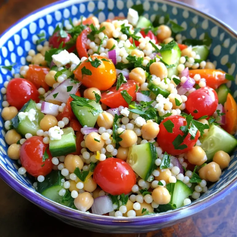 To make this Pearl Couscous Chickpea Salad, gather these ingredients: - 1 cup pearl couscous - 1 can (15 oz) chickpeas, thoroughly rinsed and drained - 1 medium red bell pepper, diced into bite-sized pieces - 1 cup cherry tomatoes, halved - 1 medium cucumber, diced - 1/4 small red onion, finely chopped - 1/4 cup fresh parsley, coarsely chopped - 1/4 cup feta cheese, crumbled (optional, for garnish) - 3 tablespoons extra-virgin olive oil - 2 tablespoons freshly squeezed lemon juice - 1 teaspoon ground cumin - Salt and freshly cracked pepper, to taste You can easily alter this salad to fit your needs. For a gluten-free option, use quinoa instead of pearl couscous. If you want a vegan version, leave out the feta cheese. You can also add cooked chicken or tuna for extra protein. Swap out the chickpeas for black beans if you like a different taste. Feel free to mix in your favorite veggies like carrots or spinach. Each serving of this salad is packed with nutrients. It contains about: - Calories: 280 - Protein: 10g - Carbohydrates: 38g - Fat: 12g - Fiber: 7g This dish is not only tasty but also healthy. It's a perfect meal for lunch or dinner. You can find the full recipe to create this delightful salad in the main article. Enjoy making it! To start, bring 1.5 cups of water to a boil in a medium pot. Add a pinch of salt and stir in 1 cup of pearl couscous. Lower the heat and cover the pot. Let it simmer for 8-10 minutes. The couscous should be tender but still firm. Once cooked, remove it from heat and let it cool. While your couscous cools, wash and chop the vegetables. Dice 1 medium red bell pepper and 1 medium cucumber into small pieces. Cut 1 cup of cherry tomatoes in half. Finely chop 1/4 small red onion. In a large bowl, mix the chopped veggies with 1 can of rinsed chickpeas and 1/4 cup of chopped parsley. Next, grab a small bowl. Whisk together 3 tablespoons of extra-virgin olive oil, 2 tablespoons of freshly squeezed lemon juice, and 1 teaspoon of ground cumin. Add salt and freshly cracked pepper to taste. This dressing will bring a bright flavor to your salad. Once your couscous has cooled, add it to the bowl with the veggies and chickpeas. Drizzle the dressing over the top. Use a spatula or large spoon to gently toss everything together. Make sure all the ingredients are well coated. For the full recipe, follow the instructions carefully for the best results! To get the best texture for your pearl couscous, cook it just right. Follow the instructions closely. Use a medium saucepan and bring 1.5 cups of water to a boil. Add a pinch of salt and then stir in the couscous. Lower the heat, cover, and let it simmer for 8 to 10 minutes. It should be tender but still firm, or al dente. After cooking, let it cool before mixing it with other ingredients. This keeps it from getting mushy. Flavor is key in this salad. Use fresh ingredients for the best taste. Add a squeeze of lemon juice for brightness. Ground cumin gives it a warm, earthy flavor. Don't forget to salt and pepper to taste. You can also mix in herbs like dill or mint for a fresh twist. If you like spice, try adding a pinch of cayenne pepper. This will add a nice kick to your dish. Serving your salad well makes it even more enjoyable. Use a large, colorful bowl to show off the vibrant ingredients. For a personal touch, serve in individual plates. Garnish with crumbled feta cheese for creaminess. A lemon wedge on the side adds a fun touch. This dish looks great and tastes even better. Remember to chill it for at least 30 minutes before serving. This helps the flavors come together. For details on making this dish, check the Full Recipe. {{image_4}} To boost protein in your salad, consider adding grilled chicken or shrimp. These options work well with the flavors. If you prefer plant-based options, try adding edamame or diced tofu. These choices provide healthy protein and keep the dish light. If you want a vegan option, skip the feta cheese. This will keep your salad plant-based. For gluten-free versions, swap pearl couscous with quinoa. Quinoa has a similar texture and is also high in protein. Both adjustments make the dish friendly for various diets. Change the veggies based on the season. In spring, add fresh peas and asparagus. Summer is perfect for sweet corn and zucchini. Fall brings great options like roasted butternut squash. Winter can include roasted Brussels sprouts or kale. These swaps keep your salad exciting and fresh all year round. For the full recipe, check the link above. When you have leftover pearl couscous chickpea salad, store it in an airtight container. This keeps the salad fresh and prevents it from drying out. Place it in the fridge as soon as possible. If you want to keep it for later, avoid adding the dressing until you are ready to eat. This helps maintain the salad's crunch. The salad will last for about three to five days in the fridge. After three days, check for any changes in smell or texture. If it looks or smells off, it's best to toss it. To keep it fresh for longer, store it in smaller containers for easy access. If you want to freeze the salad, it’s best to do so without the dressing. Place the salad in a freezer-safe bag or container. Make sure to remove as much air as possible before sealing. It can last up to three months in the freezer. When you are ready to eat, thaw it in the fridge overnight. Then, add the dressing just before serving. This will bring back the fresh flavors of your zesty pearl couscous chickpea salad. For the full recipe, check out the main article. You can make this salad a day in advance. Prepare the pearl couscous and chop the veggies as usual. Mix everything except the dressing and feta cheese. Store it in an airtight container in the fridge. Add the dressing and feta just before serving. This keeps the salad fresh and tasty. If you want to skip feta, try goat cheese or even avocado. Both add creaminess and flavor. You might also use a vegan cheese for a dairy-free option. Experiment with these substitutes to find what you like best! Store leftover salad in an airtight container. It lasts up to three days in the fridge. I do not recommend reheating this salad. The fresh veggies will lose their crispness. Enjoy it cold for the best taste. Yes, you can use whole wheat couscous. It adds more fiber and a nuttier flavor. The cooking time may be a bit longer, so check the package for details. Whole wheat couscous makes a great healthy swap! For the complete recipe, check out the [Full Recipe]. In this blog post, we explored how to make a delicious pearl couscous chickpea salad. We covered the key ingredients, dietary options, and nutrition details. I shared step-by-step cooking instructions, tips for perfect texture, and flavor boosts. We also looked at variations to keep it fresh and exciting. Lastly, we discussed how to store leftovers to enjoy later. Remember, cooking can be simple and fun. You have all the tools to create a tasty salad that meets your needs. Enjoy your culinary journey!