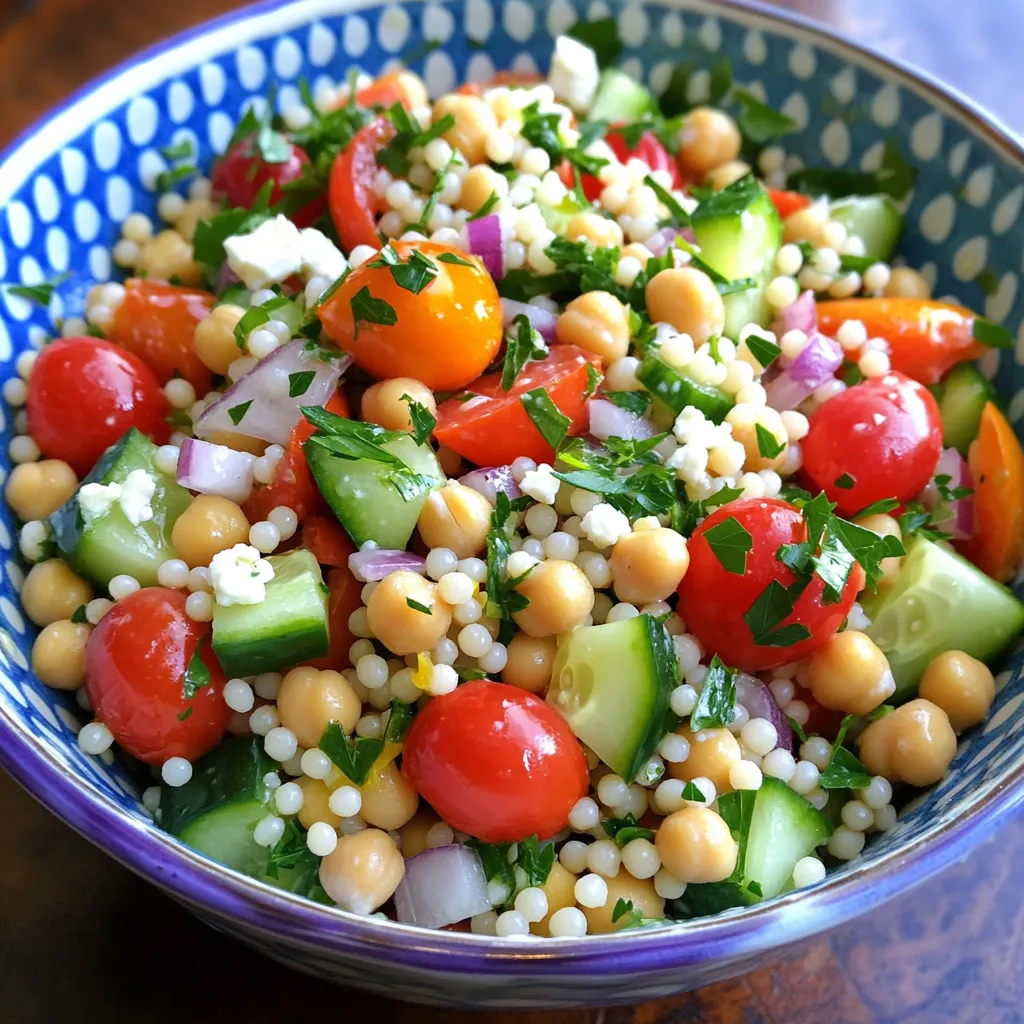 To make this Pearl Couscous Chickpea Salad, gather these ingredients: - 1 cup pearl couscous - 1 can (15 oz) chickpeas, thoroughly rinsed and drained - 1 medium red bell pepper, diced into bite-sized pieces - 1 cup cherry tomatoes, halved - 1 medium cucumber, diced - 1/4 small red onion, finely chopped - 1/4 cup fresh parsley, coarsely chopped - 1/4 cup feta cheese, crumbled (optional, for garnish) - 3 tablespoons extra-virgin olive oil - 2 tablespoons freshly squeezed lemon juice - 1 teaspoon ground cumin - Salt and freshly cracked pepper, to taste You can easily alter this salad to fit your needs. For a gluten-free option, use quinoa instead of pearl couscous. If you want a vegan version, leave out the feta cheese. You can also add cooked chicken or tuna for extra protein. Swap out the chickpeas for black beans if you like a different taste. Feel free to mix in your favorite veggies like carrots or spinach. Each serving of this salad is packed with nutrients. It contains about: - Calories: 280 - Protein: 10g - Carbohydrates: 38g - Fat: 12g - Fiber: 7g This dish is not only tasty but also healthy. It's a perfect meal for lunch or dinner. You can find the full recipe to create this delightful salad in the main article. Enjoy making it! To start, bring 1.5 cups of water to a boil in a medium pot. Add a pinch of salt and stir in 1 cup of pearl couscous. Lower the heat and cover the pot. Let it simmer for 8-10 minutes. The couscous should be tender but still firm. Once cooked, remove it from heat and let it cool. While your couscous cools, wash and chop the vegetables. Dice 1 medium red bell pepper and 1 medium cucumber into small pieces. Cut 1 cup of cherry tomatoes in half. Finely chop 1/4 small red onion. In a large bowl, mix the chopped veggies with 1 can of rinsed chickpeas and 1/4 cup of chopped parsley. Next, grab a small bowl. Whisk together 3 tablespoons of extra-virgin olive oil, 2 tablespoons of freshly squeezed lemon juice, and 1 teaspoon of ground cumin. Add salt and freshly cracked pepper to taste. This dressing will bring a bright flavor to your salad. Once your couscous has cooled, add it to the bowl with the veggies and chickpeas. Drizzle the dressing over the top. Use a spatula or large spoon to gently toss everything together. Make sure all the ingredients are well coated. For the full recipe, follow the instructions carefully for the best results! To get the best texture for your pearl couscous, cook it just right. Follow the instructions closely. Use a medium saucepan and bring 1.5 cups of water to a boil. Add a pinch of salt and then stir in the couscous. Lower the heat, cover, and let it simmer for 8 to 10 minutes. It should be tender but still firm, or al dente. After cooking, let it cool before mixing it with other ingredients. This keeps it from getting mushy. Flavor is key in this salad. Use fresh ingredients for the best taste. Add a squeeze of lemon juice for brightness. Ground cumin gives it a warm, earthy flavor. Don't forget to salt and pepper to taste. You can also mix in herbs like dill or mint for a fresh twist. If you like spice, try adding a pinch of cayenne pepper. This will add a nice kick to your dish. Serving your salad well makes it even more enjoyable. Use a large, colorful bowl to show off the vibrant ingredients. For a personal touch, serve in individual plates. Garnish with crumbled feta cheese for creaminess. A lemon wedge on the side adds a fun touch. This dish looks great and tastes even better. Remember to chill it for at least 30 minutes before serving. This helps the flavors come together. For details on making this dish, check the Full Recipe. {{image_4}} To boost protein in your salad, consider adding grilled chicken or shrimp. These options work well with the flavors. If you prefer plant-based options, try adding edamame or diced tofu. These choices provide healthy protein and keep the dish light. If you want a vegan option, skip the feta cheese. This will keep your salad plant-based. For gluten-free versions, swap pearl couscous with quinoa. Quinoa has a similar texture and is also high in protein. Both adjustments make the dish friendly for various diets. Change the veggies based on the season. In spring, add fresh peas and asparagus. Summer is perfect for sweet corn and zucchini. Fall brings great options like roasted butternut squash. Winter can include roasted Brussels sprouts or kale. These swaps keep your salad exciting and fresh all year round. For the full recipe, check the link above. When you have leftover pearl couscous chickpea salad, store it in an airtight container. This keeps the salad fresh and prevents it from drying out. Place it in the fridge as soon as possible. If you want to keep it for later, avoid adding the dressing until you are ready to eat. This helps maintain the salad's crunch. The salad will last for about three to five days in the fridge. After three days, check for any changes in smell or texture. If it looks or smells off, it's best to toss it. To keep it fresh for longer, store it in smaller containers for easy access. If you want to freeze the salad, it’s best to do so without the dressing. Place the salad in a freezer-safe bag or container. Make sure to remove as much air as possible before sealing. It can last up to three months in the freezer. When you are ready to eat, thaw it in the fridge overnight. Then, add the dressing just before serving. This will bring back the fresh flavors of your zesty pearl couscous chickpea salad. For the full recipe, check out the main article. You can make this salad a day in advance. Prepare the pearl couscous and chop the veggies as usual. Mix everything except the dressing and feta cheese. Store it in an airtight container in the fridge. Add the dressing and feta just before serving. This keeps the salad fresh and tasty. If you want to skip feta, try goat cheese or even avocado. Both add creaminess and flavor. You might also use a vegan cheese for a dairy-free option. Experiment with these substitutes to find what you like best! Store leftover salad in an airtight container. It lasts up to three days in the fridge. I do not recommend reheating this salad. The fresh veggies will lose their crispness. Enjoy it cold for the best taste. Yes, you can use whole wheat couscous. It adds more fiber and a nuttier flavor. The cooking time may be a bit longer, so check the package for details. Whole wheat couscous makes a great healthy swap! For the complete recipe, check out the [Full Recipe]. In this blog post, we explored how to make a delicious pearl couscous chickpea salad. We covered the key ingredients, dietary options, and nutrition details. I shared step-by-step cooking instructions, tips for perfect texture, and flavor boosts. We also looked at variations to keep it fresh and exciting. Lastly, we discussed how to store leftovers to enjoy later. Remember, cooking can be simple and fun. You have all the tools to create a tasty salad that meets your needs. Enjoy your culinary journey!
