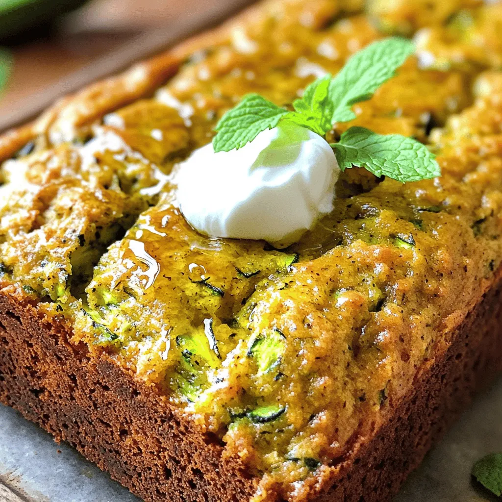 When I make olive oil zucchini bread, I focus on fresh and simple ingredients. Here is what you need: - 2 cups finely grated zucchini - 1/2 cup high-quality extra virgin olive oil - 3 large eggs, at room temperature - 1 cup granulated sugar - 1 teaspoon pure vanilla extract - 2 cups all-purpose flour - 1 teaspoon baking powder - 1 teaspoon baking soda - 1/2 teaspoon sea salt - 1 teaspoon ground cinnamon - 1/2 teaspoon ground nutmeg - Optional: 1/2 cup chopped walnuts, 1/2 cup raisins, or semi-sweet chocolate chips Each ingredient plays a key role in making this bread moist and flavorful. The grated zucchini adds moisture and a subtle sweetness. Olive oil provides richness and depth. Eggs help bind everything together, while sugar adds sweetness. The spices bring warmth and a hint of spice to every bite. Using high-quality olive oil enhances the overall flavor. The optional nuts or chocolate chips add texture and extra flavor. If you want to try a variation, consider using different spices or nuts. For the full recipe, you can check the details above. Enjoy your baking! - Preheat the oven to 350°F (175°C). - Grease a 9x5-inch loaf pan. - In a bowl, mix olive oil, eggs, sugar, and vanilla. - Stir in the grated zucchini until fully combined. - In a separate bowl, sift flour, baking powder, and spices. - Gently fold the dry mix into the wet mix. Do not overmix. - If you like, add walnuts or raisins, and mix them in. - Pour the batter into your greased loaf pan and smooth the top. - Bake for 50-60 minutes. Use a toothpick to check for doneness. It should come out clean. For the full recipe, check the details above! To keep your zucchini bread fresh, wrap it in plastic wrap. This helps seal in moisture. Store it at room temperature for up to three days. If you want to keep it longer, freeze it. Slice the bread first for easy thawing. Wrap each slice in plastic wrap and place in a freezer bag. It can last up to three months in the freezer. Overmixing the batter makes the bread dense. Mix just until you see no dry flour. This will help keep your bread light and fluffy. Also, use room temperature eggs. Cold eggs can lower the batter's temperature, affecting the rise. While cinnamon and nutmeg are great, consider adding ginger or cardamom for a twist. These spices bring warmth and depth. For olive oil, choose high-quality extra virgin. It offers rich flavor and health benefits. Look for a bright green color and a fruity aroma when selecting your oil. For the complete process, check out the Full Recipe. {{image_4}} You can make your olive oil zucchini bread even more exciting with some fun additions. - Nuts and Dried Fruits: Try different nuts like almonds or pecans. You can also add dried fruits like cranberries or apricots for a sweet twist. Each choice brings its own unique flavor and texture. - Chocolate-Infused: Want a chocolatey kick? Add 1/3 cup of cocoa powder to the batter. This will give your bread a rich, decadent taste. If you prefer, swap out the raisins for semi-sweet chocolate chips. This makes it a treat everyone will love! Making this zucchini bread fit your diet is easy. - Gluten-Free: If you need a gluten-free option, replace the all-purpose flour with almond or coconut flour. Both flours work well, but you may need to adjust the liquid a bit. Start with less and add more if needed. - Vegan Substitutions: For a vegan version, use flax eggs instead of regular eggs. Mix 1 tablespoon of ground flaxseed with 2.5 tablespoons of water for each egg. For dairy, use plant-based milk instead of regular milk if your recipe calls for it. This way, you can enjoy the bread without any animal products. These simple changes let you enjoy olive oil zucchini bread in many ways! For the full recipe, check out the detailed instructions. To keep your olive oil zucchini bread fresh, store it in the fridge. Wrap it in plastic wrap or place it in an airtight container. This method helps keep the moisture locked in. It stays fresh for up to a week. If you want a quick snack, you can slice it and grab a piece anytime! For long-term storage, freezing is the way to go. Slice the zucchini bread into pieces and wrap each slice in plastic wrap. Place the wrapped slices in a freezer bag. Be sure to remove as much air as possible. This helps prevent freezer burn. Your bread can last for up to three months this way. When you crave a slice, simply thaw it overnight in the fridge. To reheat your zucchini bread, use the oven or microwave. In the oven, preheat to 350°F (175°C). Place the slices on a baking sheet and warm them for 10 minutes. This method keeps the bread moist and tasty. If using the microwave, heat each slice for about 15-20 seconds. Check to make sure it doesn’t get too hot. Enjoy your delicious, warm bread! Can I use other types of oil instead of olive oil? Yes, you can use other oils. Canola, avocado, or melted coconut oil work well. Olive oil gives a rich flavor, but other oils can be good too. Just keep in mind that each oil has its own taste. What is the best way to serve zucchini bread? Zucchini bread tastes great warm or at room temperature. Slice it thick and enjoy it plain, or spread some cream cheese on top. A drizzle of more olive oil adds a nice touch. Fresh herbs like mint can make it look pretty too. Is it necessary to peel the zucchini before using? No, you do not need to peel the zucchini. The skin has nutrients and adds color. Just wash the zucchini well and grate it. This way, you keep all the good stuff in the bread. How can I tell if my zucchini bread is done baking? You can check if the bread is done by inserting a toothpick in the center. If it comes out clean or with a few crumbs, it’s ready. The top should look golden and slightly firm to the touch. Can I substitute the sugar with a healthier option? Yes, you can swap granulated sugar with honey or maple syrup. If you use a liquid sweetener, you may need to reduce the liquid in the recipe. You can also try using coconut sugar for a more natural option. Olive oil zucchini bread brings together simple, fresh ingredients for a tasty treat. We covered the essential ingredients, detailed instructions, and helpful tips to ensure your bread turns out perfectly. Remember, don’t overmix for a light texture and feel free to explore add-ins for flavor. This recipe is not just healthy; it’s fun to customize! Enjoy every slice, knowing you made something special and delicious.