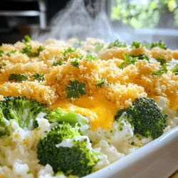 - 2 cups cooked rice (white or brown) - 2 cups fresh broccoli florets (or frozen) - 1 cup shredded cheddar cheese - ½ cup cream cheese, room temperature - 1 cup vegetable broth - 1 cup milk (can substitute almond or oat milk) - 1 teaspoon garlic powder - 1 teaspoon onion powder - ½ teaspoon black pepper - 1 tablespoon olive oil - 1 cup breadcrumbs (Panko for extra crunch) - Optional: ¼ cup grated Parmesan cheese Gathering the right ingredients is key to a great casserole. The rice forms the base, and you can use either white or brown rice. The broccoli adds a fresh crunch and nutrients. The cheddar and cream cheese give it that cheesy goodness we love. For the liquid, vegetable broth and milk create a creamy mix. You can even swap the milk for almond or oat milk if you prefer. The seasonings like garlic powder and onion powder add flavor that makes each bite exciting. Lastly, the breadcrumbs on top give a nice crunch. If you want to kick it up a notch, sprinkle some grated Parmesan cheese on top. For the full recipe, check out the complete guide that walks you through each step. - Preheat your oven to 350°F (180°C). - Grease a 9x13-inch casserole dish with olive oil. - Heat olive oil in a large pan over medium heat. - Sauté broccoli florets for 3-5 minutes until tender yet bright green. - In a large mixing bowl, combine cooked rice, sautéed broccoli, cheddar cheese, cream cheese, vegetable broth, milk, and spices. - Mix until evenly distributed. - Pour the mixture into the greased casserole dish. - Mix breadcrumbs with Parmesan (if using) and spread evenly over the top. - Cover with aluminum foil and bake for 25 minutes. - Remove foil and bake for an additional 15 minutes until breadcrumbs are golden brown. - Let cool for a few minutes before serving. You can find the detailed steps in the Full Recipe to ensure you don’t miss anything! To make the best Cheesy Broccoli Rice Casserole, keep a few things in mind. First, don't overcook the broccoli. This way, it will stay bright green and full of nutrients. You want it tender but still crisp. If you like a creamier dish, add more cream cheese or cheese. This will give you that rich, gooey texture that makes casseroles so delightful. You can prepare this casserole the night before. Just put it together, cover it, and place it in the fridge. When you're ready to bake, take it out and pop it in the oven. This tip saves time on busy nights and lets the flavors blend even more! Serve the casserole warm. A sprinkle of fresh parsley or chives adds a nice touch. For a complete meal, pair it with a side salad. The crunch of the salad complements the creamy casserole perfectly. Enjoy this simple and tasty dish! You can find the Full Recipe to guide you through every step. {{image_4}} To make this dish more plant-based, you can use non-dairy cheese. It melts well and tastes great. You can also add extra vegetables. Carrots and bell peppers add color and flavor. Try mixing in some peas or corn for a sweet touch. If you need a gluten-free option, swap regular breadcrumbs for gluten-free Panko. It gives the same crunchy texture without any gluten. Just sprinkle it on top before baking. This small change makes a big difference for those with dietary needs. Want to boost the protein? Stir in some cooked chicken or bacon. This adds a hearty flavor and makes the dish more filling. You can also use cooked sausage for a different taste. Each protein option brings its own unique flavor to the casserole. For the full recipe, check out the recipe section above. After enjoying your Cheesy Broccoli Rice Casserole, store any leftovers properly. Place them in an airtight container. This way, they stay fresh for up to 3 days. Keeping it sealed helps maintain flavor and moisture. If you want to save some for later, freezing works great. Portion the casserole into a freezer-safe container. It can stay frozen for up to 3 months. Just make sure to label it with the date. This helps you keep track of how long it's been in the freezer. When you're ready to enjoy your casserole again, reheating is simple. Preheat your oven to 350°F (175°C). Place the casserole in the oven and heat until it's warmed through. This usually takes about 20-25 minutes. If it looks dry, you can add a splash of milk before reheating. Enjoy your tasty leftovers! Yes, frozen broccoli can be used directly without thawing. This saves time and still gives great flavor. I often keep a bag of frozen broccoli on hand for quick meals. Just toss it in the dish right from the freezer. The total time is about 50 minutes, including preparation and baking. You can easily fit this into a busy weeknight dinner. The prep is quick, and the baking time allows you to set the table or relax. Yes, you can prepare it ahead of time and bake it later. You can also refrigerate overnight before baking. This makes it perfect for gatherings or busy days. Just pull it out of the fridge before baking to let it warm a bit. A side salad or roasted vegetables pairs well for a complete meal. The fresh crunch of the salad balances the creamy casserole. You can also add some crusty bread for a hearty touch. This blog post explains how to make a Cheesy Broccoli Rice Casserole. You learned about the key ingredients, easy steps, and useful tips. You can enjoy this dish now or prepare it for later. Feel free to customize it with your favorite veggies or protein. With simple tweaks, it suits many diets. I hope you try it soon and share it with family and friends!