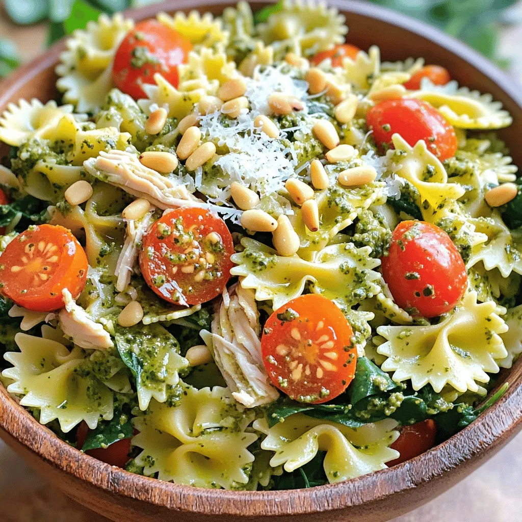 For the Chicken Pesto Pasta Salad, you will need these ingredients: - 2 cups cooked pasta (farfalle or rotini recommended for texture) - 1 cup cooked chicken breast, either shredded or diced into bite-sized pieces - 1 cup cherry tomatoes, halved for sweetness and color - 1 cup fresh spinach, roughly chopped to add freshness - 1/2 cup basil pesto, for a burst of flavor - 1/4 cup grated Parmesan cheese, to enhance richness - 1/4 cup pine nuts, toasted to add crunch - Salt and freshly ground pepper to taste - 1 tablespoon olive oil (optional, for an extra drizzle of flavor) Each ingredient plays a key role: - Pasta: Choose farfalle or rotini for a fun shape. They hold the pesto well. - Chicken: Use cooked chicken breast. Shredded or diced adds texture. - Cherry Tomatoes: Halve them to bring out their sweetness and vibrant color. - Spinach: Fresh spinach adds a nice green touch. Roughly chop it for easy bites. - Basil Pesto: This is the heart of the dish. It gives a rich and herby flavor. - Parmesan Cheese: Grated cheese adds a creamy, savory note to the mix. - Pine Nuts: Toast them for added crunch. They elevate the dish's texture. - Salt and Pepper: Always taste and season to enhance the flavors. - Olive Oil: Use it if you want an extra touch of richness. Feel free to swap ingredients based on your taste: - Pasta: Use gluten-free pasta if needed. Other shapes work too. - Chicken: Try chickpeas for a vegetarian twist. - Spinach: Use kale or arugula for different greens. - Pesto: Make your own or use sun-dried tomato pesto for variety. - Parmesan: Nutritional yeast can replace cheese for a vegan option. - Pine Nuts: Replace with walnuts or almonds if you have allergies. These ingredients come together to create a dish that is fresh and flavorful. Enjoy making this delightful Chicken Pesto Pasta Salad! Start with a large mixing bowl. First, cook your pasta. I recommend farfalle or rotini. Cook it until tender but firm. Drain and cool the pasta under cold water. Next, take your chicken breast. You can shred it or cut it into small pieces. Make sure it is cooked and safe to eat. Rinse the cherry tomatoes and cut them in half. Chop the fresh spinach roughly for a nice bite. Add the cooled pasta to your bowl. Follow with the chicken pieces. Toss them gently to mix. Now, add the halved cherry tomatoes and chopped spinach. Pour in the basil pesto next. Use a spatula to combine it all well. You want every piece of pasta to be covered in pesto. Sprinkle in the grated Parmesan cheese and toasted pine nuts. Toss everything again until it is blended. Taste your salad and add salt and pepper. You want it to have a nice balance. If you like, drizzle olive oil for extra flavor. Cover the bowl with plastic wrap or a lid. Place it in the fridge for at least 30 minutes. This helps the flavors mix well. When you serve, consider garnishing with extra pine nuts and fresh basil. This adds a lovely touch to the dish. For the complete method, check the Full Recipe. When cooking pasta, use a large pot. Fill it with water and add a good amount of salt. This helps the pasta gain flavor while it cooks. Bring the water to a rolling boil first. Add the pasta and stir to prevent sticking. Cook according to package directions for perfect texture. Test the pasta a minute or two before the time is up. It should be al dente, or firm to the bite. Drain the pasta and rinse it under cold water. This stops the cooking process and cools the pasta for your salad. Taste is key in any dish, especially pasta salad. After mixing your salad, always taste it. If it needs more flavor, add salt, pepper, or extra pesto. You can also squeeze some fresh lemon juice for brightness. If you want a richer flavor, try adding a bit more grated Parmesan cheese. Keep tasting until it feels just right. Remember, you can always add more, but you can’t take it out! To make your Chicken Pesto Pasta Salad stand out, think about how you present it. Use a large, colorful bowl for serving. This adds visual appeal and makes it inviting. Consider portioning the salad into individual bowls. Top each with extra pine nuts and a sprinkle of cheese. Fresh basil leaves can add a nice pop of green. This not only makes it look great but also adds freshness. For a fun twist, serve with a slice of lemon on the side. This gives guests a chance to add a zesty touch if they want. For the full recipe, check out the Chicken Pesto Pasta Salad Delight! {{image_4}} You can switch up the protein in Chicken Pesto Pasta Salad. If you want a vegetarian option, use chickpeas or tofu. Both options add protein and keep it filling. You can also try shrimp or turkey if you want a different meat. These choices keep the salad fresh and fun. If you need a gluten-free choice, use gluten-free pasta. Many brands make great options that taste delicious. Look for pasta made from rice or corn. These options cook well and still hold up in the salad. You won’t miss the regular pasta at all. Add-ins can boost the flavor and texture of the salad. Consider adding bell peppers for a sweet crunch. You can also toss in artichoke hearts or olives for a briny kick. For cheese lovers, try feta or mozzarella balls for creaminess. Fresh herbs like parsley or arugula can add brightness too. Each add-on gives you a chance to customize your dish. Make it your own! Store your Chicken Pesto Pasta Salad in an airtight container. This keeps it fresh and tasty. Place the salad in the fridge if you want to eat it later. It can last about 3 days. Make sure to seal it well. If you see any wetness or change in smell, toss it out. Freezing is a great way to keep your salad longer. However, the texture may change when thawed. To freeze, place the salad in a freezer-safe bag. Remove as much air as you can before sealing. It can last up to 2 months in the freezer. When you’re ready to eat, thaw it in the fridge overnight. Reheat your Chicken Pesto Pasta Salad gently. You can use a microwave for a quick fix. Heat it in 30-second intervals to avoid overcooking. Stir it well between intervals. You can also serve it cold for a refreshing meal. A quick drizzle of olive oil can enhance the flavor when you reheat. For detailed preparation steps, check the Full Recipe. You can make Chicken Pesto Pasta Salad a day ahead. First, follow the recipe steps. After mixing, cover the salad well. Store it in the fridge. This allows the flavors to blend. When you are ready to serve, stir it gently. You may want to add a sprinkle of fresh cheese or nuts before serving. This keeps it fresh and tasty. Yes, you can use homemade pesto. In fact, it can make the dish even better. Homemade pesto has a fresh taste that store-bought may lack. Just ensure it's well-balanced with garlic, basil, and nuts. You can adjust the flavor to fit your taste. This gives your salad a personal touch. For this salad, I recommend farfalle or rotini. These shapes hold the pesto well. They also add nice texture to each bite. You can also use penne or fusilli if you prefer. Just remember to cook the pasta al dente. This keeps it firm and perfect for mixing. This blog post helps you create a tasty Chicken Pesto Pasta Salad. We covered the key ingredients and provided tips for flavor. The step-by-step guide ensures you understand preparation and mixing. You can also explore variations, including protein swaps and gluten-free options. Proper storage methods keep leftovers fresh. In closing, this recipe is simple and fun. Enjoy trying different flavors and ingredients. It’s a meal that can impress anyone! Dive in and make it your own!