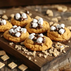 - 1 cup all-purpose flour - 1/2 cup rolled oats - 1/2 teaspoon baking soda - 1/2 teaspoon baking powder - 1/4 teaspoon salt - 1 teaspoon ground cinnamon - 1/2 teaspoon ground nutmeg - 1/4 cup unsalted butter, softened to room temperature - 1/2 cup brown sugar, packed - 1/4 cup granulated sugar - 1/2 cup pumpkin puree (canned or freshly made) - 1 teaspoon vanilla extract - 1/2 cup mini marshmallows - 1/2 cup semi-sweet chocolate chips - 1/2 cup crushed graham crackers When making pumpkin s'mores cookies, the right ingredients make all the difference. First, you need pumpkin puree. I recommend using canned pumpkin puree. It’s easy and saves time. If you want to use fresh pumpkin, make sure to cook and puree it well. For the flour, I use all-purpose flour because it gives the cookies a great texture. If you want a healthier option, you can swap half of it for whole wheat flour. Rolled oats add a nice chewiness to the cookies. When it comes to spices, ground cinnamon and nutmeg are must-haves. They give the cookies that warm, cozy flavor we love in fall. For butter, always use unsalted butter. This helps control the saltiness in your cookies. As for the sugars, I use both brown sugar and granulated sugar. Brown sugar keeps them soft and adds moisture. The mini marshmallows and chocolate chips give that classic s'mores taste, while the crushed graham crackers add crunch. Remember, using quality ingredients leads to better cookies. Brands like King Arthur Flour for flour and Ghirardelli for chocolate are great choices. This full recipe will guide you through creating these delicious treats! Start by preheating your oven to 350°F (175°C). This ensures even baking. While the oven warms, line a baking sheet with parchment paper. This step is crucial because it prevents the cookies from sticking. You want them to slide off easily when they cool. Next, grab a medium bowl. In it, whisk together these dry ingredients: - 1 cup all-purpose flour - 1/2 cup rolled oats - 1/2 teaspoon baking soda - 1/2 teaspoon baking powder - 1/4 teaspoon salt - 1 teaspoon ground cinnamon - 1/2 teaspoon ground nutmeg Whisking helps mix everything well and removes lumps. A good dry mix looks even and smooth. You should not see any clumps. In a larger bowl, beat together these ingredients until they are fluffy: - 1/4 cup unsalted butter, softened - 1/2 cup brown sugar, packed - 1/4 cup granulated sugar Use an electric mixer on medium speed. This takes about 2-3 minutes. Softening the butter is key. It blends better, making your cookies light and airy. Now, add the pumpkin puree and vanilla extract to your creamed mixture. Beat until smooth. Slowly add the dry mix to the wet mix. Use a spatula or wooden spoon. Stir gently until just combined. Be careful not to overmix; this keeps the cookies soft and chewy. Next, fold in these sweet treats: - 1/2 cup mini marshmallows - 1/2 cup semi-sweet chocolate chips - 1/2 cup crushed graham crackers Evenly distribute them in the dough. This ensures every bite is packed with s'mores goodness. Using a cookie scoop or spoon, drop tablespoon-sized mounds onto the baking sheet. Leave about 2 inches between each mound. Bake for 12-15 minutes. The edges should turn light golden brown, and the centers should look set. Let the cookies cool on the baking sheet for about 5 minutes. Then, move them to a wire rack to cool completely. You can find the Full Recipe for Pumpkin S’mores Cookies with all these steps and more! To get a chewy cookie, use more brown sugar. This sugar adds moisture. For a crispy cookie, use more granulated sugar. You can also bake them a bit longer for a crispier texture. Resting the dough helps too. Let it chill for at least 30 minutes. This makes the cookies thicker and chewier. It also stops the cookies from spreading too much. To make your cookies pop, try adding spices. A pinch of ginger or cloves can warm up the taste. You might also add a splash of maple syrup for extra flavor. If you want to change the chocolate, try dark or white chocolate instead. You can even mix in peanut butter chips for a fun twist. For serving, arrange your cookies on a colorful plate. A sprinkle of sea salt on top gives a nice touch. You can also add mini s’mores skewers for a fun look. Store your cookies in a sealed container at room temperature. This keeps them soft and fresh. For a pretty display, stack them on a cake stand or a wooden board. Try out these tips as you bake your Pumpkin S’mores Cookies. You’ll enjoy every bite! For the full recipe, check out the details above. {{image_4}} For those who need gluten-free treats, you can easily swap out regular flour. Use a gluten-free flour blend instead. These blends work well in cookies, giving you great texture. Look for brands that include xanthan gum; it helps with binding. Some popular gluten-free options are: - Almond flour - Coconut flour - Oat flour Just remember, each flour type has its own unique taste and texture. You may need to adjust your ratios slightly. Fall brings many flavors to play with. Try adding spices like ginger or cloves to your cookie mix for a festive twist. You can also fold in some crushed candy canes for a holiday touch. Here are some ideas to spice up your cookies: - Drizzle melted white chocolate on top for a sweet finish. - Add a pinch of nutmeg for warmth. - Use seasonal toppings like caramel bits or even apple slices. These small changes can turn your cookies into a unique seasonal treat. Don’t be afraid to mix things up! You can add different toppings to enhance your cookies. Consider using: - Peanut butter chips for a nutty flavor. - Dried cranberries for a tart contrast. - Chopped nuts for extra crunch. These pairings can create fun flavor combinations. For example, chocolate and peanut butter always make a great team. Try different combos to find your favorite! For the full recipe, refer to the section above. To keep your pumpkin s’mores cookies fresh, use an airtight container. This helps to lock in moisture. I recommend using a glass or plastic container. Avoid metal containers since they can alter the taste. Store the cookies at room temperature, away from heat and sunlight. The ideal humidity level is low, as too much moisture can make them soggy. You can freeze both the cookie dough and the baked cookies. For dough, scoop it into balls and place them on a baking sheet. Freeze them until firm, then transfer the balls into a zip-top bag. This way, you can bake fresh cookies whenever you want. For baked cookies, let them cool completely first. Then, stack them with parchment paper in between and place them in a freezer-safe container. When you are ready to enjoy your frozen cookies, thaw them at room temperature for about 30 minutes. You can also warm them in the oven for a few minutes. This will make them taste fresh and delicious, just like they came out of the oven! To find the full recipe, check out the earlier sections of this article. You can use fresh pumpkin, but it takes extra work. Fresh pumpkin gives a rich taste. However, it has more water, which can change the dough. Canned pumpkin is easy and saves time. It is consistent and gives great flavor too. These cookies will stay fresh for about five days in a sealed container. Keep them at room temperature to maintain their chewy texture. You can also freeze them for up to three months. Just make sure to wrap them well to prevent freezer burn. If your dough is too sticky, try adding a bit more flour. Start with one tablespoon at a time. Mix gently until the dough is easier to handle. Chilling the dough for 30 minutes can also help. It firms up the dough and makes it less sticky. Yes, you can add nuts like pecans or walnuts for a crunchy texture. Dried fruit, such as cranberries or raisins, works well too. Just keep the total mix-ins to about one cup. This way, you maintain the cookie's balance. Serve these cookies warm for the best taste. Pair them with a glass of cold milk or hot cocoa. You can also enjoy them with vanilla ice cream for a sweet treat. For a fun touch, add mini s’mores skewers as a cute garnish. For the full recipe, visit the recipe section. This blog covered key steps to bake perfect s'mores cookies. You learned about measuring ingredients and the importance of parchment paper. I shared how to mix everything well and achieved the right cookie texture. You also got tips for flavoring, presentation, and storage. With these insights, you're ready to create and enjoy delicious cookies. Get baking, and let your creativity shine!