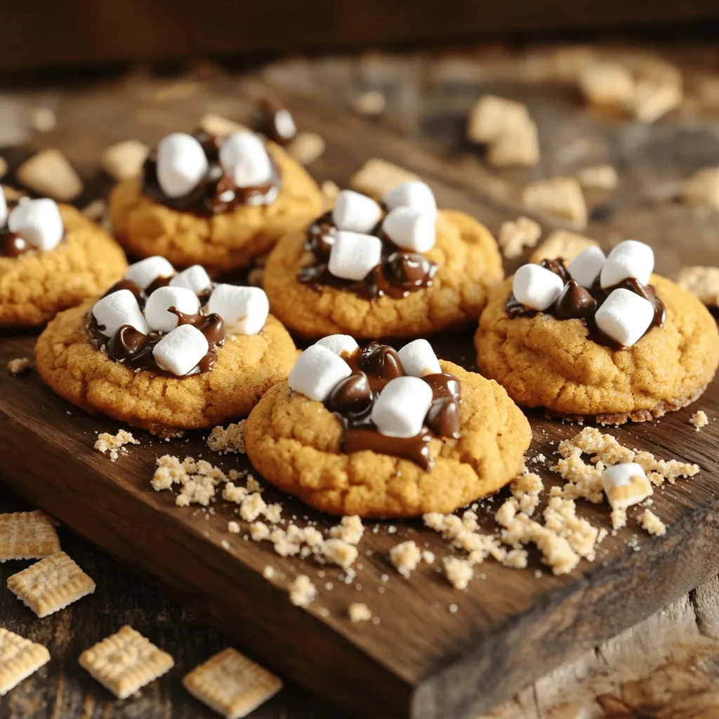 - 1 cup all-purpose flour - 1/2 cup rolled oats - 1/2 teaspoon baking soda - 1/2 teaspoon baking powder - 1/4 teaspoon salt - 1 teaspoon ground cinnamon - 1/2 teaspoon ground nutmeg - 1/4 cup unsalted butter, softened to room temperature - 1/2 cup brown sugar, packed - 1/4 cup granulated sugar - 1/2 cup pumpkin puree (canned or freshly made) - 1 teaspoon vanilla extract - 1/2 cup mini marshmallows - 1/2 cup semi-sweet chocolate chips - 1/2 cup crushed graham crackers When making pumpkin s'mores cookies, the right ingredients make all the difference. First, you need pumpkin puree. I recommend using canned pumpkin puree. It’s easy and saves time. If you want to use fresh pumpkin, make sure to cook and puree it well. For the flour, I use all-purpose flour because it gives the cookies a great texture. If you want a healthier option, you can swap half of it for whole wheat flour. Rolled oats add a nice chewiness to the cookies. When it comes to spices, ground cinnamon and nutmeg are must-haves. They give the cookies that warm, cozy flavor we love in fall. For butter, always use unsalted butter. This helps control the saltiness in your cookies. As for the sugars, I use both brown sugar and granulated sugar. Brown sugar keeps them soft and adds moisture. The mini marshmallows and chocolate chips give that classic s'mores taste, while the crushed graham crackers add crunch. Remember, using quality ingredients leads to better cookies. Brands like King Arthur Flour for flour and Ghirardelli for chocolate are great choices. This full recipe will guide you through creating these delicious treats! Start by preheating your oven to 350°F (175°C). This ensures even baking. While the oven warms, line a baking sheet with parchment paper. This step is crucial because it prevents the cookies from sticking. You want them to slide off easily when they cool. Next, grab a medium bowl. In it, whisk together these dry ingredients: - 1 cup all-purpose flour - 1/2 cup rolled oats - 1/2 teaspoon baking soda - 1/2 teaspoon baking powder - 1/4 teaspoon salt - 1 teaspoon ground cinnamon - 1/2 teaspoon ground nutmeg Whisking helps mix everything well and removes lumps. A good dry mix looks even and smooth. You should not see any clumps. In a larger bowl, beat together these ingredients until they are fluffy: - 1/4 cup unsalted butter, softened - 1/2 cup brown sugar, packed - 1/4 cup granulated sugar Use an electric mixer on medium speed. This takes about 2-3 minutes. Softening the butter is key. It blends better, making your cookies light and airy. Now, add the pumpkin puree and vanilla extract to your creamed mixture. Beat until smooth. Slowly add the dry mix to the wet mix. Use a spatula or wooden spoon. Stir gently until just combined. Be careful not to overmix; this keeps the cookies soft and chewy. Next, fold in these sweet treats: - 1/2 cup mini marshmallows - 1/2 cup semi-sweet chocolate chips - 1/2 cup crushed graham crackers Evenly distribute them in the dough. This ensures every bite is packed with s'mores goodness. Using a cookie scoop or spoon, drop tablespoon-sized mounds onto the baking sheet. Leave about 2 inches between each mound. Bake for 12-15 minutes. The edges should turn light golden brown, and the centers should look set. Let the cookies cool on the baking sheet for about 5 minutes. Then, move them to a wire rack to cool completely. You can find the Full Recipe for Pumpkin S’mores Cookies with all these steps and more! To get a chewy cookie, use more brown sugar. This sugar adds moisture. For a crispy cookie, use more granulated sugar. You can also bake them a bit longer for a crispier texture. Resting the dough helps too. Let it chill for at least 30 minutes. This makes the cookies thicker and chewier. It also stops the cookies from spreading too much. To make your cookies pop, try adding spices. A pinch of ginger or cloves can warm up the taste. You might also add a splash of maple syrup for extra flavor. If you want to change the chocolate, try dark or white chocolate instead. You can even mix in peanut butter chips for a fun twist. For serving, arrange your cookies on a colorful plate. A sprinkle of sea salt on top gives a nice touch. You can also add mini s’mores skewers for a fun look. Store your cookies in a sealed container at room temperature. This keeps them soft and fresh. For a pretty display, stack them on a cake stand or a wooden board. Try out these tips as you bake your Pumpkin S’mores Cookies. You’ll enjoy every bite! For the full recipe, check out the details above. {{image_4}} For those who need gluten-free treats, you can easily swap out regular flour. Use a gluten-free flour blend instead. These blends work well in cookies, giving you great texture. Look for brands that include xanthan gum; it helps with binding. Some popular gluten-free options are: - Almond flour - Coconut flour - Oat flour Just remember, each flour type has its own unique taste and texture. You may need to adjust your ratios slightly. Fall brings many flavors to play with. Try adding spices like ginger or cloves to your cookie mix for a festive twist. You can also fold in some crushed candy canes for a holiday touch. Here are some ideas to spice up your cookies: - Drizzle melted white chocolate on top for a sweet finish. - Add a pinch of nutmeg for warmth. - Use seasonal toppings like caramel bits or even apple slices. These small changes can turn your cookies into a unique seasonal treat. Don’t be afraid to mix things up! You can add different toppings to enhance your cookies. Consider using: - Peanut butter chips for a nutty flavor. - Dried cranberries for a tart contrast. - Chopped nuts for extra crunch. These pairings can create fun flavor combinations. For example, chocolate and peanut butter always make a great team. Try different combos to find your favorite! For the full recipe, refer to the section above. To keep your pumpkin s’mores cookies fresh, use an airtight container. This helps to lock in moisture. I recommend using a glass or plastic container. Avoid metal containers since they can alter the taste. Store the cookies at room temperature, away from heat and sunlight. The ideal humidity level is low, as too much moisture can make them soggy. You can freeze both the cookie dough and the baked cookies. For dough, scoop it into balls and place them on a baking sheet. Freeze them until firm, then transfer the balls into a zip-top bag. This way, you can bake fresh cookies whenever you want. For baked cookies, let them cool completely first. Then, stack them with parchment paper in between and place them in a freezer-safe container. When you are ready to enjoy your frozen cookies, thaw them at room temperature for about 30 minutes. You can also warm them in the oven for a few minutes. This will make them taste fresh and delicious, just like they came out of the oven! To find the full recipe, check out the earlier sections of this article. You can use fresh pumpkin, but it takes extra work. Fresh pumpkin gives a rich taste. However, it has more water, which can change the dough. Canned pumpkin is easy and saves time. It is consistent and gives great flavor too. These cookies will stay fresh for about five days in a sealed container. Keep them at room temperature to maintain their chewy texture. You can also freeze them for up to three months. Just make sure to wrap them well to prevent freezer burn. If your dough is too sticky, try adding a bit more flour. Start with one tablespoon at a time. Mix gently until the dough is easier to handle. Chilling the dough for 30 minutes can also help. It firms up the dough and makes it less sticky. Yes, you can add nuts like pecans or walnuts for a crunchy texture. Dried fruit, such as cranberries or raisins, works well too. Just keep the total mix-ins to about one cup. This way, you maintain the cookie's balance. Serve these cookies warm for the best taste. Pair them with a glass of cold milk or hot cocoa. You can also enjoy them with vanilla ice cream for a sweet treat. For a fun touch, add mini s’mores skewers as a cute garnish. For the full recipe, visit the recipe section. This blog covered key steps to bake perfect s'mores cookies. You learned about measuring ingredients and the importance of parchment paper. I shared how to mix everything well and achieved the right cookie texture. You also got tips for flavoring, presentation, and storage. With these insights, you're ready to create and enjoy delicious cookies. Get baking, and let your creativity shine!