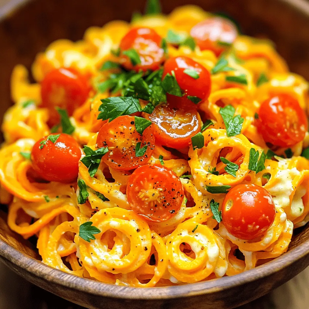 - 2 medium sweet potatoes, spiralized - 1 cup cherry tomatoes, halved - 4 large eggs - 1 cup freshly grated Parmesan cheese - 3 cloves garlic, minced - 4 tablespoons extra virgin olive oil - Salt and black pepper, to taste - 1 teaspoon smoked paprika - Fresh parsley, roughly chopped, for garnish Gathering the right ingredients sets the stage for success. Sweet potatoes are the star here. They give this dish a sweet flavor. The cherry tomatoes add a burst of freshness. Eggs and Parmesan create the creamy sauce we love. Garlic brings in a nice savory touch. - Calories per serving: 350 - Macros: - Carbohydrates: 40g - Proteins: 15g - Fats: 18g This dish is not only tasty but also healthy. It offers a good balance of carbs, protein, and fats. You can enjoy it guilt-free. - Spiralizer - Skillet - Mixing bowl Having the right tools makes cooking easier. A spiralizer helps create those fun sweet potato noodles. A skillet is needed for cooking the dish. A mixing bowl will help combine the sauce ingredients. For the Full Recipe, check the details, and let’s get cooking! Start by spiralizing the sweet potatoes. Use a spiralizer to create long, thin strands. This step is fun and gives your dish a great look. Once done, set the spiralized strands aside in a large bowl. Next, heat 2 tablespoons of extra virgin olive oil in a wide skillet over medium heat. Wait until the oil shimmers. Add 3 cloves of minced garlic and sauté for about 1 minute. Stir often to keep the garlic from browning. After that, gently add the spiralized sweet potatoes. Toss them with the oil and garlic. Cook for about 5-7 minutes, stirring now and then. You want the sweet potatoes to soften but stay slightly crisp. While the sweet potatoes cook, whisk together 4 large eggs and 1 cup of freshly grated Parmesan cheese in a mixing bowl. Add 1 teaspoon of smoked paprika, along with salt and black pepper to taste. Mix until smooth. Once the sweet potatoes are tender, remove the skillet from the heat. Quickly pour the egg and cheese mixture over the sweet potatoes. Toss everything together quickly. The heat will cook the eggs gently, making a creamy sauce. Finally, fold in 1 cup of halved cherry tomatoes. Taste and adjust the seasoning. Now, you have a delicious Spiralized Sweet Potato Carbonara ready to enjoy! For the full recipe, check out the details above. To get sweet potatoes just right, avoid overcooking them. Cook them for about 5-7 minutes. This time keeps them tender but not mushy. You want them to hold their shape. When you toss them with the sauce, they will soak up the flavors without falling apart. For a creamy sauce, use warm sweet potatoes. This warmth helps the eggs and cheese blend smoothly. Toss quickly after adding the sauce. The heat from the dish will help cook the eggs gently. This way, you will have a rich and creamy texture. You can enhance flavors by using different cheeses. Try Pecorino Romano for a sharper taste. Or, mix in some goat cheese for a tangy twist. Each cheese adds a unique flavor that can change the dish. Adding spices or herbs can also boost flavor. A pinch of red pepper flakes adds heat. Fresh basil or thyme can bring a lovely aroma. Experiment with spices that you enjoy to make it your own. Garnishing your dish makes it pop. Fresh parsley brightens up the plate. You can also add a sprinkle of cracked black pepper for a touch of class. When serving, use shallow bowls. This gives each serving a nice look. Drizzle a bit of olive oil on top for extra richness. You can also add more Parmesan cheese if you like. This makes for a tasty and beautiful meal. For the full recipe, check out the details above. Enjoy your cooking! {{image_4}} To make your Spiralized Sweet Potato Carbonara even heartier, you can add protein. Adding cooked bacon or pancetta brings a salty crunch. Just cook them until crispy, then toss them in. You can also incorporate grilled chicken. Slice it thin and mix it in with the sweet potatoes for added flavor. If you prefer a vegetarian dish, there are great options. Using vegetables like spinach or mushrooms adds nutrition and flavor. Sauté the spinach until it wilts or cook the mushrooms until they brown. You can also use plant-based cheese alternatives. These will help keep the creamy texture while making the dish dairy-free. Want to add some kick? Adding heat with red pepper flakes can elevate your dish. Just sprinkle them in while cooking the sweet potatoes. You can also experiment with different smoked spices. Smoked paprika works well, but try smoked salt or chipotle powder for a unique twist. To keep your Spiralized Sweet Potato Carbonara fresh, seal it in an airtight container. Store it in the fridge. This will help the flavors stay vibrant. You can enjoy leftovers for up to three days. After that, the taste and texture may fade. When reheating, choose the stovetop for the best results. Heat it in a skillet on low heat. Add a splash of olive oil or water if it looks dry. Stir often until warm. This keeps the dish creamy and avoids dryness. Microwaving is fine, but it can dry out the sauce. You can freeze this dish, but it may change texture. To freeze, let the carbonara cool completely. Place it in a freezer-safe container. It can last for up to three months in the freezer. To defrost, move it to the fridge overnight. Reheat it gently on the stove, adding a bit of liquid to revive the sauce. Yes, you can use many other veggies! Zucchini is a great choice for a similar texture. Carrots add a nice crunch and sweetness. Beets also work, giving a lovely color. Turnips are another option, offering a unique flavor. Experimenting can lead to fun new dishes! Yes, this recipe is gluten-free! Sweet potatoes are naturally gluten-free. Ensure that the cheese you use is also gluten-free. This makes it a perfect dish for those with gluten allergies or sensitivities. To make it vegan, swap the eggs for silken tofu. Blend the tofu until smooth for a creamy texture. Use nutritional yeast instead of cheese for a cheesy flavor. These easy swaps keep the dish delicious without animal products! I love serving this dish with a simple green salad. A side of garlic bread is also a nice touch. Roasted veggies can add more flavor and texture. Pairing with a light white wine can elevate your meal! You can easily adjust the servings. For fewer servings, halve the recipe ingredients. For more, simply double them. Keep the cooking time similar, but check for doneness. This way, you can enjoy this tasty dish anytime! In this post, we explored how to make a delicious spiralized sweet potato carbonara. You learned about the ingredients, tools, and step-by-step instructions. We covered tips for perfect texture, flavor options, and serving ideas. Remember, you can switch up ingredients or spices to make the dish your own. Try different proteins or veggies for extra fun. This recipe is easy to customize, and it’s perfect for your next meal. Enjoy cooking and delight in this tasty treat!