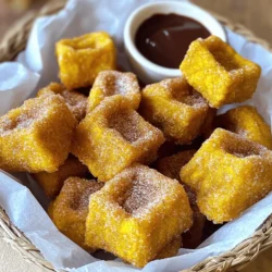 To make pumpkin churro bites, you will need the following ingredients: - 1 cup all-purpose flour - 1/2 cup pumpkin puree - 1/4 cup brown sugar - 1/2 teaspoon ground cinnamon - 1/2 teaspoon baking powder - 1/4 teaspoon salt - 1/4 cup unsalted butter, melted - 1/2 teaspoon vanilla extract - 1/2 cup granulated sugar (for rolling) - 1 tablespoon ground cinnamon (for rolling) - Oil for frying This mixture creates a soft dough that fries into golden, fluffy bites. Each ingredient serves a key role in the recipe: - All-purpose flour: This forms the base of our dough. It gives structure. - Pumpkin puree: Adds moisture and flavor. It brings that fall essence. - Brown sugar: Sweetens the dough and adds a rich flavor. - Ground cinnamon: Gives warmth and spice. It’s essential for that churro taste. - Baking powder: Helps the dough rise, making each bite light and airy. - Salt: Enhances the sweetness and balances flavors. - Unsalted butter: Adds richness and helps with the dough’s texture. - Vanilla extract: Provides a subtle sweetness and depth of flavor. - Granulated sugar and cinnamon: This mixture coats the fried bites, making them irresistible. You can easily adapt this recipe to fit different diets: - Gluten-free: Use a gluten-free flour blend in place of all-purpose flour. - Dairy-free: Substitute unsalted butter with coconut oil or a dairy-free spread. - Lower sugar: Reduce the amount of brown sugar or use a sugar substitute. - Vegan: Replace the pumpkin puree with a vegan egg substitute, like flaxseed meal. With these simple swaps, you can enjoy pumpkin churro bites that suit your needs. Check out the Full Recipe for detailed steps on how to create these delicious treats! To start, gather your ingredients. Measure out 1 cup of all-purpose flour, 1/2 cup of pumpkin puree, and 1/4 cup of brown sugar. In a big bowl, whisk the flour, brown sugar, baking powder, ground cinnamon, and salt. Make sure there are no lumps. In another bowl, mix the pumpkin puree, melted butter, and vanilla extract. Stir until smooth. Gradually add the pumpkin mix to the dry mix. Keep stirring until you form a slightly sticky dough. It should be easy to handle. Next, heat oil in a deep frying pan over medium heat. To check if the oil is hot enough, drop a tiny piece of dough in it. If it sizzles and floats, you are ready to fry. Use a slotted spoon to lower the dough balls into the oil. Make sure not to crowd the pan, as this can lower the oil's temperature. Fry the dough balls in batches. This helps them cook evenly. Fry the churro bites for about 2-3 minutes. Keep an eye on them. Turn them occasionally to get that perfect golden brown color. When they look just right, use the slotted spoon to take them out. Place the fried churro bites on a paper towel-lined plate to drain excess oil. While they are still warm, roll them in a mix of granulated sugar and ground cinnamon. This adds a sweet touch and makes them irresistible. For the full recipe, check out the instructions provided earlier. For perfect pumpkin churro bites, the dough should feel slightly sticky. This stickiness helps them fry up soft inside while getting a crisp outside. If the dough is too dry, add a little more pumpkin puree. If it’s too wet, sprinkle in a bit of flour until you get the right feel. One common mistake is overcrowding the pan. This cools the oil and can make your churro bites soggy. Fry in small batches to keep the oil hot. Also, make sure your oil is hot enough before frying. If it’s not, your churro bites may absorb too much oil. Serve your churro bites warm in a fun basket. Line the basket with parchment paper for a nice touch. You can add a bowl of melted chocolate or caramel sauce for dipping. This makes the treat even more fun! Try adding a sprinkle of sea salt on top for a sweet and salty twist. For the full recipe, check out the detailed instructions in the Full Recipe section. {{image_4}} You can easily change the taste of your pumpkin churro bites. Add spices like nutmeg or ginger for warmth. You can also mix in chocolate chips for a sweet surprise. If you love nuts, sprinkle some finely chopped pecans or walnuts into the dough. These additions will make your churro bites even more special. Making these churro bites gluten-free is simple. Swap all-purpose flour for almond or oat flour. Both work well and keep the churros tasty. For a vegan option, replace the butter with coconut oil and use a plant-based milk. You can also substitute the eggs with flaxseed meal mixed with water. These changes still create delicious bites without losing flavor. As the seasons change, so can your churro bites. For winter, add peppermint extract for a fresh twist. In spring, try mixing in lemon zest for a bright flavor. During summer, use fresh berries as a topping or dip. Each season offers fun ways to enjoy these bites and keep things interesting. Explore the full recipe for more details and tips. To keep your pumpkin churro bites fresh, let them cool first. Place them in an airtight container. This keeps moisture out and flavor in. You can layer parchment paper between the churro bites to prevent sticking. Store them at room temperature for up to two days. If you need to keep them longer, refrigeration is a good option. When you're ready to enjoy your churro bites again, you can reheat them easily. Preheat your oven to 350°F (175°C). Place the churro bites on a baking sheet. Heat them for about 5-7 minutes. This will make them warm and slightly crisp again. Avoid using a microwave, as it can make them soggy. Pumpkin churro bites stay fresh for about two days at room temperature. In the fridge, they can last up to a week. For longer storage, you can freeze them. Place cooled churro bites in a single layer on a baking sheet. Freeze them for 1-2 hours. After that, transfer them to a freezer-safe bag. They can last for up to three months in the freezer. When you're ready to eat, thaw them overnight in the fridge before reheating. Enjoy the pumpkin churro bites from the full recipe, and savor every bite! Yes, you can bake Pumpkin Churro Bites. Preheat your oven to 375°F. Shape the dough into small balls. Place them on a baking sheet lined with parchment paper. Bake for about 12-15 minutes, or until they are golden brown. Baking may not give the same crispy texture, but they will still taste great. To reduce the sweetness, you can cut back on the brown sugar in the dough. Try using just 2 tablespoons instead of 1/4 cup. You can also skip rolling them in granulated sugar after frying. Adding more cinnamon can help balance the flavors without adding sweetness. Great dipping sauces include melted chocolate, caramel, or cream cheese frosting. You can also try a warm apple cider glaze for a fun twist. Mixing cream cheese with a bit of vanilla and sugar makes a delicious dip too. Feel free to experiment and find your favorite! For the full recipe, check back to the ingredients and instructions above. This guide covered every key step to make delicious Pumpkin Churro Bites. You learned about essential ingredients, how to prepare dough, and fry them perfectly. We shared helpful tips to get the right texture and avoid common mistakes. Plus, you discovered fun variations and smart storage tips. Now, you can create these tasty treats with ease. Enjoy making and sharing them with friends and family!