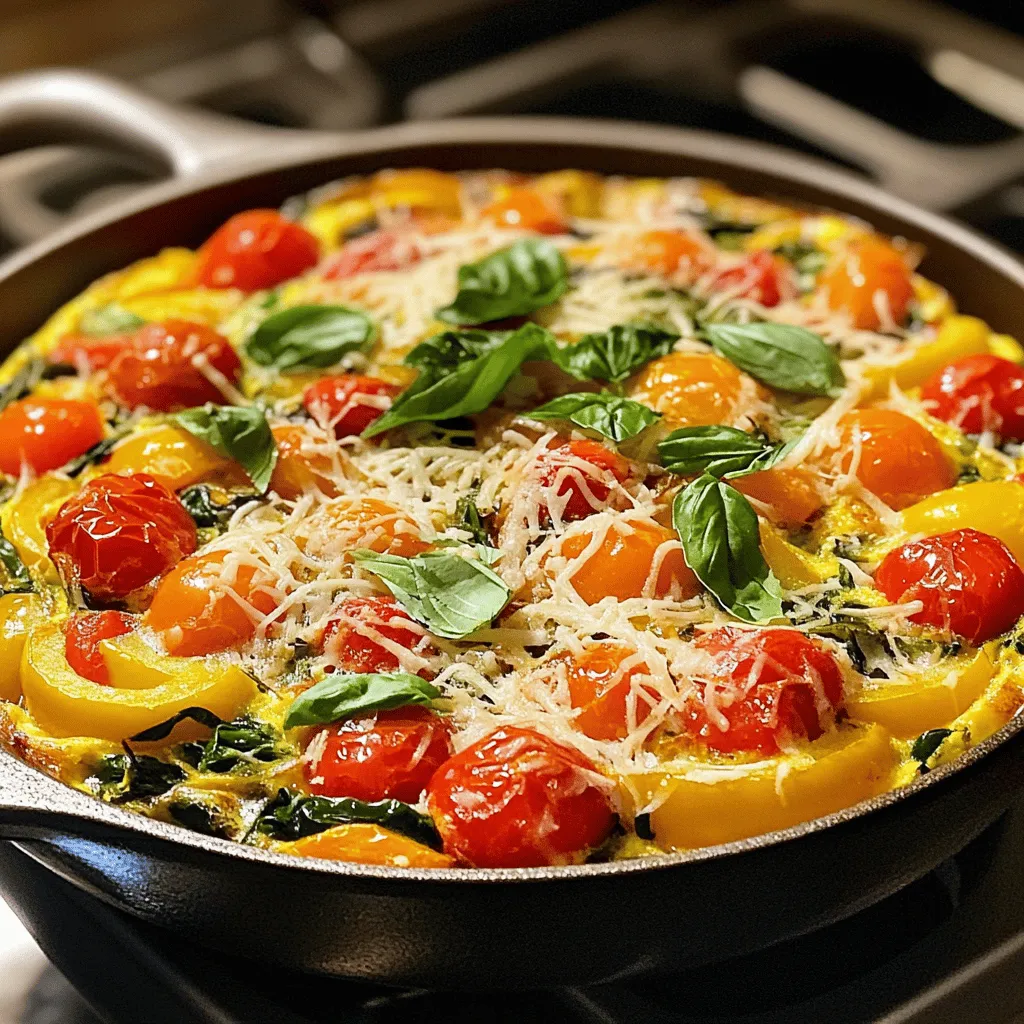 - 6 large eggs - 1/4 cup whole milk - 1 cup assorted bell peppers, diced - 1/2 cup cherry tomatoes, halved - 1/2 cup fresh spinach, roughly chopped - 1 small red onion, finely chopped - 1 cup shredded cheese - 2 tablespoons extra virgin olive oil - Sea salt and freshly cracked black pepper - Fresh basil or parsley for garnishing For the frittata, you need fresh and quality ingredients. The eggs make the base rich and fluffy. The whole milk adds creaminess. Bell peppers bring color and crunch. Cherry tomatoes add sweetness, while spinach gives a fresh touch. The red onion offers a savory flavor. Cheese binds everything together and adds a delightful melt. - Cheese options: Try sharp cheddar for a bold taste or creamy feta for a smooth flavor. - Vegetable substitutes: You can swap bell peppers for zucchini, mushrooms, or kale. Each option gives a different twist to the dish. - How to check freshness of eggs: Look for clean shells. Fresh eggs will sink in water, while old eggs float. - Choosing ripe tomatoes and bell peppers: Choose tomatoes that feel firm but yield slightly to pressure. For bell peppers, select those that are bright and have tight skin. - Preheat the oven to 375°F (190°C). This helps the frittata cook evenly. - Whisk together 6 large eggs and 1/4 cup whole milk. Make sure they blend well. - Add sea salt and freshly cracked black pepper to taste. This adds great flavor. - Heat 2 tablespoons of extra virgin olive oil in an oven-safe skillet over medium heat. - Add 1 small finely chopped red onion. Sauté for 2-3 minutes until soft. - Next, add 1 cup of diced assorted bell peppers. Cook for 3-4 minutes, stirring often. - Incorporate 1/2 cup of roughly chopped fresh spinach and 1/2 cup of halved cherry tomatoes. Cook for about 2 minutes until the spinach wilts. - Carefully pour the egg mixture over the veggies, covering them evenly. - Sprinkle 1 cup of shredded cheese on top. You can use sharp cheddar or creamy feta for this. - Let the frittata cook on the stovetop for 3-4 minutes. The edges should start to set. - Slowly transfer the skillet to the preheated oven. Bake for 15-20 minutes. - Check for doneness by touching the center. It should feel firm, and the top should be golden brown. This vibrant veggie frittata recipe is simple and delicious. For the full details, check the Full Recipe. - Overcooking eggs and vegetables: This makes the frittata dry. Cook eggs until just set. - Not preheating the oven: If the oven isn’t hot, your frittata won’t cook right. Always preheat to 375°F (190°C). - Suggested spices and herbs to add: Try oregano, thyme, or paprika for extra taste. Fresh herbs like basil or parsley brighten flavors. - Pairing options for a complete meal: Serve your frittata with a side salad or crusty bread. A light fruit salad is also refreshing. - Creative serving ideas: Cut the frittata into wedges and place on a colorful plate. You can also serve it on a wooden board for a rustic touch. - Garnishing techniques: Scatter fresh herbs on top. Add a few extra cherry tomatoes on the side for color. This makes the dish look inviting and delicious. {{image_4}} You can add cooked sausage or bacon to the frittata for a heartier meal. Both options give the dish a nice, savory flavor. If you want a vegetarian choice, consider using tofu. Crumbled tofu adds protein and has a nice texture. Seasonal ingredients can really change the taste of your frittata. In summer, fresh herbs like basil and parsley shine. They add bright flavors. In winter, root vegetables like sweet potatoes or carrots work well. They give a warm, cozy feel to the dish. Using what is in season not only tastes better, but it’s also more sustainable and often cheaper. If you want to make single servings, try using a muffin tin. Mini frittatas cook fast, and they are fun to eat. You can adjust the ingredient amounts to make just one or two. This way, you get a perfect portion every time. For the full recipe, check the vibrant veggie frittata section above. To keep your frittata fresh, place it in the fridge right away. Use an airtight container for best results. You can also wrap it in plastic wrap or aluminum foil. This helps prevent it from drying out. Aim to eat leftovers within three days for the best taste. When it's time to enjoy your frittata again, you have a few options. The oven is best for a crispy texture. Preheat it to 350°F (175°C) and place the frittata on a baking sheet. Heat for about 10-15 minutes. You can also use a microwave for quick reheating. Heat it in 30-second bursts to avoid overcooking. Cover it with a paper towel to keep moisture in. If you want to save your frittata for later, freezing is a great option. Cut it into wedges and wrap each piece in plastic wrap. Place the wrapped pieces in a freezer bag. Be sure to label it with the date. For best quality, use it within three months. To reheat, thaw it overnight in the fridge and then warm it in the oven. A frittata lasts about 3 to 4 days in the fridge. Store it in an airtight container to keep it fresh. Make sure it cools down before you put it in the fridge. If you want to eat it later, label the container with the date. This way, you know when you made it. Yes, you can make a frittata without eggs! Try using silken tofu or chickpea flour as a substitute. Silken tofu gives a creamy texture when blended. You can mix it with spices to add flavor. Chickpea flour also works well. Mix it with water to make a batter. Both options are healthy and tasty. Frittatas pair well with many sides. Here are some ideas: - Fresh salad: A light green salad adds crunch and freshness. - Toast: Crisp bread or a hearty roll is great for dipping. - Fruit: Slices of melon or berries add a sweet touch. - Yogurt: A scoop of yogurt can add creaminess and balance. Each of these sides will complement your frittata nicely. Try mixing and matching to find your favorite combo. For the full recipe, check out the Vibrant Veggie Frittata section above! You learned about the key ingredients for a delicious frittata. We covered essential steps, tips, and clever variations. Remember to choose fresh veggies for the best flavor. You can avoid overcooking for perfect texture. Try different herbs and meats to make it your own. Storing leftovers properly ensures you enjoy every bite later. A frittata is versatile and perfect for any meal. Now, it's time to get cooking and impress everyone with your creation!