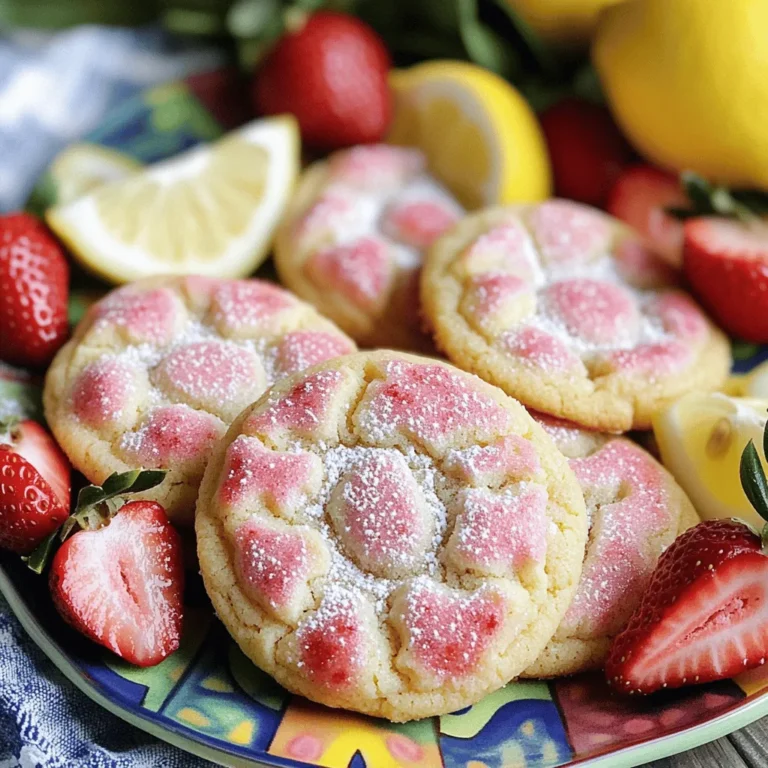 To make these delightful cookies, you will need: - 1 cup unsalted butter, softened to room temperature - 1 cup granulated sugar - 1 large egg - 2 tablespoons freshly squeezed lemon juice - 1 tablespoon finely grated lemon zest - 2 cups all-purpose flour - 1/2 teaspoon baking soda - 1/4 teaspoon salt - 1 cup fresh strawberries, hulled and finely chopped - 1/2 cup powdered sugar (for dusting) This simple list of ingredients brings together sweet and tangy flavors. Each one plays a role in making these cookies shine. When measuring, always use dry measuring cups for flour and sugar. Spoon the flour into the cup and level it off with a knife. This method avoids packing flour and helps keep your cookies light. For liquid ingredients, like lemon juice, use a liquid measuring cup. - Egg: Use a large egg for best results. - Butter: Make sure your butter is soft, not melted. This helps your cookies keep their shape. If you cannot find some ingredients, here are some swaps: - Butter: You can use coconut oil, but the texture will change. - Sugar: Try using brown sugar for a richer flavor. - Flour: A gluten-free blend can work as a substitute. - Strawberries: If fresh strawberries are not available, use frozen ones. Just chop them and drain excess moisture before adding. These options allow you to customize the recipe to fit your needs while keeping the flavor intact. For the full recipe, follow the steps and enjoy a batch of yummy cookies! Start by preheating your oven to 350°F (175°C). This step is key for even baking. While the oven warms up, line a baking sheet with parchment paper. This helps the cookies come off easily after baking. Next, grab a large mixing bowl. Cream together 1 cup of softened butter and 1 cup of granulated sugar. Use a hand mixer or stand mixer for this. Mix until the blend is light and fluffy, about 3-5 minutes. Then, crack in 1 large egg. Add 2 tablespoons of freshly squeezed lemon juice and 1 tablespoon of finely grated lemon zest. Mix on medium speed until everything is smooth. In a separate bowl, whisk together 2 cups of all-purpose flour, 1/2 teaspoon of baking soda, and 1/4 teaspoon of salt. This helps the cookies rise well. Gradually add the dry mix to the wet mix. Stir gently until just combined. Be careful not to overmix. Now, fold in 1 cup of finely chopped fresh strawberries using a rubber spatula. Make sure they are evenly spread in the dough but don’t break them down too much. Use a tablespoon or cookie scoop to drop rounded balls of dough onto the prepared baking sheet. Space them about 2 inches apart. This lets them spread nicely while baking. Bake the cookies in your preheated oven for about 12-15 minutes. Look for lightly golden edges, while the centers should still be soft. When they are ready, take the baking sheet out. Let the cookies cool on the sheet for about 5 minutes. Then, move them to a wire rack to cool completely. Once cooled, dust the cookies with 1/2 cup of powdered sugar for a sweet finish. Enjoy your delicious strawberry lemonade cookies! For the complete recipe, check out the Full Recipe section. To get a soft and chewy cookie, use softened butter. Room temperature butter mixes well with sugar, creating air pockets. This helps the cookies rise nicely. Don’t overmix after adding flour. Mix just until combined. This keeps the cookies tender. One common mistake is using cold butter. Cold butter makes the cookies dense and hard. Another mistake is overbaking. Keep an eye on the cookies. They should be lightly golden on the edges but soft in the center. Lastly, don’t skip the cooling step. Letting them cool helps set the perfect texture. For a fun look, stack the cookies on a bright plate. Add fresh strawberries and lemon wedges around them. This adds color and makes the dish pop. You can also drizzle a little lemon glaze on top for extra flair. Dusting with powdered sugar gives a sweet finish, making them even more inviting. Enjoy these cookies fresh with a glass of lemonade for a perfect treat! {{image_4}} You can make gluten-free strawberry lemonade cookies with a few swaps. Use gluten-free flour instead of regular flour. Brands like Bob's Red Mill or King Arthur Flour work well. Check the package for a one-to-one ratio. This keeps the texture light and fluffy. You won’t lose any lemony or fruity flavor. Feel free to get creative! You can add blueberries, raspberries, or even peaches. Fresh fruit gives a nice twist to your cookies. If you want more citrus, try adding lime zest or juice. This adds a fun zing and bright flavor. Mix it up and enjoy the different tastes! While dusting with powdered sugar is great, icing can add extra flair. A simple lemon glaze can take your cookies to the next level. Mix lemon juice with powdered sugar until smooth. Drizzle it over cooled cookies for a sweet finish. You might also want to sprinkle some zest on top for color. If you want a different flavor, try a strawberry glaze! Just blend fresh strawberries with powdered sugar and use it as a topping. To keep your strawberry lemonade cookies fresh, store them in an airtight container. This helps to keep them soft and moist. Place a piece of bread in the container to absorb extra moisture. The cookies will taste great for days! You can freeze these cookies for later enjoyment. First, let them cool completely. Then, place the cookies in a single layer on a baking sheet. Freeze them for one to two hours. Once frozen, transfer them to a freezer bag. Be sure to remove as much air as possible before sealing. You can freeze them for up to three months. When stored properly, your strawberry lemonade cookies can last up to one week at room temperature. If you choose to freeze them, they will stay fresh for about three months. Remember to thaw them at room temperature before enjoying. For the full recipe, check out the previous section. Yes, you can use frozen strawberries for these cookies. Just make sure to thaw and drain them first. This step prevents extra moisture in your cookie dough. Chopping them into small pieces helps too. However, fresh strawberries give the best flavor and texture. To make these cookies vegan, replace the egg with a flax egg. Mix one tablespoon of ground flaxseed with three tablespoons of water. Let it sit for five minutes to thicken. Use vegan butter in place of regular butter. These swaps keep the cookies soft and tasty. Pre-made strawberry lemonade cookies can often be found at local bakeries or specialty stores. Check online for options too. Some larger grocery stores may carry them in the bakery section. If you want a fun treat, try making the cookies at home using the full recipe! We explored how to make delicious strawberry lemonade cookies. You learned the complete ingredient list and measurement tips to ensure success. We covered step-by-step instructions for baking and cooling, along with tips for perfect texture and common mistakes to avoid. Variations let you customize your cookies, and proper storage keeps them fresh. Remember, experimenting with flavors can make your cookies even better. Now, it's time to bake and share some sweet treats!