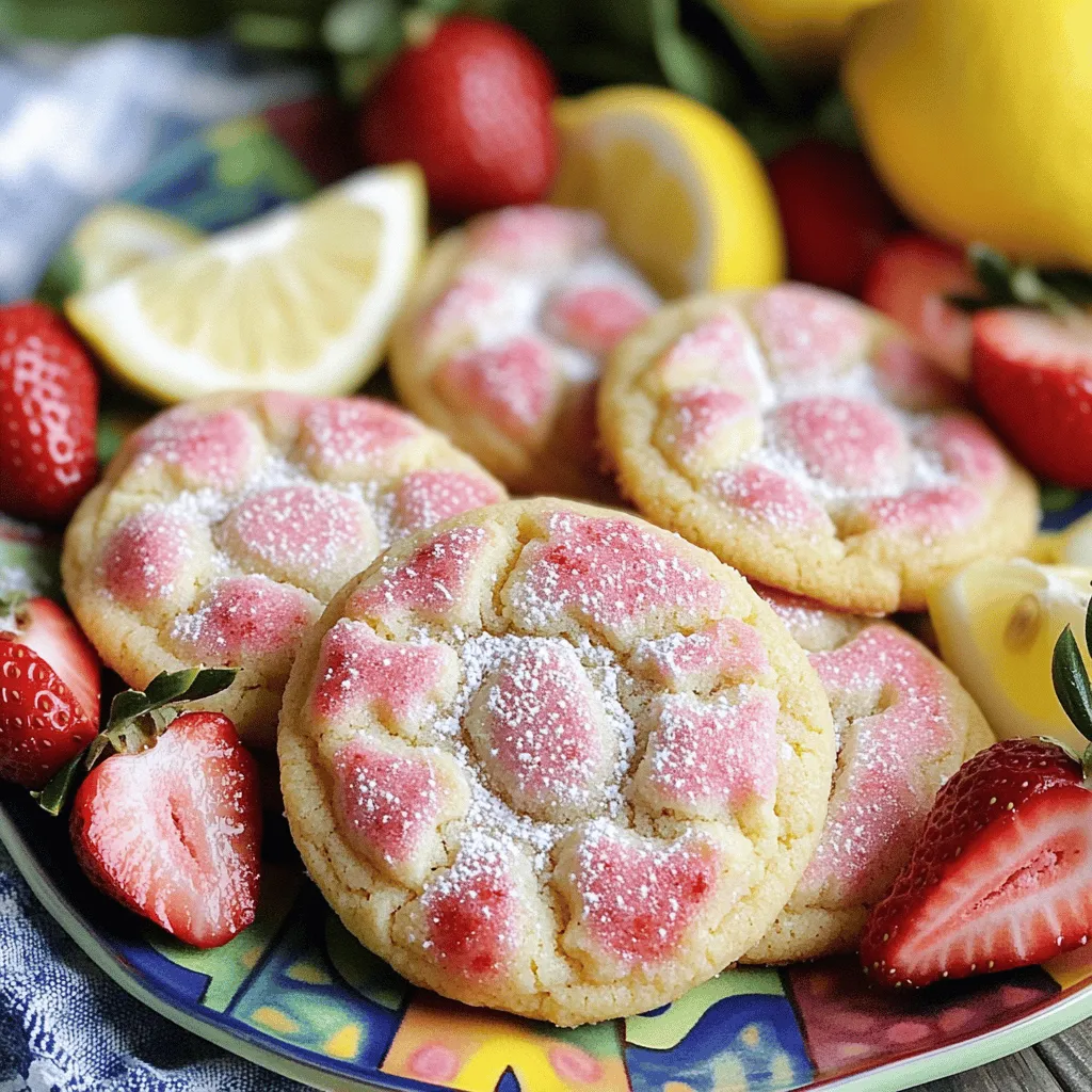 To make these delightful cookies, you will need: - 1 cup unsalted butter, softened to room temperature - 1 cup granulated sugar - 1 large egg - 2 tablespoons freshly squeezed lemon juice - 1 tablespoon finely grated lemon zest - 2 cups all-purpose flour - 1/2 teaspoon baking soda - 1/4 teaspoon salt - 1 cup fresh strawberries, hulled and finely chopped - 1/2 cup powdered sugar (for dusting) This simple list of ingredients brings together sweet and tangy flavors. Each one plays a role in making these cookies shine. When measuring, always use dry measuring cups for flour and sugar. Spoon the flour into the cup and level it off with a knife. This method avoids packing flour and helps keep your cookies light. For liquid ingredients, like lemon juice, use a liquid measuring cup. - Egg: Use a large egg for best results. - Butter: Make sure your butter is soft, not melted. This helps your cookies keep their shape. If you cannot find some ingredients, here are some swaps: - Butter: You can use coconut oil, but the texture will change. - Sugar: Try using brown sugar for a richer flavor. - Flour: A gluten-free blend can work as a substitute. - Strawberries: If fresh strawberries are not available, use frozen ones. Just chop them and drain excess moisture before adding. These options allow you to customize the recipe to fit your needs while keeping the flavor intact. For the full recipe, follow the steps and enjoy a batch of yummy cookies! Start by preheating your oven to 350°F (175°C). This step is key for even baking. While the oven warms up, line a baking sheet with parchment paper. This helps the cookies come off easily after baking. Next, grab a large mixing bowl. Cream together 1 cup of softened butter and 1 cup of granulated sugar. Use a hand mixer or stand mixer for this. Mix until the blend is light and fluffy, about 3-5 minutes. Then, crack in 1 large egg. Add 2 tablespoons of freshly squeezed lemon juice and 1 tablespoon of finely grated lemon zest. Mix on medium speed until everything is smooth. In a separate bowl, whisk together 2 cups of all-purpose flour, 1/2 teaspoon of baking soda, and 1/4 teaspoon of salt. This helps the cookies rise well. Gradually add the dry mix to the wet mix. Stir gently until just combined. Be careful not to overmix. Now, fold in 1 cup of finely chopped fresh strawberries using a rubber spatula. Make sure they are evenly spread in the dough but don’t break them down too much. Use a tablespoon or cookie scoop to drop rounded balls of dough onto the prepared baking sheet. Space them about 2 inches apart. This lets them spread nicely while baking. Bake the cookies in your preheated oven for about 12-15 minutes. Look for lightly golden edges, while the centers should still be soft. When they are ready, take the baking sheet out. Let the cookies cool on the sheet for about 5 minutes. Then, move them to a wire rack to cool completely. Once cooled, dust the cookies with 1/2 cup of powdered sugar for a sweet finish. Enjoy your delicious strawberry lemonade cookies! For the complete recipe, check out the Full Recipe section. To get a soft and chewy cookie, use softened butter. Room temperature butter mixes well with sugar, creating air pockets. This helps the cookies rise nicely. Don’t overmix after adding flour. Mix just until combined. This keeps the cookies tender. One common mistake is using cold butter. Cold butter makes the cookies dense and hard. Another mistake is overbaking. Keep an eye on the cookies. They should be lightly golden on the edges but soft in the center. Lastly, don’t skip the cooling step. Letting them cool helps set the perfect texture. For a fun look, stack the cookies on a bright plate. Add fresh strawberries and lemon wedges around them. This adds color and makes the dish pop. You can also drizzle a little lemon glaze on top for extra flair. Dusting with powdered sugar gives a sweet finish, making them even more inviting. Enjoy these cookies fresh with a glass of lemonade for a perfect treat! {{image_4}} You can make gluten-free strawberry lemonade cookies with a few swaps. Use gluten-free flour instead of regular flour. Brands like Bob's Red Mill or King Arthur Flour work well. Check the package for a one-to-one ratio. This keeps the texture light and fluffy. You won’t lose any lemony or fruity flavor. Feel free to get creative! You can add blueberries, raspberries, or even peaches. Fresh fruit gives a nice twist to your cookies. If you want more citrus, try adding lime zest or juice. This adds a fun zing and bright flavor. Mix it up and enjoy the different tastes! While dusting with powdered sugar is great, icing can add extra flair. A simple lemon glaze can take your cookies to the next level. Mix lemon juice with powdered sugar until smooth. Drizzle it over cooled cookies for a sweet finish. You might also want to sprinkle some zest on top for color. If you want a different flavor, try a strawberry glaze! Just blend fresh strawberries with powdered sugar and use it as a topping. To keep your strawberry lemonade cookies fresh, store them in an airtight container. This helps to keep them soft and moist. Place a piece of bread in the container to absorb extra moisture. The cookies will taste great for days! You can freeze these cookies for later enjoyment. First, let them cool completely. Then, place the cookies in a single layer on a baking sheet. Freeze them for one to two hours. Once frozen, transfer them to a freezer bag. Be sure to remove as much air as possible before sealing. You can freeze them for up to three months. When stored properly, your strawberry lemonade cookies can last up to one week at room temperature. If you choose to freeze them, they will stay fresh for about three months. Remember to thaw them at room temperature before enjoying. For the full recipe, check out the previous section. Yes, you can use frozen strawberries for these cookies. Just make sure to thaw and drain them first. This step prevents extra moisture in your cookie dough. Chopping them into small pieces helps too. However, fresh strawberries give the best flavor and texture. To make these cookies vegan, replace the egg with a flax egg. Mix one tablespoon of ground flaxseed with three tablespoons of water. Let it sit for five minutes to thicken. Use vegan butter in place of regular butter. These swaps keep the cookies soft and tasty. Pre-made strawberry lemonade cookies can often be found at local bakeries or specialty stores. Check online for options too. Some larger grocery stores may carry them in the bakery section. If you want a fun treat, try making the cookies at home using the full recipe! We explored how to make delicious strawberry lemonade cookies. You learned the complete ingredient list and measurement tips to ensure success. We covered step-by-step instructions for baking and cooling, along with tips for perfect texture and common mistakes to avoid. Variations let you customize your cookies, and proper storage keeps them fresh. Remember, experimenting with flavors can make your cookies even better. Now, it's time to bake and share some sweet treats!