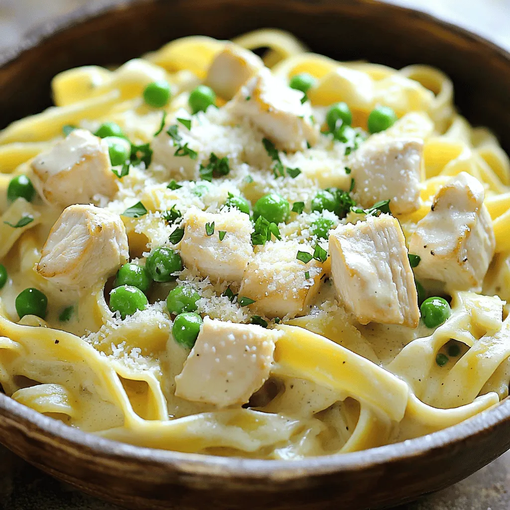 - 2 tablespoons extra virgin olive oil - 2 boneless, skinless chicken breasts, cut into bite-sized cubes - Sea salt and freshly cracked black pepper, to taste - 3 cloves garlic, finely minced - 1 cup low-sodium chicken broth - 1 cup rich heavy cream - 8 ounces fettuccine pasta - 1 cup freshly grated Parmesan cheese - 1 teaspoon Italian seasoning blend - 1 cup frozen peas (optional, for a pop of color and sweetness) - Fresh parsley, finely chopped (for garnish) Gathering the right ingredients makes cooking easier. Start with extra virgin olive oil. It adds great flavor and helps cook the chicken. Next, use boneless, skinless chicken breasts. They cook quickly and stay tender. Season the chicken with sea salt and black pepper. This simple step boosts taste. You’ll need garlic, too. Mince three cloves to add a nice aroma. Chicken broth is next, and it gives depth to the sauce. Heavy cream makes the dish rich and creamy. For the pasta, I love using fettuccine. It holds the sauce well. Next, grab freshly grated Parmesan cheese. It melts easily and adds a savory touch. Italian seasoning brings warmth to the dish. If you want, add frozen peas for color and sweetness. Lastly, fresh parsley makes a lovely garnish. This simple list makes a creamy one-pot meal you will love! For the full recipe, check out the detailed instructions. Cooking the chicken Start by heating 2 tablespoons of extra virgin olive oil in a large pot over medium heat. Season the chicken breasts, cut into cubes, with sea salt and black pepper. Cook the chicken for about 6-7 minutes. Stir occasionally until it turns golden brown and cooks through. Once done, take the chicken out and set it aside. Sautéing garlic In the same pot, add 3 cloves of minced garlic without cleaning it. Sauté the garlic for about 1 minute. Stir constantly until it gives off a nice smell but does not burn. This adds great flavor to your dish. Adding broth and cream Next, carefully pour in 1 cup of low-sodium chicken broth and 1 cup of rich heavy cream. Use a wooden spoon to scrape up any bits stuck at the bottom of the pot. Stir everything together well. Increase the heat slightly until it simmers gently. Cooking the pasta Now, add 8 ounces of fettuccine pasta to the pot. Press it down gently so it is fully submerged in the liquid. Stir it a couple of times to stop it from sticking together. Cook the pasta according to the package, about 10-12 minutes, until it's al dente. Incorporating cheese and seasoning When the pasta is cooked, lower the heat. Add 1 cup of freshly grated Parmesan cheese and 1 teaspoon of Italian seasoning. Stir continuously until the cheese melts and the sauce becomes creamy. If you want, mix in 1 cup of frozen peas now, letting them warm for about 2 minutes. Mixing in chicken and peas Finally, return the cooked chicken to the pot. Gently mix it in until everything combines well. Taste and adjust seasoning with more salt and pepper if needed. Let it sit for a couple of minutes before serving. This helps the sauce thicken for that perfect creamy finish. For the complete guide, be sure to check the Full Recipe. - How to achieve perfect chicken Start with fresh, high-quality chicken. Cut it into small cubes to ensure even cooking. Season well with sea salt and black pepper. Cook it on medium heat until golden brown. This should take about 6 to 7 minutes. Remove it once fully cooked to keep it juicy. - Best pasta cooking methods Use fettuccine for a classic taste. Add it to the pot with the broth and cream. Press it down to submerge fully. Stir gently to prevent sticking. Cook according to package instructions. Aim for al dente for the best texture. - Ensuring a creamy sauce Use heavy cream and freshly grated Parmesan cheese. This combination gives a rich, smooth sauce. Stir continuously as you mix in the cheese. This prevents clumps and ensures creaminess. - How to prevent sticking Stir the pasta a few times while cooking. This helps keep it separate. Adding enough liquid is key; the pasta should be submerged. If needed, add a splash of broth or water during cooking. - Types of cheese to use Parmesan is the classic choice for Alfredo. For extra flavor, mix in some Pecorino Romano. Both melt well and add a nice touch to the dish. - Fresh herbs for flavor Chopped parsley brightens the dish. Other options include basil or chives for a fresh pop. Sprinkle them on top just before serving for the best taste. - Presentation tips for serving Serve in shallow bowls for a beautiful look. Top with extra cheese and herbs for color. You can also add a slice of garlic bread on the side for a complete meal. For the full recipe, check the details above. {{image_4}} You can easily switch things up with your One-Pot Chicken Alfredo. Here are some tasty options: - Substituting chicken with shrimp or vegetables: If you want a lighter meal, try shrimp. Cook them until pink and tender. For a veggie twist, use broccoli, zucchini, or bell peppers. They add great color and taste. - Using different pasta types: Fettuccine is classic, but you can use penne or spaghetti. Just adjust the cooking time based on the pasta type. - Dairy-free alternatives: You can swap heavy cream for coconut milk or cashew cream. These options keep your dish creamy without dairy. Boosting flavor is easy with a few extra ingredients. Here’s how to make your dish pop: - Adding spices or herbs: A pinch of red pepper flakes adds heat. Fresh basil or thyme can also brighten the dish. - Incorporating sun-dried tomatoes: These add a sweet and tangy kick. Chop them finely and mix them in when you add the chicken back. - Suggesting additional vegetables: Spinach or kale can be added near the end. They wilt nicely and add nutrients without overpowering the dish. These variations and enhancements make your One-Pot Chicken Alfredo unique and fun. Don't hesitate to get creative! For the complete recipe, check out the Full Recipe section. To keep your One-Pot Chicken Alfredo fresh, follow these steps: - Refrigeration guidelines: Cool the dish to room temperature. Transfer it to an airtight container. Store it in the fridge for up to 3 days. - Freezing instructions: For longer storage, portion the Alfredo into freezer-safe containers. It stays good for about 2 months in the freezer. Label the containers so you can easily find them later. When it's time to enjoy your leftovers, reheating is key. Use these methods: - Best methods for reheating pasta dishes: The best way to reheat is on the stove. Place the Alfredo in a pot and add a splash of chicken broth or milk. Stir over low heat until warmed through. - Tips for maintaining creaminess: Avoid the microwave if you can. It can make the sauce grainy. Stir in a little extra cream or broth while reheating. This will help keep it creamy and smooth. For the full recipe, check [Full Recipe]. Can I make One-Pot Chicken Alfredo ahead of time? Yes, you can make One-Pot Chicken Alfredo ahead of time. Prepare it, then cool it down. Store it in an airtight container. When you are ready to eat, just reheat it on the stove or in the microwave. How to prevent the sauce from separating? To keep the sauce creamy, avoid boiling it after adding the cheese. Stir the sauce gently over low heat. Adding cheese gradually helps it melt smoothly. Using fresh ingredients also keeps the sauce from breaking. What can I substitute for heavy cream? If you want a lighter option, use half-and-half or whole milk. For a dairy-free choice, try coconut cream or cashew cream. Keep in mind that the texture may change a bit with different substitutes. Is this recipe suitable for meal prep? Yes! This recipe is great for meal prep. It holds well in the fridge and reheats nicely. Just follow the cooling and storage tips to keep it fresh. You can portion it out for the week to enjoy easy meals. For the full recipe, check the detailed instructions above. This blog post covered how to make a delicious one-pot chicken Alfredo. We discussed key ingredients, preparation steps, and helpful tips. You learned how to enjoy creamy pasta and keep it from sticking. You also discovered some great variations, like using shrimp or different pastas. Finally, we talked about storage and reheating. Cooking can be fun and easy. Enjoy your meal, and don’t be afraid to experiment!