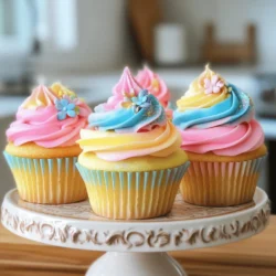 - 1 ½ cups all-purpose flour - 1 cup granulated sugar - ½ cup unsalted butter, softened - 2 large eggs - 1 tsp pure vanilla extract - ½ cup milk - 1 ½ tsp baking powder - ¼ tsp salt - 2 cups powdered sugar - 1 cup unsalted butter, softened - 2-3 tbsp heavy cream or milk - Food coloring paste (various colors) For these watercolor buttercream cupcakes, you need simple yet key ingredients. Start with the cupcake ingredients. All-purpose flour gives the structure you want. Granulated sugar adds sweetness and helps with texture. Softened unsalted butter makes it rich and moist. Adding large eggs gives the cupcakes a good rise. Pure vanilla extract brings a lovely flavor. Milk keeps the batter smooth. Baking powder helps the cupcakes rise. A pinch of salt balances the sweetness. Next, for the buttercream, you need powdered sugar for sweetness and texture. Softened unsalted butter creates a creamy base. Heavy cream or milk adds that perfect smoothness. Finally, food coloring paste lets you create those stunning watercolor effects. These ingredients are key to making the perfect watercolor buttercream cupcakes. For the complete process, check the Full Recipe. - Set the temperature to 350°F (175°C). - Line a muffin tin with cupcake liners. Start by setting your oven to 350°F (175°C). This ensures a perfect bake. While the oven heats, line your muffin tin with cupcake liners. This keeps the cupcakes from sticking and makes for easy serving. - Cream butter and sugar until fluffy. - Incorporate eggs one at a time and then add vanilla. In a large bowl, add the softened unsalted butter and granulated sugar. Use an electric mixer and mix until light and fluffy. This should take about 3-4 minutes. Next, add the eggs one at a time. Mix well after each egg. Finally, stir in the pure vanilla extract until it is well blended. - Combine dry ingredients and alternate adding them with milk. - Fill cupcake liners and bake for 18-20 minutes. In a separate bowl, whisk together the all-purpose flour, baking powder, and salt. Gradually add this mixture to your butter and sugar mix, alternating with the room temperature milk. Start and end with the dry ingredients, mixing until just combined. Be careful not to overmix! Spoon the batter into the cupcake liners, filling each about two-thirds full. This allows space for rising. Place the muffin tin in the oven and bake for 18-20 minutes. Check with a toothpick; if it comes out clean, your cupcakes are ready. Let them cool completely on a wire rack before frosting. For full details on the ingredients and more, check out the Full Recipe. To get fluffy cupcakes, avoid overmixing the batter. When you combine the wet and dry ingredients, mix just until you see no flour. This keeps the cupcakes light and airy. Use room temperature ingredients, like butter and eggs. This helps them mix better. When everything blends well, it creates a smoother batter and improves the cupcake's rise. For a smooth buttercream, gradually add cream or milk. Start with a small amount, then mix. This helps you get the right texture without making it too runny. Beat the butter and powdered sugar together first. This allows the sugar to dissolve better. Keep mixing until it’s creamy and fluffy. If it feels too thick, add more cream a little at a time. Mix food coloring in small bowls before adding it to the buttercream. Use a toothpick for precision. This way, you control the color better. To swirl frosting, use a piping bag filled with different colors. Pipe the frosting in a circular motion. You can also use a spatula to blend the colors lightly for a beautiful effect. For more tips, check the Full Recipe for Watercolor Buttercream Cupcakes! {{image_4}} You can play with flavors for your cupcake base. Here are two fun ideas: - Chocolate cupcakes: Swap some flour for cocoa powder to make these rich and tasty. Use about ½ cup of cocoa powder. This adds deep flavor and pairs well with any buttercream. - Lemon zest infused cupcakes: Add zest from one lemon into the batter. This gives a bright and fresh taste. The citrus flavor contrasts nicely with sweet frostings. When it comes to buttercream colors, choices are endless. Here’s how to explore: - Pastel vs. vibrant colors: Pastel colors are soft and gentle. Use less food coloring for a light touch. Vibrant colors pop and grab attention. Add more coloring to your buttercream for bold shades. - Seasonal-themed color palettes: For spring, think soft pinks, yellows, and greens. In fall, go for warm oranges, reds, and browns. Match colors to holidays for fun themes. Toppings can elevate your cupcakes to the next level. Consider these great options: - Edible glitter and sprinkles: These add sparkle and fun. Just a sprinkle can make your cupcakes shine. Use them to catch the eye at any gathering. - Fresh fruits or edible flowers: Fresh berries or edible flowers add a lovely touch. They not only look good but taste great too. Use small fruits like raspberries or delicate flowers like pansies for beautiful garnishes. Explore these variations to make your watercolor buttercream cupcakes unique. Check the full recipe for all the steps! To keep your watercolor buttercream cupcakes fresh, store them at room temperature. Avoid placing them in the fridge, as cold air can dry them out. Use airtight containers to seal in moisture. If you have extra cupcakes, these containers will help keep them soft and tasty. You can freeze both unfrosted and frosted cupcakes. For unfrosted ones, wrap each cupcake in plastic wrap, then place them in a freezer-safe bag. This helps prevent freezer burn. For frosted cupcakes, freeze them first on a tray for about an hour. After they are solid, wrap them carefully. To thaw, remove from the freezer and let them sit at room temperature. This way, the frosting stays smooth. Watercolor buttercream cupcakes last about three days at room temperature. Keep them in an airtight container. If frozen, they can last up to three months. Just remember that the taste and texture may change slightly after freezing. Enjoy your cupcakes fresh for the best flavor! To help your cupcakes rise, use fresh baking powder. Always check the expiration date. Make sure your ingredients are at room temperature. This includes eggs and milk. Mix your batter just until combined; don’t overmix. Overmixing can lead to dense cupcakes. Fill cupcake liners about two-thirds full. This gives them room to rise beautifully. Yes, you can use milk substitutes for the buttercream. Almond milk, soy milk, or oat milk work well. Just make sure the milk substitute is unsweetened to keep the frosting sweet. Start with the same amount as regular milk. Adjust as needed for your desired consistency. Your buttercream will still taste great! To get a smooth finish on your frosting, start with room temperature butter. Beat it well until creamy before adding the sugar. Add your liquid slowly. Mix until the buttercream is fluffy. If you need it smoother, add a bit more cream or milk. Use a spatula to spread the frosting evenly. This creates a nice, polished look. Adding sour cream or yogurt can make your cupcakes super moist. You can also use applesauce or mashed banana. These ingredients add moisture without changing the flavor much. Another tip is to not overbake your cupcakes. Check them a few minutes before the time is up. This keeps them soft and tender. For a bolder watercolor effect, use gel food coloring instead of liquid. Gel colors are more concentrated, creating vibrant shades. Mix a little gel into your buttercream for strong colors. Layer the colors in your piping bag for a fun swirl. You can also use a toothpick to blend colors together softly. This makes each cupcake unique and eye-catching! In this blog post, we explored how to create perfect cupcakes and buttercream. We covered ingredients, step-by-step instructions, and essential tips for the best results. Don't forget the fun variations and storing techniques to keep your treats fresh. With a little practice, you can master the art of baking. Remember, the joy of baking comes from sharing with others. So, gather friends and enjoy your delicious creations together!