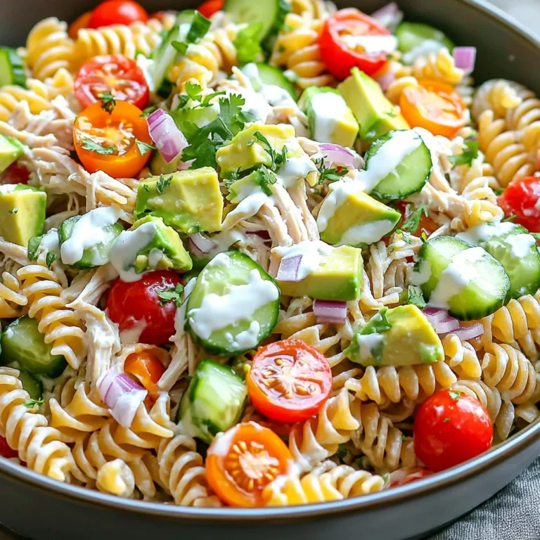 - 2 cups whole wheat pasta (fusilli or rotini) - 1 cup cooked chicken breast, shredded - 1 ripe avocado, diced - 1 cup cherry tomatoes, halved - 1/2 cucumber, diced - 1/4 red onion, finely chopped - 1/4 cup Greek yogurt (plain) - 2 tablespoons fresh lime juice (about 1 lime) - 1 tablespoon extra virgin olive oil - 1 teaspoon garlic powder - Salt and black pepper, to taste - Fresh cilantro or parsley, chopped, for garnish In this chicken pasta salad, I focus on healthy ingredients. Whole wheat pasta gives you fiber. It helps keep you full. The cooked chicken adds protein, which is great for your muscles. Avocado gives you healthy fats and makes the salad creamy. I love using fresh veggies like cherry tomatoes and cucumber. They add color and crunch. The Greek yogurt in the dressing is a healthy swap for mayo. It keeps it light but still creamy. Lime juice brightens the flavors. Olive oil adds richness. Garlic powder gives it a tasty kick. You can adjust the salt and pepper to your liking. Fresh herbs like cilantro or parsley finish it off. They add a burst of freshness. If you want to make this salad, use the full recipe. It shows you how to combine all these tasty ingredients into one bowl of goodness! To cook whole wheat pasta, bring a pot of salted water to a boil. Add 2 cups of whole wheat pasta, like fusilli or rotini. Cook until al dente, usually about 8 to 10 minutes. Check the package for exact times. Once done, drain the pasta and rinse it under cold water. This step cools it down quickly and stops the cooking. Set it aside in a bowl. Next, gather your salad base. In a large mixing bowl, combine 1 cup of shredded chicken, 1 diced avocado, 1 cup of halved cherry tomatoes, 1/2 diced cucumber, and 1/4 finely chopped red onion. It’s important to mix gently. If you mash the avocado, it will not look good. You want to keep those lovely green chunks. Now, let’s make the dressing. In a small bowl, whisk together 1/4 cup of plain Greek yogurt, 2 tablespoons of fresh lime juice, 1 tablespoon of extra virgin olive oil, and 1 teaspoon of garlic powder. Add salt and black pepper to taste. Blend until you have a smooth and creamy sauce. If it feels too thick, add a little more lime juice. Pour the yogurt dressing over the chicken and vegetable mix. Use a spatula to toss gently. You want everything to be coated but not smashed. After mixing, add the cooled pasta. Toss again until well combined. Cover the salad with plastic wrap or put it in an airtight container. Chill it in the fridge for about 30 minutes. This helps the flavors blend nicely. When you are ready to serve, remove the salad from the fridge. Present it in a clear glass bowl to show off the colors. You can also portion it into individual bowls. For a fresh touch, add lime wedges on the side. Garnish with chopped cilantro or parsley to enhance the flavor. Enjoy your tasty and healthy chicken pasta salad with avocado! You can find the full recipe [here](insert-link). - Overcooking the pasta: Always cook your pasta until it is al dente. This keeps it firm and helps avoid mushiness. If you cook it too long, it becomes soggy in the salad. - Mashing the avocado while mixing: When you add the avocado, be gentle. Use a spatula to fold it in with the other ingredients. If you mash it, you lose that creamy texture and fresh taste. - Suggestions for seasoning adjustments: If you like more flavor, add extra lime juice or a pinch of salt. Taste as you go to find your perfect balance. - Adding fresh herbs for extra freshness: Fresh cilantro or parsley brightens the dish. Chop it finely and sprinkle it over the salad just before serving. - Best practices for prepping ahead of time: You can cook the pasta and chicken a day before. Just store them in separate airtight containers. This makes the salad quick to finish. - Storage tips for freshness: Keep the salad in the fridge if you make it ahead. A sealed container helps it stay fresh for about two days. If possible, add the avocado right before serving to keep it green and tasty. {{image_4}} You can switch up the protein in your salad. Grilled shrimp adds a sweet, smoky flavor. It cooks fast and pairs well with avocado. Tofu is a great choice for a plant-based option. Just marinate it in lime juice and grill or sauté it until golden. Canned chickpeas are also easy to add. They are packed with protein and fiber. Just rinse and toss them in for a vegetarian boost. Seasonal vegetables can make your salad shine. Try fresh bell peppers for crunch and color. Zucchini or asparagus can add a nice twist, too. If you want more crunch, consider adding radishes or snap peas. These veggies enhance the texture and make your salad more exciting. Feel free to mix up your dressing. A tangy vinaigrette can give your salad a bright kick. Ranch dressing also works well if you prefer something creamier. To customize the yogurt dressing, try adding herbs like dill or basil. You can also mix in spices like cumin or paprika for extra flavor. This way, your salad stays fresh and fun every time you make it. For the complete recipe, check out the [Full Recipe]. To keep your chicken pasta salad fresh, store it in the fridge. Use airtight containers to lock in moisture and flavor. I recommend glass or BPA-free plastic containers. They help prevent spills and keep your salad crisp. In the fridge, this salad lasts about three days. After that, its taste and texture may change. Watch for signs of spoilage. If you see brown avocado or a sour smell, it’s best to toss it. You can freeze chicken pasta salad, but it may change texture. The pasta and veggies can become mushy when thawed. If you decide to freeze it, pack it tightly in an airtight container or freezer bag. When you're ready to eat, thaw it in the fridge overnight before serving. Yes, you can use regular pasta. Whole wheat pasta has more fiber. Fiber helps you feel full longer. It also aids digestion. Regular pasta is lower in fiber. If you want a lighter dish, use regular pasta. Just keep in mind its health benefits. I recommend cutting the avocado into bite-sized pieces. This size gives the best flavor and texture. Too small, and it may mash into the salad. Too big, and it becomes hard to eat. Aim for about one-inch cubes. This way, you enjoy every bite. To make it gluten-free, switch to gluten-free pasta. There are many types available. Look for rice, corn, or quinoa pasta. They work well in this salad. You can also skip the pasta and add more veggies, like bell peppers or zucchini. This keeps it fresh and delicious. Yes, cheese adds great flavor! Feta or mozzarella works well. Use about half a cup if you like cheese. Crumbled feta gives a tangy taste, while mozzarella adds creaminess. Just make sure to mix it in gently so you don’t crush the avocado. This salad is healthy and filling. A serving has about 350 calories. It has around 30 grams of protein from chicken and yogurt. Healthy fats come from avocado and olive oil. You will also get fiber from whole wheat pasta and veggies. This makes it a balanced meal. For the full recipe, check out the detailed steps above. This blog post provides a simple and tasty recipe for chicken pasta salad. We covered each ingredient, step, and tip to ensure your dish is perfect. You now have the knowledge to make it your own. Remember to experiment with veggies and dressings. This allows for unique flavors each time. Trust your taste buds, and enjoy every bite. Happy cooking!