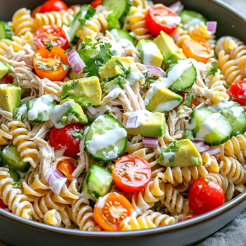 - 2 cups whole wheat pasta (fusilli or rotini) - 1 cup cooked chicken breast, shredded - 1 ripe avocado, diced - 1 cup cherry tomatoes, halved - 1/2 cucumber, diced - 1/4 red onion, finely chopped - 1/4 cup Greek yogurt (plain) - 2 tablespoons fresh lime juice (about 1 lime) - 1 tablespoon extra virgin olive oil - 1 teaspoon garlic powder - Salt and black pepper, to taste - Fresh cilantro or parsley, chopped, for garnish In this chicken pasta salad, I focus on healthy ingredients. Whole wheat pasta gives you fiber. It helps keep you full. The cooked chicken adds protein, which is great for your muscles. Avocado gives you healthy fats and makes the salad creamy. I love using fresh veggies like cherry tomatoes and cucumber. They add color and crunch. The Greek yogurt in the dressing is a healthy swap for mayo. It keeps it light but still creamy. Lime juice brightens the flavors. Olive oil adds richness. Garlic powder gives it a tasty kick. You can adjust the salt and pepper to your liking. Fresh herbs like cilantro or parsley finish it off. They add a burst of freshness. If you want to make this salad, use the full recipe. It shows you how to combine all these tasty ingredients into one bowl of goodness! To cook whole wheat pasta, bring a pot of salted water to a boil. Add 2 cups of whole wheat pasta, like fusilli or rotini. Cook until al dente, usually about 8 to 10 minutes. Check the package for exact times. Once done, drain the pasta and rinse it under cold water. This step cools it down quickly and stops the cooking. Set it aside in a bowl. Next, gather your salad base. In a large mixing bowl, combine 1 cup of shredded chicken, 1 diced avocado, 1 cup of halved cherry tomatoes, 1/2 diced cucumber, and 1/4 finely chopped red onion. It’s important to mix gently. If you mash the avocado, it will not look good. You want to keep those lovely green chunks. Now, let’s make the dressing. In a small bowl, whisk together 1/4 cup of plain Greek yogurt, 2 tablespoons of fresh lime juice, 1 tablespoon of extra virgin olive oil, and 1 teaspoon of garlic powder. Add salt and black pepper to taste. Blend until you have a smooth and creamy sauce. If it feels too thick, add a little more lime juice. Pour the yogurt dressing over the chicken and vegetable mix. Use a spatula to toss gently. You want everything to be coated but not smashed. After mixing, add the cooled pasta. Toss again until well combined. Cover the salad with plastic wrap or put it in an airtight container. Chill it in the fridge for about 30 minutes. This helps the flavors blend nicely. When you are ready to serve, remove the salad from the fridge. Present it in a clear glass bowl to show off the colors. You can also portion it into individual bowls. For a fresh touch, add lime wedges on the side. Garnish with chopped cilantro or parsley to enhance the flavor. Enjoy your tasty and healthy chicken pasta salad with avocado! You can find the full recipe [here](insert-link). - Overcooking the pasta: Always cook your pasta until it is al dente. This keeps it firm and helps avoid mushiness. If you cook it too long, it becomes soggy in the salad. - Mashing the avocado while mixing: When you add the avocado, be gentle. Use a spatula to fold it in with the other ingredients. If you mash it, you lose that creamy texture and fresh taste. - Suggestions for seasoning adjustments: If you like more flavor, add extra lime juice or a pinch of salt. Taste as you go to find your perfect balance. - Adding fresh herbs for extra freshness: Fresh cilantro or parsley brightens the dish. Chop it finely and sprinkle it over the salad just before serving. - Best practices for prepping ahead of time: You can cook the pasta and chicken a day before. Just store them in separate airtight containers. This makes the salad quick to finish. - Storage tips for freshness: Keep the salad in the fridge if you make it ahead. A sealed container helps it stay fresh for about two days. If possible, add the avocado right before serving to keep it green and tasty. {{image_4}} You can switch up the protein in your salad. Grilled shrimp adds a sweet, smoky flavor. It cooks fast and pairs well with avocado. Tofu is a great choice for a plant-based option. Just marinate it in lime juice and grill or sauté it until golden. Canned chickpeas are also easy to add. They are packed with protein and fiber. Just rinse and toss them in for a vegetarian boost. Seasonal vegetables can make your salad shine. Try fresh bell peppers for crunch and color. Zucchini or asparagus can add a nice twist, too. If you want more crunch, consider adding radishes or snap peas. These veggies enhance the texture and make your salad more exciting. Feel free to mix up your dressing. A tangy vinaigrette can give your salad a bright kick. Ranch dressing also works well if you prefer something creamier. To customize the yogurt dressing, try adding herbs like dill or basil. You can also mix in spices like cumin or paprika for extra flavor. This way, your salad stays fresh and fun every time you make it. For the complete recipe, check out the [Full Recipe]. To keep your chicken pasta salad fresh, store it in the fridge. Use airtight containers to lock in moisture and flavor. I recommend glass or BPA-free plastic containers. They help prevent spills and keep your salad crisp. In the fridge, this salad lasts about three days. After that, its taste and texture may change. Watch for signs of spoilage. If you see brown avocado or a sour smell, it’s best to toss it. You can freeze chicken pasta salad, but it may change texture. The pasta and veggies can become mushy when thawed. If you decide to freeze it, pack it tightly in an airtight container or freezer bag. When you're ready to eat, thaw it in the fridge overnight before serving. Yes, you can use regular pasta. Whole wheat pasta has more fiber. Fiber helps you feel full longer. It also aids digestion. Regular pasta is lower in fiber. If you want a lighter dish, use regular pasta. Just keep in mind its health benefits. I recommend cutting the avocado into bite-sized pieces. This size gives the best flavor and texture. Too small, and it may mash into the salad. Too big, and it becomes hard to eat. Aim for about one-inch cubes. This way, you enjoy every bite. To make it gluten-free, switch to gluten-free pasta. There are many types available. Look for rice, corn, or quinoa pasta. They work well in this salad. You can also skip the pasta and add more veggies, like bell peppers or zucchini. This keeps it fresh and delicious. Yes, cheese adds great flavor! Feta or mozzarella works well. Use about half a cup if you like cheese. Crumbled feta gives a tangy taste, while mozzarella adds creaminess. Just make sure to mix it in gently so you don’t crush the avocado. This salad is healthy and filling. A serving has about 350 calories. It has around 30 grams of protein from chicken and yogurt. Healthy fats come from avocado and olive oil. You will also get fiber from whole wheat pasta and veggies. This makes it a balanced meal. For the full recipe, check out the detailed steps above. This blog post provides a simple and tasty recipe for chicken pasta salad. We covered each ingredient, step, and tip to ensure your dish is perfect. You now have the knowledge to make it your own. Remember to experiment with veggies and dressings. This allows for unique flavors each time. Trust your taste buds, and enjoy every bite. Happy cooking!
