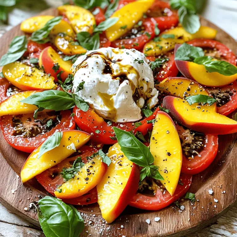 - 2 large heirloom tomatoes, beautifully sliced - 2 ripe peaches, pitted and sliced into wedges - 1/4 cup fresh basil leaves, torn into smaller pieces Fresh produce is key to this salad. Heirloom tomatoes bring color and flavor. They have a rich taste and juicy texture. Ripe peaches add sweetness and a hint of tartness. Choose peaches that give slightly when you press them. Fresh basil brings a fragrant note. It also enhances the overall flavor profile. - 1 ball of fresh, creamy burrata cheese Burrata cheese is the star here. Its creamy texture pairs perfectly with the fruit. When you cut into it, the cream spills out. This makes every bite rich and delicious. If you can’t find burrata, use fresh mozzarella. It won’t be as creamy, but it still tastes great. - 2 tablespoons rich balsamic glaze - 2 tablespoons high-quality extra virgin olive oil - Salt and freshly cracked black pepper to taste The dressing is simple yet vital. Balsamic glaze adds sweetness and tang. It also gives a beautiful finish to the salad. Extra virgin olive oil adds richness and depth. Use good quality oil for the best flavor. Finally, salt and pepper enhance all the tastes. They bring out the natural sweetness of the tomatoes and peaches. You can find the full recipe [here]. Enjoy every bite of this fresh and flavorful dish! - Start by washing the heirloom tomatoes and peaches under cold running water. - Gently pat them dry with a clean kitchen towel to remove any excess moisture. - Carefully slice the heirloom tomatoes into thick, even rounds. - Cut the peaches into appealing wedges for a nice look. - Take a large, flat serving platter. - Artfully alternate layers of the sliced tomatoes and peach wedges in a circular shape. - Gently tear the burrata cheese into generous pieces and place it in the center of the platter. - This allows the burrata to ooze its creamy texture, making it more delightful. - Scatter the torn basil leaves over the entire salad to add color and aroma. - Using a spoon, drizzle the balsamic glaze evenly over the salad. - Follow this with a drizzle of extra virgin olive oil for rich flavor. - Sprinkle with salt and freshly cracked black pepper to enhance the taste. - Serve the salad right away to enjoy the freshness of the ingredients. For the full recipe, you can find all the details that make this dish shine. To make your Tomato Peach Burrata Salad shine, pay attention to how you arrange the ingredients. Start with a large, flat platter. Alternate the sliced heirloom tomatoes and peach wedges in a circular pattern. This creates a beautiful visual effect that is sure to impress. For garnishing, use whole basil leaves on top. Add a light drizzle of extra balsamic glaze for a finishing touch. This not only enhances the look but also adds more flavor. Consider adding nuts or seeds to your salad for a delightful crunch. Toasted almonds or sunflower seeds work great. They bring a nice texture and flavor contrast. You can also incorporate citrus for brightness. A squeeze of lemon juice over the salad can lift the flavors. It adds a zesty kick that pairs well with the sweetness of peaches and tomatoes. Be careful not to over-salt your salad. A pinch of salt goes a long way. Too much can ruin the fresh taste of the ingredients. Always use ripe ingredients. If your peaches or tomatoes are not ripe, the salad will lack flavor. Look for fruits that yield slightly when pressed. This means they are ready to eat and will make your salad taste amazing. {{image_4}} You can change the fruits in this salad based on the season. In summer, use juicy peaches, but in fall, try pears. This keeps the dish fresh and exciting. You can also mix in seasonal herbs. If you have mint or dill, they can add a fun twist. If you want a vegan option, use cashew cheese instead of burrata. It gives a creamy texture without dairy. For those who are gluten-free, this salad works perfectly. All the ingredients are naturally gluten-free, so you don’t have to worry. To add some heat, toss in sliced jalapeños or red pepper flakes. This gives your salad a spicy kick. You can also switch oils for different flavors. Try avocado oil or infused olive oil for a unique taste. Each oil brings its own charm to the salad. For the Full Recipe, check out the complete instructions and tips! To keep your Tomato Peach Burrata Salad fresh, store it in the fridge. Place it in an airtight container. This keeps moisture in and air out. Use the salad within two days for the best taste. If you have any leftovers, cover them tightly. This prevents the flavors from mixing. Freezing this salad is not a great option. The tomatoes and peaches can get mushy when thawed. Instead, keep the ingredients separate. You can freeze burrata cheese, but it may change in texture. To keep ingredients fresh, buy them when ripe. Store peaches at room temperature until they ripen. Keep tomatoes in a cool, dark place. To refresh your salad, add a splash of olive oil. This lifts the flavors. You can also add a squeeze of lemon juice for a zesty kick. If you want to repurpose leftovers, try using them in a sandwich. Layer the salad on crusty bread for a tasty treat. You could also mix the salad into pasta for a quick dish. Check out the [Full Recipe] for all the steps to create this dish! When you shop for peaches, look for ones that feel soft but not mushy. They should have a sweet smell. Color is key too; go for bright yellow or golden hues. For tomatoes, pick ones that feel heavy for their size. They should be firm yet slightly give when pressed. A rich color and smooth skin show ripeness. Yes, you can prep some parts ahead of time. Slice the tomatoes and peaches, but do not mix them with burrata yet. Keep them in the fridge in separate containers. Assemble the salad just before serving to keep the ingredients fresh. This salad is packed with vitamins A and C, thanks to the tomatoes and peaches. The burrata provides calcium and protein. Each serving has about 250 calories. It's a light dish that offers good nutrition without being heavy. Pair this salad with crusty bread or grilled chicken. A glass of chilled white wine complements the flavors well. You can also serve it alongside a simple pasta dish or a light soup for a full meal. Check the full recipe for more ideas! This blog post detailed how to make a delicious Tomato Peach Burrata Salad. We explored fresh ingredients like heirloom tomatoes, ripe peaches, and creamy burrata. I outlined easy preparation steps, assembly, and final touches to elevate your dish. Remember to avoid common mistakes like over-salting and keep your ingredients ripe. You can also customize this salad for different seasons and diets. Enjoy the fresh flavors, and make it your own!