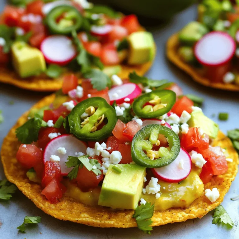 - 1 cup pickled jalapeños, diced - 1 cup ripe tomatoes, diced - 1/2 cup red onion, finely chopped - 1/2 cup fresh cilantro, roughly chopped - 1 medium avocado, diced - 1 tablespoon fresh lime juice - Sea salt, to taste - 8 crispy tostada shells - 1 cup crumbled queso fresco (or your favorite cheese) - Sliced radishes, for garnish Each ingredient plays a key role in creating the amazing taste of Pickle De Gallo Tostadas. The pickled jalapeños give a spicy kick that wakes up your taste buds. Ripe tomatoes add sweetness and moisture, while red onions bring a nice crunch. Fresh cilantro adds a bright note, making every bite fresh. The avocado adds creaminess, balancing the heat. Lime juice brightens the flavors and adds zing. Sea salt enhances all the tastes, making them pop. The crispy tostada shells provide a satisfying crunch. Finally, queso fresco adds a salty richness. You can use your favorite cheese if you prefer. These ingredients work together to create a delicious dish that is fun to eat. You can find the full recipe to learn how to make this tasty treat. First, take a medium mixing bowl. Add the diced pickled jalapeños, diced tomatoes, finely chopped red onion, and roughly chopped cilantro. These fresh ingredients create a bright and zesty flavor. Next, drizzle fresh lime juice over the mixture. Lime juice adds a tangy kick that brightens the dish. Then, season it with sea salt to taste. Carefully toss all the ingredients together until they are evenly mixed. This step helps all the flavors blend well. Now, preheat your oven to 350°F (175°C). This temperature ensures the tostadas become perfectly crispy. Arrange the tostada shells in a single layer on a baking sheet. Bake them for about 5 to 7 minutes. Keep an eye on them until they turn golden brown and crispy. Once done, remove them from the oven. Let them cool slightly on a wire rack. This keeps them from getting soggy. Now it’s time to put everything together. Generously spoon the pickle de gallo mixture onto each tostada. Spread it to the edges for the best flavor in every bite. Next, top the mixture with diced avocado. This adds a creamy texture that balances the tanginess of the pickle de gallo. After that, evenly sprinkle crumbled queso fresco on each tostada. This cheese adds a delightful salty contrast. For a pop of color and crunch, garnish with thin slices of radishes. These steps create a vibrant and tasty dish, perfect for sharing! To get the best flavor in your pickle de gallo, use fresh ingredients. Fresh tomatoes, onions, and cilantro bring the dish to life. I always choose ripe tomatoes for their sweetness. Diced pickled jalapeños add zest and crunch. Mix them well to let the flavors combine. A splash of fresh lime juice brightens up the mix and adds tang. Baking is my go-to method for making crispy tostadas. It’s healthier than frying and easier too. Preheat your oven to 350°F (175°C) and bake for about 5-7 minutes. Watch them closely to avoid burning. For the shells, choose ones that are sturdy and not too thin. This way, they hold the toppings without breaking. For an attractive dish, use colorful servingware. A bright plate makes the colors pop. Layer the pickle de gallo generously on each tostada. Top with diced avocado for creaminess. Sprinkle crumbled queso fresco on top for a salty kick. Finish with thin radish slices for a crisp touch. Serve them right away for the best taste and texture. Enjoy your vibrant and flavorful tostadas! {{image_4}} You can switch up the cheese on your tostadas for a new taste. Try using crumbled feta or shredded cheddar. Both add a different flavor. You can also add more veggies, like corn or bell peppers. Chopped black beans or grilled chicken make great protein options. Mix and match to find your favorite combo! For a vegan option, skip the cheese or use a plant-based alternative. There are many vegan cheeses that melt well. If you need gluten-free tostadas, look for corn-based shells. They are usually safe for gluten-free diets. You can also use lettuce leaves instead of shells for a fresh twist. Want to spice things up? Add diced serrano peppers or cayenne pepper to the mix. If you enjoy fresh herbs, try adding chopped mint or dill. These can change the taste in a fun way. For a tangy kick, a splash of hot sauce can elevate the flavors even more. Experiment with your favorite spices and herbs! To keep your tostadas crispy, store them in an airtight container. Place parchment paper between layers to avoid sogginess. Keep toppings separate to maintain freshness. This way, your tostadas stay crunchy and tasty. If you mix everything, the shells can get soft. Store leftover tostadas in the fridge for up to three days. The toppings last about two days. Look for any browning on the avocado or mushy tomatoes. These signs mean it's time to toss them out. Always check for freshness before eating. To reheat tostadas, preheat your oven to 350°F (175°C). Place them on a baking sheet for about five minutes. This keeps them crispy and warm. For toppings, you can microwave them, but be careful not to overheat. Enjoy the fresh flavors again! Pickle De Gallo Tostadas are crispy corn shells topped with a fresh and zesty mixture. The mix includes pickled jalapeños, tomatoes, onions, and cilantro. Each bite offers a crunch, tang, and freshness. You can find a detailed recipe in the Full Recipe section. Yes, you can prepare the Pickle De Gallo ahead of time. Just mix the ingredients and store them in the fridge. This lets the flavors blend well. However, wait to assemble the tostadas until you are ready to serve. This keeps the shells crisp. These tostadas shine as a snack or appetizer. Pair them with a creamy dip, like guacamole or sour cream, for extra flavor. You can also serve them alongside a fresh salad or grilled meats for a full meal. Yes, you can swap some ingredients based on your taste. Use fresh peppers instead of pickled ones for less heat. If you want a different cheese, try feta or cheddar. For a vegan option, skip the cheese altogether or use a nut-based cheese. Pickle De Gallo Tostadas come from Mexican cuisine. They reflect local ingredients and flavors. The dish combines traditional salsa recipes with crispy shells, creating a popular street food item in Mexico. Absolutely! To adjust the spice, use fewer pickled jalapeños. If you enjoy more heat, add fresh sliced jalapeños or a dash of hot sauce. Taste as you go to find your ideal level of spice. Pickle De Gallo Tostadas blend fresh ingredients and vibrant flavors for a tasty treat. We discussed the main ingredients, preparation, and steps to create them perfectly. Remember to keep your ingredients fresh for the best taste. Feel free to try different toppings or adjustments to suit your needs. Enjoy experimenting with flavors and sharing these tostadas with friends and family. With these tips, you'll create a dish that impresses everyone. Let the crunch and flavor bring joy to your table!