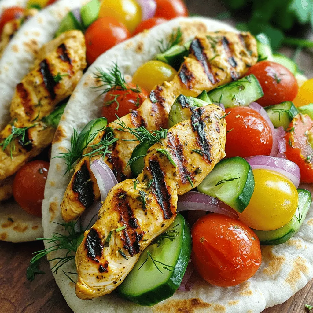 - 2 boneless, skinless chicken breasts - 2 tablespoons olive oil - 2 teaspoons dried oregano - 1 teaspoon garlic powder - 1 teaspoon paprika - Salt and freshly ground black pepper to taste - 4 whole grain pita breads - 1 cup cherry tomatoes, halved - 1 small cucumber, diced - 1 small red onion, thinly sliced - Fresh parsley, chopped, for garnish - 1 cup Greek yogurt - 1 clove garlic, minced - 1 tablespoon fresh dill, chopped - 1 tablespoon lemon juice - 1/2 cucumber, grated and well-drained - Salt to taste For serving size, this recipe makes four gyros. Each gyro uses one pita. If you want more, just double the ingredients. If you need fewer gyros, cut the amounts in half. Make sure to keep the same ratio for the spice mix to keep the flavor right. This way, you can enjoy a great meal, no matter how many guests you have. To start, mix the marinade. In a bowl, whisk together these ingredients: - 2 tablespoons olive oil - 2 teaspoons dried oregano - 1 teaspoon garlic powder - 1 teaspoon paprika - Salt and freshly ground black pepper to taste Add the chicken breasts and coat them well. For the best flavor, let the chicken marinate. I suggest at least 30 minutes, but 2 hours is even better. This helps the chicken soak up all those tasty flavors. While the chicken marinates, let’s make the tzatziki. In a bowl, combine: - 1 cup Greek yogurt - 1 clove garlic, minced - 1 tablespoon fresh dill, chopped - 1 tablespoon lemon juice - 1/2 cucumber, grated and well-drained - Salt to taste Mix everything well. Cover the bowl and chill it in the fridge. This waiting time allows the flavors to blend nicely. For an extra kick, try adding more dill or garlic to taste. Now, it’s time to cook the chicken. Preheat your grill or skillet over medium-high heat. Once hot, add the marinated chicken breasts. Grill or pan-cook them for about 6-7 minutes per side. The chicken should turn golden brown and reach an internal temperature of 165°F (75°C). After cooking, let the chicken rest on a plate for a few minutes. This makes it juicier when you slice it. While the chicken rests, warm your pita bread. You can do this on the grill or in a dry skillet. Heat the pita for about 1-2 minutes on each side. You want them soft and slightly toasted. This makes them easier to wrap around the fillings. Now comes the fun part: assembling the gyros! On each warm pita, layer: - Sliced chicken - Halved cherry tomatoes - Diced cucumber - Thinly sliced red onion Drizzle a generous amount of tzatziki sauce on top. This adds freshness and creaminess. Finally, sprinkle some fresh chopped parsley over the filled pitas. Wrap the pita around the filling, and it’s ready to eat. Enjoy your Mediterranean Chicken Gyros with Tzatziki Delight! For a full recipe, check out the [Full Recipe]. To get the best taste, adjust the seasonings to fit your style. If you love garlic, add more garlic powder. Enjoy a bit of heat? A pinch of cayenne pepper adds a nice kick. Taste your marinade before adding the chicken. This way, you can make changes as needed. For a richer flavor, marinate the chicken for two hours or more. This allows the spices to soak in deeply. Serve your gyros with fresh sides. A Greek salad pairs well with the savory chicken. Roasted vegetables add color and nutrition. For presentation, stack the gyros on a large platter. Add colorful sides around them. This makes your meal look appealing and festive. Use fresh herbs like parsley to garnish the dish for a nice touch. Watch out for overcooking the chicken. Cooking it too long makes it dry. Aim for a golden brown on each side. Use a meat thermometer to check if it’s done. The inside should reach 165°F (75°C). Also, don’t skip the resting period. Let the chicken sit for a few minutes after cooking. This keeps the juices locked in and makes each bite tender. {{image_4}} You can use different proteins for gyros. Pork, beef, or tofu work well. Each option brings its own flavor. When cooking pork or beef, aim for medium doneness. This keeps the meat juicy. For tofu, press it to remove moisture. Marinate it like chicken for great taste. To make gyros vegetarian, swap chicken for grilled vegetables. Zucchini, bell peppers, and mushrooms are tasty choices. You can also try a vegan tzatziki. Use cashew yogurt or coconut yogurt as a base. Blend it with garlic, lemon, and grated cucumber. This keeps the fresh taste of tzatziki. Add spices to change up the flavor. Consider cumin, coriander, or smoked paprika. Fresh herbs like mint or basil also add a nice touch. You can also mix in different vegetables. Consider adding roasted red peppers or artichokes. They give a unique twist to each bite. For even more ideas, check out the Full Recipe for Mediterranean Chicken Gyros with Tzatziki Delight! To keep your gyros fresh, place leftovers in an airtight container. Store them in the refrigerator. Gyros stay good for about three days. Tzatziki sauce also lasts for three days when stored correctly in the fridge. Make sure to seal it tightly to avoid drying out. To freeze gyros, separate the chicken, veggies, and pita. This helps keep each component fresh. Place them in freezer bags or containers. They can last up to three months in the freezer. When you want to eat them, thaw the chicken in the fridge overnight. Reheat it on the stove or grill until hot. Warm the pita bread in a skillet for a few minutes. To save time, prepare ingredients ahead of time. Marinate the chicken and make the tzatziki sauce the day before. Chop the veggies and store them in the fridge. When you’re ready to eat, just assemble the gyros. This way, you can enjoy a fresh meal in minutes. To make tzatziki, you need simple ingredients. Start with these: - 1 cup Greek yogurt - 1 clove garlic, minced - 1 tablespoon fresh dill, chopped - 1 tablespoon lemon juice - 1/2 cucumber, grated and drained - Salt to taste Mix all these ingredients in a bowl. Stir until smooth. Chill it in the fridge for at least 30 minutes. This helps the flavors blend well. Yes, you can use store-bought tzatziki. It saves time and may taste good. However, homemade tzatziki is fresher and can be tailored to your taste. Store-bought may have preservatives and less flavor. Try both to see what you prefer. Serve gyros on a large platter. Stack the gyros high for a fun look. Add colorful sides like Greek salad or roasted veggies. This makes the meal more inviting. You can also use parchment paper for easy grabbing. Marinate chicken for at least 30 minutes. For deeper flavors, let it sit for up to 2 hours. This time allows the spices to soak into the meat. Don't exceed 2 hours, as it can make the chicken too salty. Yes, you can use alternatives. Try lettuce wraps for a low-carb option. Tortillas or flatbreads also work well. You can even serve the chicken and toppings over rice or salad. Get creative with how you enjoy your gyros! Great sides include: - Greek salad - Roasted vegetables - Hummus and pita chips - Rice pilaf These sides complement the flavors of the gyros. They add variety and color to your meal, making it even more enjoyable. You learned how to make delicious gyros from start to finish. We covered key ingredients, from chicken to tzatziki. You also found tips for marinating, cooking, and assembling your dish. Remember to avoid common mistakes, like overcooking the chicken. Explore variations, such as using different proteins or creating vegan options. With these steps, you can serve tasty gyros that impress everyone. Enjoy your cooking and share these flavors with friends!