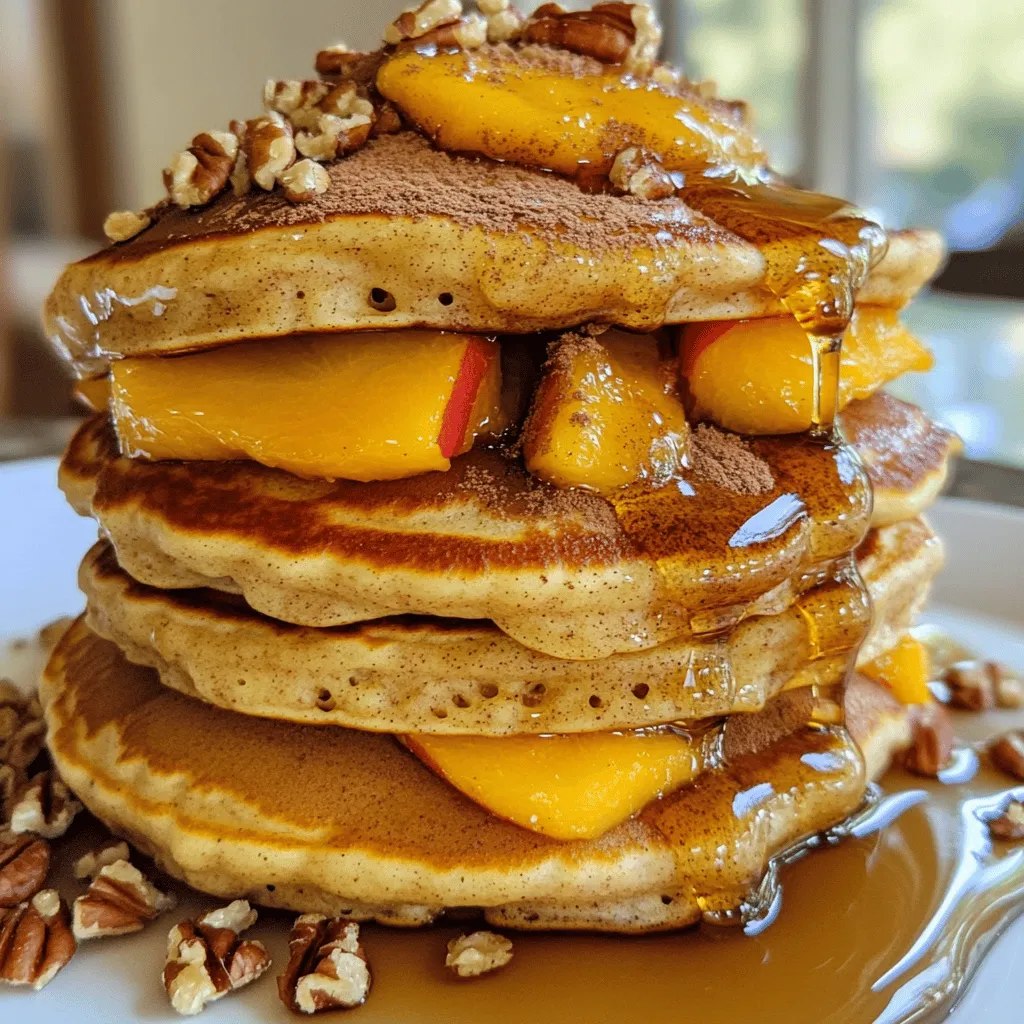 To make delicious peach cobbler pancakes, gather these items: - 1 cup all-purpose flour - 2 tablespoons granulated sugar - 1 tablespoon baking powder - 1/2 teaspoon salt - 1 cup whole milk - 1 large egg, at room temperature - 2 tablespoons unsalted butter, melted - 1 teaspoon pure vanilla extract - 1 cup fresh peaches, peeled and diced (or drain and use canned peaches) - 1 teaspoon ground cinnamon - 1/2 cup chopped pecans (optional for a crunchy texture) - Maple syrup, for drizzling Sometimes, you may need swaps for ingredients. Here are some easy ideas: - For all-purpose flour, use whole wheat flour or almond flour. - Swap granulated sugar with brown sugar or coconut sugar. - If you need a dairy-free option, use almond milk or oat milk. - Replace whole milk with yogurt for a thicker batter. Fresh peaches offer bright flavor and texture. They bring juiciness to the pancakes. They are perfect when in season. Canned peaches, though easy, may have added sugar. Make sure to drain them well. If you use canned peaches, choose those packed in juice or water. Both options work, but fresh peaches can elevate your dish. Start by gathering your dry ingredients. You will need: - 1 cup all-purpose flour - 2 tablespoons granulated sugar - 1 tablespoon baking powder - 1/2 teaspoon salt In a large bowl, whisk these ingredients together. This step is key. It helps mix the baking powder evenly. An even mix helps the pancakes rise well. Next, move on to the wet ingredients. You will need: - 1 cup whole milk - 1 large egg, at room temperature - 2 tablespoons unsalted butter, melted - 1 teaspoon pure vanilla extract In another bowl, combine these wet ingredients. Whisk them until creamy. This ensures a smooth batter. Creamy batter leads to fluffy pancakes. Now, it’s time to cook the pancakes. Preheat your skillet over medium heat. Lightly grease it with cooking spray or butter. Use a measuring cup to pour 1/4 cup of batter onto the skillet. Cook for about 2-3 minutes. Look for bubbles on the surface. This shows it’s ready to flip. Flip the pancake and cook for another 2-3 minutes. You want them golden brown. Repeat this with the rest of the batter. If you want to check if they’re done, poke the center. If it springs back, they are ready. Serve your pancakes warm. Drizzle with maple syrup for a tasty finish. For more details, check the Full Recipe. To make fluffy pancakes, avoid over-mixing the batter. When you combine the wet and dry ingredients, stir just until blended. A few lumps are okay. This helps keep the pancakes light. Also, let the batter rest for a few minutes. This gives the baking powder time to activate and adds air to the mix. If you have leftover pancakes, let them cool first. Then, stack them with parchment paper in between. Place them in an airtight container. They can last in the fridge for up to three days. For longer storage, freeze them. Just wrap each pancake in plastic wrap and put them in a freezer bag. You can enjoy them later! Maple syrup is a classic choice for pancakes. It adds natural sweetness. You can also try honey or agave for a different flavor. For toppings, fresh peach slices work great. Add a sprinkle of cinnamon for warmth. If you like crunch, pecans or walnuts are a nice touch. Whipped cream can turn your pancakes into a dessert treat! For the full recipe, check out the complete guide. {{image_4}} You can change up the fruit in your peach cobbler pancakes. Try using seasonal fruits like blueberries, strawberries, or even apples. When blueberries are in season, add a cup to your batter. This adds a nice pop of color and flavor. Using apples? Just peel, core, and dice them. They will soften as they cook and add a great taste. If you want a vegan version, swap the egg for a flax egg. Mix 1 tablespoon of ground flaxseed with 2.5 tablespoons of water. Let it sit until it thickens. Use almond milk or oat milk instead of whole milk. For gluten-free pancakes, use a gluten-free flour blend. Make sure it has a good binding agent for the best texture. Adding different spices can make your pancakes unique. Try nutmeg or ginger for a warm flavor. You can also mix in vanilla or almond extract for a twist. Consider adding a bit of lemon zest for freshness. These small changes can give your pancakes a new life. Don’t be afraid to experiment and find your favorite mix! For the full recipe, check out the detailed steps above. To keep your peach cobbler pancakes fresh, store them in an airtight container. Place a piece of parchment paper between pancakes to prevent sticking. This small step helps maintain their fluffy texture. Refrigerate the container if you plan to eat them within three days. If you want to keep them longer, freezing is a great option. For freezing, let the pancakes cool completely. Stack them with parchment paper in between. Then, wrap the stack tightly in plastic wrap. Place the wrapped pancakes in a freezer bag. This way, they stay fresh for up to three months. Make sure to label the bag with the date. To reheat pancakes, use either a microwave or a skillet. For the microwave, place one pancake on a plate and cover it with a damp paper towel. Heat for about 30 seconds. If you prefer a skillet, heat a small amount of butter over medium heat. Cook each pancake for about one minute on each side. This gives them a nice, warm texture. Enjoy your pancakes with maple syrup or fresh fruit! For the complete recipe, check out the Full Recipe section. Peach cobbler pancakes taste sweet and fruity. The fresh peaches add a juicy burst. The cinnamon gives a warm spice that feels cozy. The pancakes are fluffy, and the maple syrup adds a rich sweetness. Overall, they melt in your mouth and brighten your morning. Yes, you can make peach cobbler pancakes ahead. You can cook the pancakes and let them cool. Store them in an airtight container in the fridge. Reheat them on a skillet or microwave when ready to eat. This makes breakfast quick and easy! This recipe has some common allergens. It contains flour, milk, and eggs. For gluten-free needs, you can use a gluten-free flour blend. For dairy-free, use almond milk and a plant-based egg substitute. Always check labels to avoid hidden allergens. In this blog post, we explored all you need to make delicious peach cobbler pancakes. We discussed key ingredients, cooking tips, and creative variations. You learned how to make fluffy pancakes, store leftovers, and even heat them for a perfect breakfast. These pancakes are easy to adapt for any diet, delicious, and fun. Whether fresh or canned, peaches shine in this dish. With these tips, you can enjoy a warm stack any day. Start cooking and make your mornings brighter!
