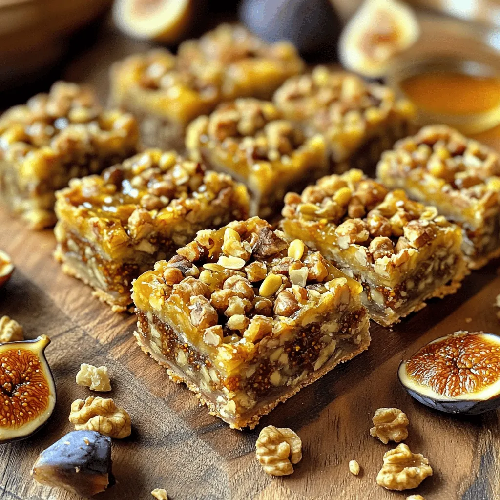 To make these delicious Fig and Walnut Bars, gather the following items: - 1 cup dried figs, finely chopped - 1 cup walnuts, coarsely chopped - 1 cup rolled oats - 1/2 cup almond butter - 1/4 cup honey or maple syrup - 1 teaspoon pure vanilla extract - 1/2 teaspoon ground cinnamon - 1/4 teaspoon sea salt - 1/4 cup mixed seeds (like pumpkin or sunflower) for extra crunch These ingredients not only taste great but also boost your health. Here are some benefits: - Dried figs are rich in fiber. They help digestion and keep you full. - Walnuts contain omega-3 fatty acids. These are good for heart health. - Rolled oats provide energy. They lower cholesterol and keep blood sugar stable. - Almond butter is high in protein and healthy fats. It supports muscle health. - Honey or maple syrup adds natural sweetness, plus antioxidants. - Cinnamon can help lower blood sugar levels and fight inflammation. - Mixed seeds add crunch and are full of vitamins and minerals. Each ingredient works together to make these bars not only tasty but also a smart choice for snacks. Need to make swaps? Here are some ideas: - Use peanut butter instead of almond butter if you prefer. - Swap maple syrup for agave nectar if you're looking for a vegan option. - Choose gluten-free oats to make these bars gluten-free. - Replace nuts with seeds if you're allergic to nuts. Use sunflower seeds instead. These alternatives ensure everyone can enjoy Fig and Walnut Bars. For the full recipe, check out the detailed instructions provided. To make Fig and Walnut Bars, start with simple steps. First, preheat your oven to 350°F (175°C). This helps the bars bake evenly. Next, line an 8x8-inch baking dish with parchment paper. This makes it easier to lift the bars out later. In a big bowl, mix 1 cup of finely chopped dried figs with 1 cup of coarsely chopped walnuts. Stir them well so they blend nicely. In another bowl, combine 1 cup of rolled oats, 1/2 cup of almond butter, 1/4 cup of honey (or maple syrup), 1 teaspoon of pure vanilla extract, 1/2 teaspoon of ground cinnamon, and 1/4 teaspoon of sea salt. This mixture should be creamy and smooth. Now, pour the oat mixture over the fig and walnut mix. Use a spatula to stir gently until everything is well coated. Finally, fold in 1/4 cup of mixed seeds for added crunch. Transfer this mixture to your prepared baking dish. Spread it out evenly and press it down firmly. This helps the bars hold together when they bake. When baking, timing is crucial. Bake your bars for about 20-25 minutes. Check them when the edges turn golden brown. This color shows they are ready. Every oven is different, so keep an eye on them. If they look too soft in the middle, give them a few more minutes. After baking, remove the dish from the oven. Let the bars cool completely in the dish. This cooling time is key. It allows the bars to firm up, making them easier to cut. Once the bars are cool, lift them out using the parchment paper. Place them on a cutting board. Use a sharp knife to cut them into bars of your chosen size. To store your bars, place them in an airtight container. Keep them in a cool, dry place. They will stay fresh for about a week. For longer storage, you can freeze them. Just wrap each bar in plastic wrap, then place them in a freezer bag. This way, you have a healthy snack ready whenever you want! For the full recipe, check the section above. Enjoy making your delicious Fig and Walnut Bars! To make great fig and walnut bars, use fresh ingredients. Choose ripe, sweet figs. Their flavor adds depth. Chop them finely for better texture. This helps the bars stay together. Also, use high-quality walnuts. Toast them lightly for a richer taste. This simple step enhances their nutty flavor. Make sure to mix your wet and dry ingredients well. This ensures every bite bursts with flavor. When pressing the mixture into the pan, be firm. A compact layer holds the bars together. A common mistake is overbaking the bars. Keep an eye on them. You want golden edges, not burnt ones. Another mistake is not letting the bars cool completely. This makes them crumbly when cut. Also, avoid skipping the sea salt. It balances the sweetness and enhances flavor. Lastly, do not rush the mixing process. Take your time to combine everything well. Serve your fig and walnut bars as a snack. They pair well with a cup of tea or coffee. You can also enjoy them with yogurt. For a fun twist, top them with fresh fruit or honey. Cut the bars into bite-sized pieces for easy sharing. These bars are perfect for lunchboxes or picnics. If you like, drizzle a little extra almond butter on top. This adds a creamy touch. For the full recipe, check the complete guide. {{image_4}} You can easily change the taste of your Fig and Walnut Bars. Try adding dried fruits like apricots or cranberries. They give a sweet and tangy kick. You can also use nuts like pecans or almonds instead of walnuts. This gives a different crunch and flavor. For a fun twist, add some dark chocolate chips. They melt in the oven and add a rich taste. To make these bars vegan, swap honey with maple syrup. This keeps the sweetness while staying plant-based. For a gluten-free version, use gluten-free oats. Make sure to check the labels. They help keep the bars safe for those with gluten issues. You can also use nut butters like cashew or sunflower seed butter for variety. Want to boost the flavor? Add spices like nutmeg or ginger. They bring warmth and depth. A splash of orange or lemon zest brightens the bars, giving a fresh taste. You can also try adding extracts like almond or coconut. Just a drop can change the whole vibe of your bars. These small changes keep your snacks fun and exciting. For more detailed steps, check the Full Recipe. To keep your Fig and Walnut Bars fresh, store them in an airtight container. This will help maintain their chewy texture and flavor. You can keep them at room temperature for a few days. If you want them to last longer, the fridge is a great option. Just make sure to wrap them well before placing them in the fridge. If stored properly, these bars can last up to a week at room temperature. In the fridge, they can stay fresh for about two weeks. This makes them a perfect snack to prepare in advance. You can enjoy a healthy treat throughout the week. For longer storage, you can freeze your bars. Wrap each bar in plastic wrap and place them in a freezer bag. They can last up to three months in the freezer. When you're ready to eat, just take one out and let it thaw. It’s that easy! Enjoy your Fig and Walnut Bars anytime with this simple storage method. Check out the Full Recipe for more details on making them. You will know when your Fig and Walnut Bars are done baking by checking the edges. They should turn a lovely golden brown. This usually happens between 20 to 25 minutes. A toothpick inserted in the center should come out clean. If it has wet batter, keep baking for a few more minutes. Don’t worry if the center looks soft; it will firm up as it cools. Yes, you can use fresh figs, but it changes the recipe a bit. Fresh figs have more moisture than dried ones. You may need to adjust the other ingredients to account for this. Consider reducing the amount of almond butter or oats. This will help keep the bars from being too wet. Dried figs provide a concentrated sweetness that fresh figs do not. You can find pre-made Fig and Walnut Bars at many grocery stores. Look in the health food or snack aisle. Some online retailers also sell them. Check brands that focus on healthy snacks. They often have a variety of options that are easy to grab. If you want to support local businesses, try farmers' markets or specialty food shops. In this article, we explored how to make delicious fig and walnut bars. We covered the key ingredients and their health benefits. You learned effective baking steps and how to store your bars. We shared tips to avoid mistakes and suggested fun variations to try. Homemade fig and walnut bars can be healthy and tasty. With practice, you can master these treats. Enjoy creating and sharing them!