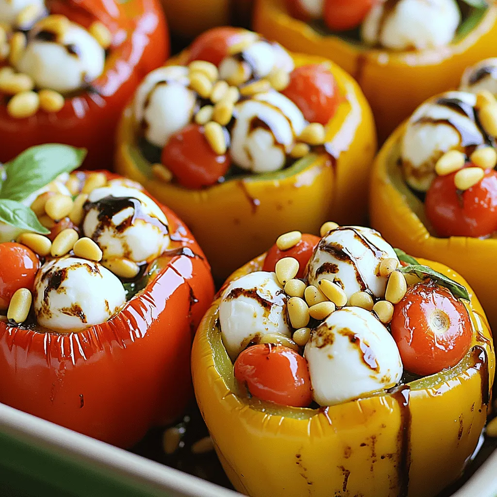 When making Caprese stuffed peppers, fresh and vibrant ingredients play a key role. Here’s what you need: - Bell Peppers: Choose 4 large bell peppers. You can use red, yellow, green, or orange. Each color adds a unique taste and visual charm. - Vegetables and Cheese: For the filling, you need 1 cup of cherry tomatoes, halved. Add 1 cup of fresh mozzarella balls, also known as bocconcini. If the mozzarella is large, cut them in half. - Herbs and Seasonings: Fresh basil is a must! Use 1/2 cup of roughly chopped basil. You can also add 2 tablespoons of balsamic vinegar for depth. Drizzle in 2 tablespoons of extra virgin olive oil. Season with sea salt and black pepper to taste. If you like herbs, toss in 1 teaspoon of dried oregano or Italian seasoning. To finish, use 1/4 cup of toasted pine nuts for extra crunch. These ingredients mix well, creating a colorful and hearty dish. For the full recipe, click here. 1. Preheating the Oven Start by preheating your oven to 375°F (190°C). This step gets the oven ready while you prep the peppers. 2. Preparing the Bell Peppers Take your large bell peppers and cut off the tops. Set the tops aside. Remove the seeds and membranes inside. Make sure the peppers are hollow. Place them upright in a baking dish, so they stay stable. 3. Make the Caprese Filling In a big mixing bowl, combine halved cherry tomatoes, mozzarella balls, and chopped basil. Add balsamic vinegar and olive oil. Season with sea salt and black pepper. If you want, sprinkle in dried oregano or Italian seasoning. Gently mix everything until well combined. 1. Stuffing the Peppers Now, scoop the Caprese filling into each hollowed-out bell pepper. Pack the mixture slightly to fill them well. 2. Baking Process: Cover and Uncover Cover the baking dish with aluminum foil. This keeps moisture inside. Put it in the preheated oven and bake for 25 minutes. This step softens the peppers. After 25 minutes, carefully remove the foil. Spread toasted pine nuts on top of each stuffed pepper. Return the dish to the oven, uncovered, and bake for another 10 minutes. This creates a nice char and melts the cheese. 1. Plating Options Once done, use oven mitts to take the dish out of the oven. Let the peppers cool for a few minutes. Serve them warm for the best taste. 2. Additional Drizzle Ideas For extra flavor, drizzle more balsamic glaze on top before serving. This adds a sweet touch that complements the dish. You can find the full recipe for these delicious Caprese stuffed peppers to make your cooking experience even easier. How to Choose Fresh Ingredients When you pick bell peppers, look for shiny skin. The peppers should feel firm and heavy. Choose colors that catch your eye, like red or yellow. They often taste sweeter than green ones. For the best tomatoes, go for bright and plump cherry tomatoes. Fresh mozzarella should be smooth and soft. If it smells fresh, it is fresh! Ensuring Peppers Stay Upright To keep your peppers upright, cut a thin slice off the bottom. This helps them balance in the baking dish. Make sure you don’t cut too deep; you want to keep the peppers hollow. Placing them tightly together in the dish also helps them stand tall while baking. Using Aged Balsamic Vinegar Aged balsamic vinegar adds a rich, sweet flavor to your dish. It has a thicker texture and deeper taste than regular balsamic. Drizzle it over your filling for the best results. This simple step makes a big difference. Adding Extra Herbs or Spices You can make your Caprese stuffed peppers even better! Adding dried oregano or Italian seasoning boosts flavor. Fresh herbs, like thyme or parsley, can add nice notes too. Don’t be afraid to experiment with spices that you enjoy. They can transform the dish into something special. {{image_4}} You can easily change the cheese in your Caprese stuffed peppers. Feta cheese adds a tangy flavor. Cheddar gives a sharp taste that many love. Both options work well with the other ingredients. Feel free to add more veggies too. Spinach or zucchini can add freshness. Chopped olives can bring a salty kick. Experiment with what you like best! You can make vegan Caprese stuffed peppers. Swap mozzarella for a plant-based cheese. Use cashew cream for a rich, creamy texture. This keeps the dish tasty and vegan-friendly. If you're gluten-free, this recipe is already safe! All the ingredients are naturally gluten-free. Enjoy your meal without worry. To keep your Caprese stuffed peppers fresh, store them in an airtight container. Place parchment paper between layers if stacking. This helps them stay moist. Refrigerate them right after they cool down. How long do they last? In the fridge, they stay good for about 3 to 4 days. After that, the peppers might lose their crunch. If you want to keep them longer, consider freezing. When it's time to eat the leftovers, reheat them gently. The best method is to use the oven. Preheat it to 350°F (175°C). Place the peppers on a baking sheet and cover with foil. This keeps them moist while warming. To maintain texture, avoid microwaving them. Microwaving can make the peppers soggy. If you must use the microwave, heat them for short bursts and check often. Enjoy your delicious Caprese stuffed peppers warm. For the full recipe, check the section above! Can I Make Caprese Stuffed Peppers Ahead of Time? Yes, you can prepare Caprese stuffed peppers ahead of time. Stuff the peppers and store them in an airtight container. They can stay fresh in the fridge for up to two days. When ready to cook, just bake them as usual. This saves time on busy days. What Are the Nutritional Values? Caprese stuffed peppers are healthy and tasty. Each serving has about 250 calories. They are rich in vitamins A and C, thanks to the bell peppers and tomatoes. The mozzarella adds protein and calcium. These peppers fit a balanced diet well. How Can I Add Protein? You can add protein easily. Cooked chicken or turkey works great. For a vegetarian option, try chickpeas or lentils. Mix them into the filling with the mozzarella. This adds texture and keeps you full longer. Pairing Suggestions Caprese stuffed peppers pair well with a fresh salad. A simple arugula salad with lemon dressing works great. You might also enjoy some crusty bread on the side. This adds a nice crunch and complements the dish. Ideal Sides for Caprese Stuffed Peppers For sides, roasted vegetables are fantastic. Try zucchini or asparagus. You can also serve a light pasta dish. A garlic and olive oil spaghetti is a delightful choice. This keeps the meal light and fresh. You can find the full recipe in the article for more details. This guide covered everything you need for Caprese stuffed peppers. You learned how to choose fresh ingredients, prepare the filling, and bake to perfection. Adding your favorite herbs can boost flavor. Remember to try swaps for dietary needs, like vegan options or different cheeses. Store leftovers properly to enjoy later. This dish is versatile, so get creative when serving it. Follow these steps, and you’ll impress everyone with a delicious meal. Happy cooking!