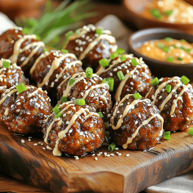 To make tasty Korean BBQ meatballs, gather these main ingredients: - 1 pound ground beef (or ground turkey for a leaner option) - 1/2 cup panko breadcrumbs for added crunch - 1/4 cup green onions, finely chopped - 2 cloves garlic, minced for fragrance - 1 tablespoon ginger, freshly grated for a zesty kick - 1/4 cup soy sauce for depth of flavor - 1 tablespoon sesame oil for a nutty aroma - 1 tablespoon brown sugar to balance the savory notes - 1 large egg, beaten to bind the ingredients - Salt and pepper to taste for seasoning - 1 teaspoon sesame seeds (for garnish) The spicy mayo adds a great kick to the meatballs. For this sauce, you will need: - 1/2 cup mayonnaise - 1 tablespoon sriracha (adjust to your preferred spiciness) - 1 teaspoon lime juice to brighten the flavors Feel free to customize your dish! Here are some optional garnishes and add-ins: - Additional green onions for garnish - Extra sesame seeds for crunch - A sprinkle of chopped cilantro for freshness These ingredients help create a delightful balance of flavor. Check the Full Recipe for detailed steps! To start, gather all your ingredients. You need ground beef or turkey, panko breadcrumbs, green onions, garlic, ginger, soy sauce, sesame oil, brown sugar, an egg, salt, and pepper. In a large bowl, mix the ground meat, breadcrumbs, chopped green onions, minced garlic, grated ginger, soy sauce, sesame oil, brown sugar, and the beaten egg. Use your hands to mix until it feels sticky. This mix binds well when cooked. Now, with wet hands, form the mixture into small balls, about one inch wide. Place these meatballs on a lined baking sheet. Make sure to space them out. This helps them cook evenly. Next, preheat your oven to 400°F (200°C). Once it's hot, put the baking sheet inside. Bake the meatballs for 15 to 20 minutes. They should be golden brown and fully cooked. If you use beef, check for an internal temperature of 160°F. For turkey, it should be 165°F. This ensures they are safe to eat and tasty. While the meatballs are baking, it's time to prepare the spicy mayo. In a small bowl, combine half a cup of mayonnaise, one tablespoon of sriracha, and one teaspoon of lime juice. Mix it all together until smooth. You can adjust the heat by adding more sriracha if you like it spicier. This sauce adds a great kick to your meatballs. Once the meatballs are cooked, let them cool for a few minutes. Serve them warm and drizzle the spicy mayo over the top. Garnish with sesame seeds and more green onions if you want. Enjoy this delicious dish that brings Korean flavors to your table! For the full recipe, refer to the earlier section. To make the best meatballs, mix the ingredients well. Use your hands for this. The meatball mix should feel sticky. This helps them hold together. If they are too dry, add a splash of soy sauce. For a softer bite, use ground turkey instead of beef. This keeps the meatballs moist. Bake the meatballs at 400°F (200°C). This gives you a nice brown crust. Check them after 15 minutes. If they need more time, bake for 5 more minutes. The meatballs are done when they reach the right temperature. For beef, that’s 160°F. For turkey, it’s 165°F. Use a meat thermometer for best results. These Korean BBQ meatballs are great with rice or noodles. You can also serve them in lettuce wraps. Add some fresh veggies for crunch. Try a side of kimchi for spice. Drizzle extra spicy mayo on top for more flavor. You can find the full recipe to impress your guests. {{image_4}} You can swap ground beef for other meats. Ground turkey or chicken works well. These options are leaner and still tasty. Try pork for a richer flavor. Each choice brings its own unique taste. Just keep the same seasonings and steps from the Full Recipe. For a vegan twist, use lentils or chickpeas. Mash them well and mix with breadcrumbs. You can also try plant-based meat alternatives. For keto, use ground turkey and almond flour instead of breadcrumbs. These swaps keep the flavor while fitting your diet needs. Spicy mayo adds a great kick. You can change it up by using different sauces. Try a tangy hoisin sauce for sweetness. Or mix soy sauce with honey for a glaze. If you prefer less heat, use plain mayo and add a dash of vinegar. This variety adds fun to your meals! To keep your Korean BBQ meatballs fresh, store them in an airtight container. Let them cool to room temperature before sealing. Place a paper towel at the bottom of the container to absorb excess moisture. This helps maintain their texture. Refrigerate the meatballs for up to three days. When stored well, they will stay flavorful and delicious. When you're ready to enjoy leftovers, reheating is key. Preheat your oven to 350°F (175°C). Place the meatballs on a baking sheet. Heat them for about 10-15 minutes. This method keeps them juicy and soft. You can also reheat them in the microwave. Just cover the bowl with a paper towel to trap steam. Heat in 30-second intervals until warm. For longer storage, freezing is a great option. After cooking, let the meatballs cool completely. Arrange them in a single layer on a baking sheet, then freeze until firm. Once frozen, transfer them to a freezer bag. Remove as much air as possible to prevent freezer burn. They will keep well for up to three months. Thaw in the fridge overnight before reheating. For the full recipe, you can refer back to the original section. You can easily change the spice level in your meatballs. If you like it mild, reduce the sriracha in the spicy mayo. You can also add less ginger and garlic. For more heat, add extra sriracha to the mayo. You can even mix in some red pepper flakes into the meatball mix. Taste a small piece of the raw mix before cooking to find your perfect balance. This way, you control the heat just how you like it! Yes, you can switch out the spicy mayo for other sauces. A sweet soy glaze works well. You might also try a simple teriyaki sauce for a different flavor. If you want something tangy, try a hoisin sauce. Each sauce gives the meatballs a unique twist. Experiment with different sauces to find your favorite combo. The meatballs are versatile and pair well with many flavors! Korean BBQ meatballs pair great with many sides. Here are some tasty options: - Steamed rice for a hearty base. - A fresh cucumber salad for a crunchy bite. - Kimchi for a tangy kick. - Stir-fried vegetables for added color and health. - Noodles tossed in sesame oil for a filling side. These sides enhance the meal and make it more fun to eat. Enjoy and mix and match to find your perfect plate! Korean BBQ meatballs are a tasty dish anyone can try. We covered the main ingredients, like ground meat and spices, and how to make a spicy mayo. I shared tips for great texture and serving ideas too. You can even switch up the recipes to fit your needs. Remember, store your leftovers well for the best taste later. Enjoy cooking these meatballs, and don't be afraid to get creative!