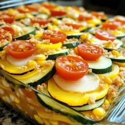 - 3 medium yellow summer squashes - 3 medium zucchinis - 1 medium onion - 1 cup cherry tomatoes - 1 cup corn kernels - 1 cup cheddar cheese, shredded - 1 cup whole wheat breadcrumbs - 2 cloves garlic - 1 teaspoon dried oregano - 1 teaspoon dried basil - ½ teaspoon salt - ¼ teaspoon black pepper - 2 tablespoons olive oil - 1 tablespoon balsamic vinegar In this summer squash casserole, fresh produce plays a key role. The yellow summer squashes and zucchinis bring a light, crisp flavor that shines through. I like to slice the squashes thinly to ensure even cooking. You can also use a mandoline for this task. The medium onion adds sweetness, which balances the dish. Cherry tomatoes and corn kernels bring bursts of color and sweetness. They make the casserole more inviting and flavorful. Next comes the cheese and breadcrumbs. I love using cheddar cheese for its rich taste. It melts beautifully and adds a creamy texture. Whole wheat breadcrumbs give a nice crunch on top. They soak up some of the juices from the veggies, creating a tasty topping. Finally, seasonings and oils like garlic, oregano, and basil make this dish pop. They add depth and warmth. Olive oil gives a nice richness and helps cook the veggies evenly. Balsamic vinegar adds a hint of tang that rounds out the flavors. This combination of ingredients makes the casserole not only delicious but also healthy. For the full recipe, check out the details in the main article. First, preheat your oven to 375°F (190°C). This step ensures even cooking. While the oven heats up, slice and dice your fresh ingredients. You need three medium yellow summer squashes and three medium zucchinis. Cut them into thin rounds. Next, finely dice one medium onion to add depth to the flavor. In a large skillet, heat two tablespoons of olive oil over medium heat. Once the oil is hot, add the diced onion and minced garlic. Sauté them until the onion looks clear, which should take about three to four minutes. Then, add your sliced summer squash and zucchini. Stir gently for about five to seven minutes. You want the vegetables to soften slightly but not lose their shape. Now, it's time to add the fun part! Stir in one cup of corn kernels and one cup of halved cherry tomatoes. Season this mix with one teaspoon of dried oregano, one teaspoon of dried basil, half a teaspoon of salt, and a quarter teaspoon of black pepper. Let this cook for another two to three minutes. This helps the flavors blend perfectly. Grab a baking dish and layer half of the vegetable mix at the bottom. On top of that, sprinkle half of one cup of shredded cheddar cheese evenly. Repeat this with the remaining vegetable mix and the rest of the cheese. In a small bowl, mix one cup of whole wheat breadcrumbs with one tablespoon of balsamic vinegar. Sprinkle this breadcrumb mix over the top layer of cheese. Cover the baking dish tightly with aluminum foil. Place it in the preheated oven and bake for 25 minutes. After that, carefully remove the foil and bake again for another 10 to 15 minutes. The casserole should be golden brown on top. Once done, take it out of the oven and let it cool for a few minutes before serving. Enjoy your healthy summer squash casserole! For the full recipe, check out the details above. Using fresh seasonal vegetables is key. They taste better and have more nutrients. I love selecting bright, firm squashes and ripe tomatoes. This makes a big difference in flavor. Layering techniques matter too. Start with half the vegetable mix in your baking dish. Then, add half of the cheese. Repeat this process. This way, every bite is full of goodness. For squash, the ideal sauté time is about 5-7 minutes. This softens the veggies without losing crunch. Stir gently so they cook evenly. To ensure crispy breadcrumbs, mix them well with balsamic vinegar. This helps them brown nicely in the oven. Sprinkle them on top just before baking. When serving, I like to use the baking dish. It looks rustic and inviting. You can scoop individual servings onto plates too. Garnish with fresh basil leaves for a bright touch. For side dishes, consider a light salad or some crusty bread. Both complement the casserole well. Explore options that balance flavors and add variety. {{image_4}} You can change the cheese in this dish for different tastes. Try mozzarella for creaminess or feta for a tangy kick. If you want a dairy-free option, use vegan cheese. This way, you can enjoy the casserole while sticking to your diet. Instead of regular breadcrumbs, you can use gluten-free ones. This swap makes the dish friendly for those with gluten sensitivities. You can also crush gluten-free crackers or use ground almonds for a nice crunch. For a vegan version, skip the cheese and use plant-based alternatives. You can also replace the butter with olive oil or a vegan butter. This makes the casserole just as rich and tasty. If you want a low-carb meal, try using cauliflower instead of squash. Cauliflower has a similar texture but fewer carbs. You can also skip the breadcrumbs to cut down on carbs even more. Adding spices can give your casserole a zestier flavor. Try a pinch of cayenne for heat or a sprinkle of smoked paprika for depth. These spices can really elevate the dish. You can also mix in proteins like diced chicken or canned beans. This adds heartiness and makes it more filling. Plus, it turns the dish into a complete meal. For the full recipe, check out the Wholesome Summer Squash Delight. To store leftovers, let the casserole cool first. Place it in an airtight container. This keeps the flavors fresh. You can store it in the fridge for up to 4 days. If you plan to eat it later, refrigerate as soon as possible. You can freeze the casserole for long-term storage. Cut it into portions and wrap each piece well. Use freezer-safe containers or heavy-duty foil. It lasts about 2-3 months in the freezer. When you're ready to eat, thaw it in the fridge overnight. Reheat it in the oven at 350°F (175°C) until hot. For meal prep, portion the casserole into single servings. This makes it easy to grab for lunch or dinner. Combine it with salads or proteins like grilled chicken. You can make a week’s worth of meals in one go! Yes, you can prepare this casserole ahead of time. Simply follow these steps: - Prep the ingredients: Slice the summer squash, zucchini, and onion. - Cook the mixture: Sauté the onion and garlic, then add the squash and zucchini. - Layer the casserole: Place the vegetable mix and cheese in the baking dish. - Cover and chill: Wrap it tightly with foil and store it in the fridge. When ready to bake, heat the oven to 375°F (190°C) and bake for about 30-35 minutes. Summer squash and zucchini are closely related but not the same. They share a mild flavor and soft skin. Here are their main points: - Shape: Zucchini is usually a dark green color and can be straight or curved. Summer squash is yellow and tends to be rounder. - Taste: Both have a similar mild taste that works in many dishes. - Uses: You can use them interchangeably in recipes, including this casserole. Yes, you can easily swap out cheddar cheese. Here are some options: - Mozzarella: It melts well and has a mild taste. - Parmesan: This adds a sharp flavor and nice crust. - Dairy-free cheese: Use brands like Daiya or follow your favorite recipe for homemade options. This casserole pairs well with many sides. Here are some ideas: - Grilled chicken: Adds protein and flavor. - Quinoa salad: A light and fresh option. - Steamed broccoli: Complements the casserole well. Watch for these signs to tell if your casserole is ready: - Golden brown top: The breadcrumb topping should be crispy and golden. - Bubbling edges: Look for bubbles around the sides of the dish. - Tender veggies: Check if the squash and zucchini are soft when pierced with a fork. For the full recipe, check out the details above! This blog post shared a delicious summer squash casserole recipe packed with fresh ingredients. I highlighted key steps from prepping the veggies to baking. Flavorful hints and storage tips were also provided to keep leftovers fresh. You can modify this dish with different cheeses or even make it vegan. Make this casserole your own, and enjoy healthy meals made easy. I hope you try it soon for a tasty addition to your menu!