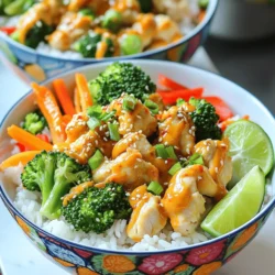 To make a Bang Bang Chicken Bowl, gather these main ingredients: - 2 cups cooked rice (white or brown, your choice) - 1 lb (450g) chicken breast, diced into bite-sized pieces - 1 cup broccoli florets, fresh or frozen - 1 red bell pepper, sliced into strips - 1 medium carrot, julienned - 2 green onions, chopped, for garnish - 1 tablespoon vegetable oil - Salt and pepper to taste These ingredients create a balanced bowl filled with flavor. The chicken provides protein, while the veggies add color and nutrients. You can adjust the quantities based on your needs. Now, let’s focus on the sauce that ties everything together. Here’s what you need for the Bang Bang Sauce: - 1/4 cup mayonnaise - 2 tablespoons sweet chili sauce - 1 tablespoon sriracha sauce (adjust according to your heat preference) - 1 teaspoon garlic powder - 1 teaspoon fresh lime juice This sauce brings a sweet and spicy kick. The mayo gives it a creamy texture, while the lime juice adds a nice zing. You can also enhance your Bang Bang Chicken Bowl with a few optional garnishes: - Chopped cilantro for freshness - Sesame seeds for crunch - A lime wedge for extra zest If you want to switch things up, consider these substitutions: - Use tofu or shrimp instead of chicken for a different protein. - Swap in bell peppers or snap peas for the broccoli. Feel free to customize your bowl to your liking! For the step-by-step instructions, check the Full Recipe. To make the sauce, grab a small bowl. Add 1/4 cup of mayonnaise. Then, pour in 2 tablespoons of sweet chili sauce. Next, add 1 tablespoon of sriracha sauce. You can change the amount of sriracha based on how spicy you like it. Mix in 1 teaspoon of garlic powder and 1 teaspoon of fresh lime juice. Whisk everything together until it is smooth. Set the sauce aside so the flavors can blend. Now, let’s cook the chicken. Heat 1 tablespoon of vegetable oil in a large skillet over medium-high heat. While the oil heats, season 1 pound of diced chicken breast with salt and pepper. Once the oil is hot, add the chicken. Cook it for about 6 to 8 minutes. Stir the chicken often. You want it to be fully cooked and golden-brown. When the chicken is done, it’s time for the veggies. Add 1 cup of broccoli florets, 1 sliced red bell pepper, and 1 julienned carrot to the skillet. Stir-fry these colorful vegetables with the chicken for about 4 to 5 minutes. You want the veggies to be tender but still crisp and bright. After cooking, take the skillet off the heat. Drizzle half of the Bang Bang sauce over the chicken and vegetables. Toss everything gently to coat well. Next, take 2 cups of cooked rice and divide it into four bowls. Spoon the chicken and vegetable mix on top of the rice in each bowl. To finish, drizzle the remaining Bang Bang sauce over each bowl. This adds flavor and looks great. Sprinkle chopped green onions on top for a fresh crunch and a pop of color. For a fun touch, serve with a lime wedge on the side. Enjoy your beautiful Bang Bang Chicken Bowl! To make the best Bang Bang sauce, mix the ingredients well. Start with 1/4 cup mayonnaise. Add 2 tablespoons of sweet chili sauce for a sweet touch. Then, add 1 tablespoon of sriracha sauce for heat. Adjust the amount based on your spice level. Mix in 1 teaspoon of garlic powder for flavor and finish with 1 teaspoon of fresh lime juice to brighten the taste. Let it sit for a few minutes. This will help the flavors blend. For perfect chicken, use a large skillet. Heat 1 tablespoon of vegetable oil over medium-high heat. Cut 1 pound of chicken breast into bite-sized pieces. Season the chicken with salt and pepper. Cook for 6-8 minutes, stirring often. Look for a golden-brown color and ensure it is cooked through. This will keep the chicken juicy and flavorful. When adding veggies, keep them colorful and crisp. After the chicken is done, add 1 cup of broccoli florets, 1 sliced red bell pepper, and 1 julienned carrot. Stir-fry for 4-5 minutes. This short cooking time keeps the veggies tender-crisp. Bright colors make the dish appealing and full of nutrients. To make your Bang Bang Chicken Bowls look great, use colorful dishes. Start with 2 cups of cooked rice in each bowl. Top with the chicken and veggie mix. Drizzle the remaining Bang Bang sauce on top. Garnish with chopped green onions for a fresh crunch. Add a lime wedge on the side for extra zest. A sprinkle of sesame seeds can add flair and texture. For the full recipe, refer back to the beginning. {{image_4}} You can swap chicken for other proteins. Tofu works great. It soaks up flavors well. Use firm tofu for the best results. Just press it first to remove excess water. Then, dice and cook it like chicken. Shrimp is another tasty choice. Use peeled, deveined shrimp and cook it for about 3-4 minutes. Both options add unique flavors to your Bang Bang Bowl. Feel free to mix up the veggies. Snow peas or snap peas add crunch. Bell peppers in different colors brighten the dish. Zucchini offers a soft texture. You can even add mushrooms for an earthy taste. Just chop them and stir-fry until tender. The more colorful your bowl, the more fun it is to eat! Adjust the heat to your liking. If you want mild, skip the sriracha. You can use less or more as needed. For a spicy kick, add fresh chili slices or chili flakes. Mix in a bit of ginger for added warmth. Taste as you go and find the right level for you. Your Bang Bang Chicken Bowl should be just how you like it. For the complete experience, check out the Full Recipe for the perfect balance of flavors! You can store your Bang Bang Chicken Bowl in an airtight container. Make sure to let it cool first. Place it in the fridge. It will last for three to four days. If you have leftover sauce, keep it in a separate container. This helps keep the rice and veggies fresh. To reheat, use the microwave or stovetop. If using the microwave, place the bowl in for two to three minutes. Stir halfway through to ensure even heating. On the stovetop, add a splash of water to the pan and heat over low for about five minutes. This keeps everything moist and tasty. You can freeze the Bang Bang Chicken Bowl if you want to save it for later. Use a freezer-safe container for best results. It can last for up to three months. When ready to eat, thaw it in the fridge overnight. Then, reheat it as described above. Bang Bang Chicken Bowl is a fun and tasty dish. It features tender chicken, colorful veggies, and a creamy sauce. You serve it over rice for a filling meal. This dish is great for lunch or dinner. The mix of flavors makes it a crowd-pleaser. You can find the full recipe at the end. To make this dish healthier, consider these tips: - Use brown rice instead of white rice. - Choose skinless chicken breast for less fat. - Add more vegetables like spinach or snap peas. - Use Greek yogurt instead of mayonnaise in the sauce. - Cut back on the sweet chili sauce to lower sugar. These swaps keep the flavor while boosting nutrition. Yes, you can switch up the sauce! Try these options: - Teriyaki sauce for a sweet and savory taste. - Peanut sauce for a nutty flavor. - A spicy barbecue sauce for a smoky kick. Use what you like best or what you have at home. Bang Bang Chicken Bowl pairs well with many sides. Here are a few ideas: - A simple green salad for freshness. - Steamed edamame for extra protein. - A side of pickled vegetables for tang. - Crusty bread for dipping in the sauce. These sides balance the meal and add variety. In this article, we explored how to make a Bang Bang Chicken Bowl. We covered key ingredients, creating the sauce, cooking chicken, and stir-frying vegetables. I shared tips to perfect each step and suggested fun variations. Remember, you can store any leftovers for later. Enjoy experimenting with this recipe, and don’t hesitate to customize it to your taste. Making your Bang Bang Chicken Bowl can be simple and fun! Dive in and enjoy your cooking adventure!